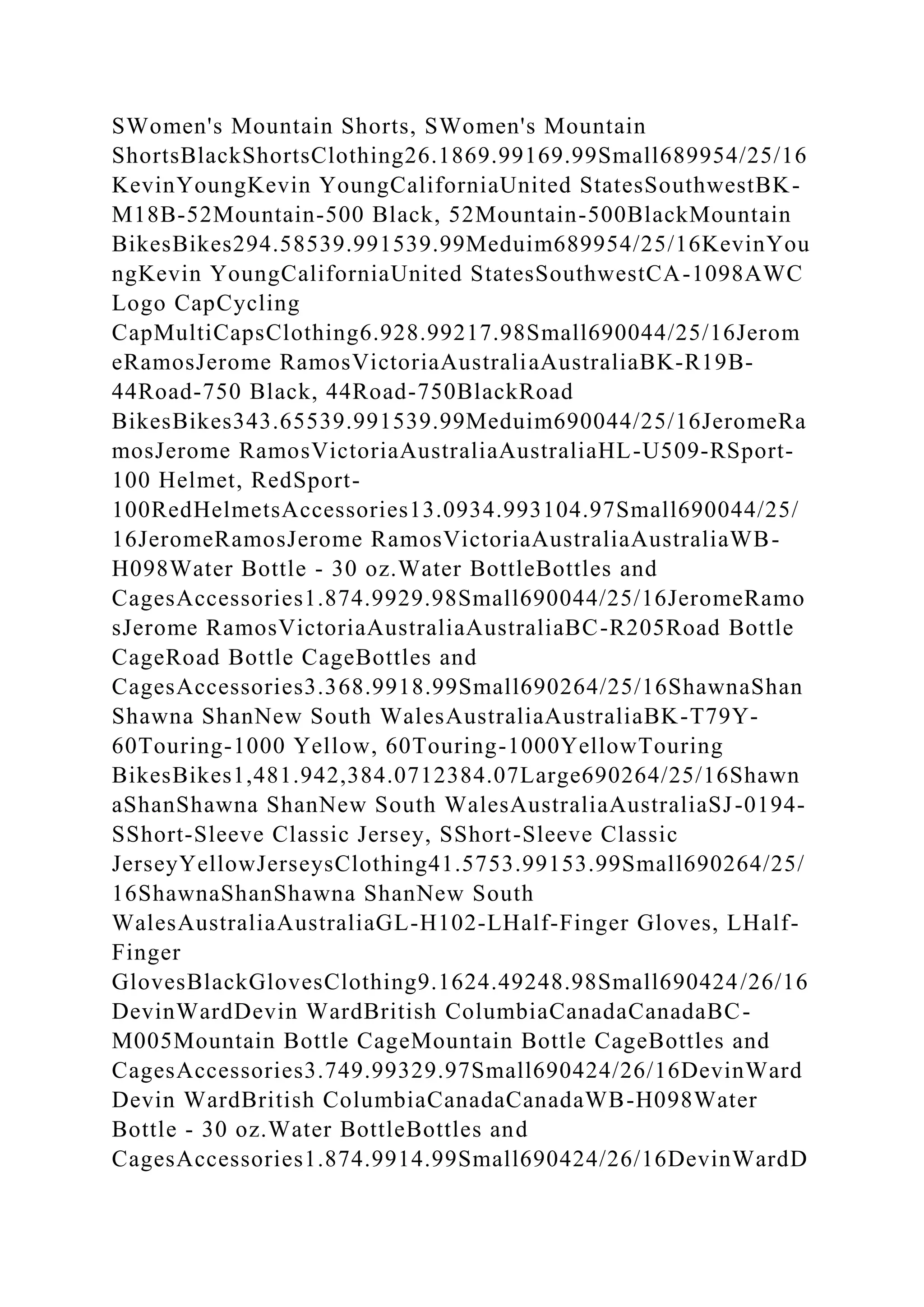 SWomen's Mountain Shorts, SWomen's Mountain
ShortsBlackShortsClothing26.1869.99169.99Small689954/25/16
KevinYoungKevin YoungCaliforniaUnited StatesSouthwestBK-
M18B-52Mountain-500 Black, 52Mountain-500BlackMountain
BikesBikes294.58539.991539.99Meduim689954/25/16KevinYou
ngKevin YoungCaliforniaUnited StatesSouthwestCA-1098AWC
Logo CapCycling
CapMultiCapsClothing6.928.99217.98Small690044/25/16Jerom
eRamosJerome RamosVictoriaAustraliaAustraliaBK-R19B-
44Road-750 Black, 44Road-750BlackRoad
BikesBikes343.65539.991539.99Meduim690044/25/16JeromeRa
mosJerome RamosVictoriaAustraliaAustraliaHL-U509-RSport-
100 Helmet, RedSport-
100RedHelmetsAccessories13.0934.993104.97Small690044/25/
16JeromeRamosJerome RamosVictoriaAustraliaAustraliaWB-
H098Water Bottle - 30 oz.Water BottleBottles and
CagesAccessories1.874.9929.98Small690044/25/16JeromeRamo
sJerome RamosVictoriaAustraliaAustraliaBC-R205Road Bottle
CageRoad Bottle CageBottles and
CagesAccessories3.368.9918.99Small690264/25/16ShawnaShan
Shawna ShanNew South WalesAustraliaAustraliaBK-T79Y-
60Touring-1000 Yellow, 60Touring-1000YellowTouring
BikesBikes1,481.942,384.0712384.07Large690264/25/16Shawn
aShanShawna ShanNew South WalesAustraliaAustraliaSJ-0194-
SShort-Sleeve Classic Jersey, SShort-Sleeve Classic
JerseyYellowJerseysClothing41.5753.99153.99Small690264/25/
16ShawnaShanShawna ShanNew South
WalesAustraliaAustraliaGL-H102-LHalf-Finger Gloves, LHalf-
Finger
GlovesBlackGlovesClothing9.1624.49248.98Small690424/26/16
DevinWardDevin WardBritish ColumbiaCanadaCanadaBC-
M005Mountain Bottle CageMountain Bottle CageBottles and
CagesAccessories3.749.99329.97Small690424/26/16DevinWard
Devin WardBritish ColumbiaCanadaCanadaWB-H098Water
Bottle - 30 oz.Water BottleBottles and
CagesAccessories1.874.9914.99Small690424/26/16DevinWardD
 