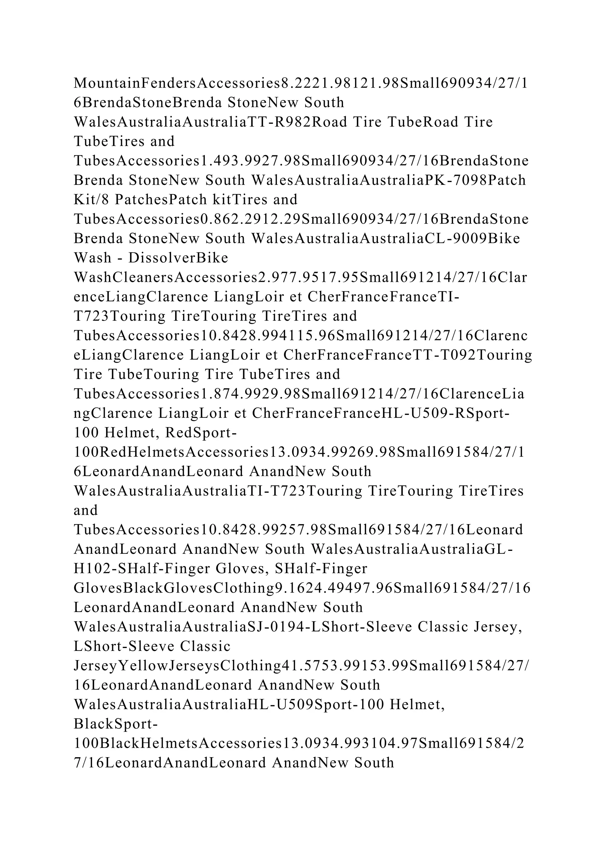 MountainFendersAccessories8.2221.98121.98Small690934/27/1
6BrendaStoneBrenda StoneNew South
WalesAustraliaAustraliaTT-R982Road Tire TubeRoad Tire
TubeTires and
TubesAccessories1.493.9927.98Small690934/27/16BrendaStone
Brenda StoneNew South WalesAustraliaAustraliaPK-7098Patch
Kit/8 PatchesPatch kitTires and
TubesAccessories0.862.2912.29Small690934/27/16BrendaStone
Brenda StoneNew South WalesAustraliaAustraliaCL-9009Bike
Wash - DissolverBike
WashCleanersAccessories2.977.9517.95Small691214/27/16Clar
enceLiangClarence LiangLoir et CherFranceFranceTI-
T723Touring TireTouring TireTires and
TubesAccessories10.8428.994115.96Small691214/27/16Clarenc
eLiangClarence LiangLoir et CherFranceFranceTT-T092Touring
Tire TubeTouring Tire TubeTires and
TubesAccessories1.874.9929.98Small691214/27/16ClarenceLia
ngClarence LiangLoir et CherFranceFranceHL-U509-RSport-
100 Helmet, RedSport-
100RedHelmetsAccessories13.0934.99269.98Small691584/27/1
6LeonardAnandLeonard AnandNew South
WalesAustraliaAustraliaTI-T723Touring TireTouring TireTires
and
TubesAccessories10.8428.99257.98Small691584/27/16Leonard
AnandLeonard AnandNew South WalesAustraliaAustraliaGL-
H102-SHalf-Finger Gloves, SHalf-Finger
GlovesBlackGlovesClothing9.1624.49497.96Small691584/27/16
LeonardAnandLeonard AnandNew South
WalesAustraliaAustraliaSJ-0194-LShort-Sleeve Classic Jersey,
LShort-Sleeve Classic
JerseyYellowJerseysClothing41.5753.99153.99Small691584/27/
16LeonardAnandLeonard AnandNew South
WalesAustraliaAustraliaHL-U509Sport-100 Helmet,
BlackSport-
100BlackHelmetsAccessories13.0934.993104.97Small691584/2
7/16LeonardAnandLeonard AnandNew South
 