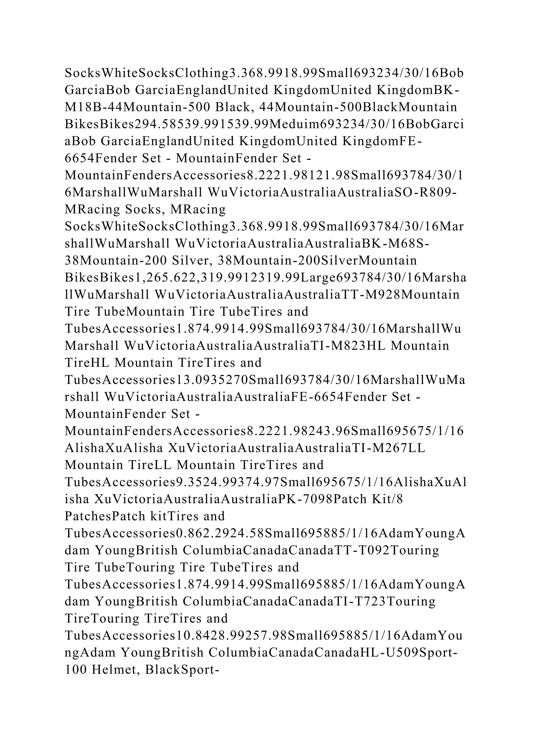 SocksWhiteSocksClothing3.368.9918.99Small693234/30/16Bob
GarciaBob GarciaEnglandUnited KingdomUnited KingdomBK-
M18B-44Mountain-500 Black, 44Mountain-500BlackMountain
BikesBikes294.58539.991539.99Meduim693234/30/16BobGarci
aBob GarciaEnglandUnited KingdomUnited KingdomFE-
6654Fender Set - MountainFender Set -
MountainFendersAccessories8.2221.98121.98Small693784/30/1
6MarshallWuMarshall WuVictoriaAustraliaAustraliaSO-R809-
MRacing Socks, MRacing
SocksWhiteSocksClothing3.368.9918.99Small693784/30/16Mar
shallWuMarshall WuVictoriaAustraliaAustraliaBK-M68S-
38Mountain-200 Silver, 38Mountain-200SilverMountain
BikesBikes1,265.622,319.9912319.99Large693784/30/16Marsha
llWuMarshall WuVictoriaAustraliaAustraliaTT-M928Mountain
Tire TubeMountain Tire TubeTires and
TubesAccessories1.874.9914.99Small693784/30/16MarshallWu
Marshall WuVictoriaAustraliaAustraliaTI-M823HL Mountain
TireHL Mountain TireTires and
TubesAccessories13.0935270Small693784/30/16MarshallWuMa
rshall WuVictoriaAustraliaAustraliaFE-6654Fender Set -
MountainFender Set -
MountainFendersAccessories8.2221.98243.96Small695675/1/16
AlishaXuAlisha XuVictoriaAustraliaAustraliaTI-M267LL
Mountain TireLL Mountain TireTires and
TubesAccessories9.3524.99374.97Small695675/1/16AlishaXuAl
isha XuVictoriaAustraliaAustraliaPK-7098Patch Kit/8
PatchesPatch kitTires and
TubesAccessories0.862.2924.58Small695885/1/16AdamYoungA
dam YoungBritish ColumbiaCanadaCanadaTT-T092Touring
Tire TubeTouring Tire TubeTires and
TubesAccessories1.874.9914.99Small695885/1/16AdamYoungA
dam YoungBritish ColumbiaCanadaCanadaTI-T723Touring
TireTouring TireTires and
TubesAccessories10.8428.99257.98Small695885/1/16AdamYou
ngAdam YoungBritish ColumbiaCanadaCanadaHL-U509Sport-
100 Helmet, BlackSport-
 