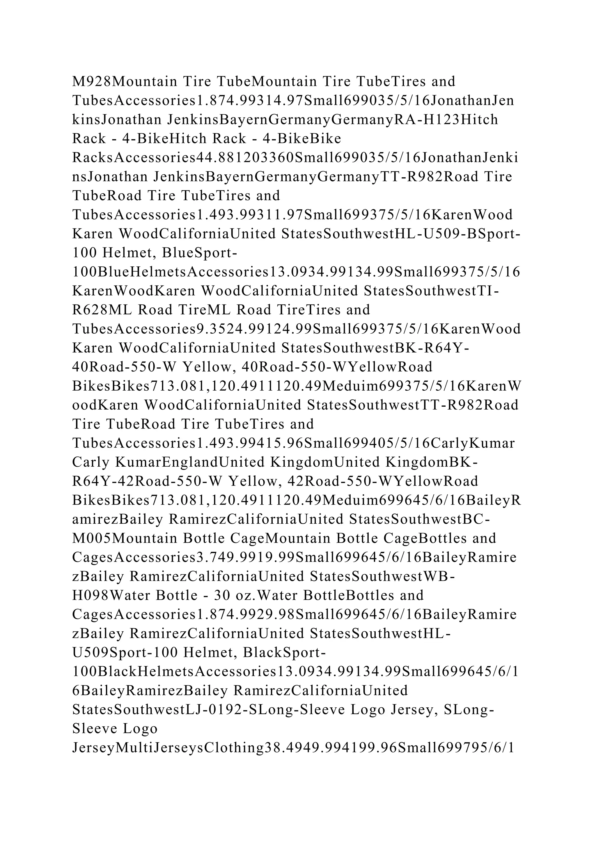 M928Mountain Tire TubeMountain Tire TubeTires and
TubesAccessories1.874.99314.97Small699035/5/16JonathanJen
kinsJonathan JenkinsBayernGermanyGermanyRA-H123Hitch
Rack - 4-BikeHitch Rack - 4-BikeBike
RacksAccessories44.881203360Small699035/5/16JonathanJenki
nsJonathan JenkinsBayernGermanyGermanyTT-R982Road Tire
TubeRoad Tire TubeTires and
TubesAccessories1.493.99311.97Small699375/5/16KarenWood
Karen WoodCaliforniaUnited StatesSouthwestHL-U509-BSport-
100 Helmet, BlueSport-
100BlueHelmetsAccessories13.0934.99134.99Small699375/5/16
KarenWoodKaren WoodCaliforniaUnited StatesSouthwestTI-
R628ML Road TireML Road TireTires and
TubesAccessories9.3524.99124.99Small699375/5/16KarenWood
Karen WoodCaliforniaUnited StatesSouthwestBK-R64Y-
40Road-550-W Yellow, 40Road-550-WYellowRoad
BikesBikes713.081,120.4911120.49Meduim699375/5/16KarenW
oodKaren WoodCaliforniaUnited StatesSouthwestTT-R982Road
Tire TubeRoad Tire TubeTires and
TubesAccessories1.493.99415.96Small699405/5/16CarlyKumar
Carly KumarEnglandUnited KingdomUnited KingdomBK-
R64Y-42Road-550-W Yellow, 42Road-550-WYellowRoad
BikesBikes713.081,120.4911120.49Meduim699645/6/16BaileyR
amirezBailey RamirezCaliforniaUnited StatesSouthwestBC-
M005Mountain Bottle CageMountain Bottle CageBottles and
CagesAccessories3.749.9919.99Small699645/6/16BaileyRamire
zBailey RamirezCaliforniaUnited StatesSouthwestWB-
H098Water Bottle - 30 oz.Water BottleBottles and
CagesAccessories1.874.9929.98Small699645/6/16BaileyRamire
zBailey RamirezCaliforniaUnited StatesSouthwestHL-
U509Sport-100 Helmet, BlackSport-
100BlackHelmetsAccessories13.0934.99134.99Small699645/6/1
6BaileyRamirezBailey RamirezCaliforniaUnited
StatesSouthwestLJ-0192-SLong-Sleeve Logo Jersey, SLong-
Sleeve Logo
JerseyMultiJerseysClothing38.4949.994199.96Small699795/6/1
 