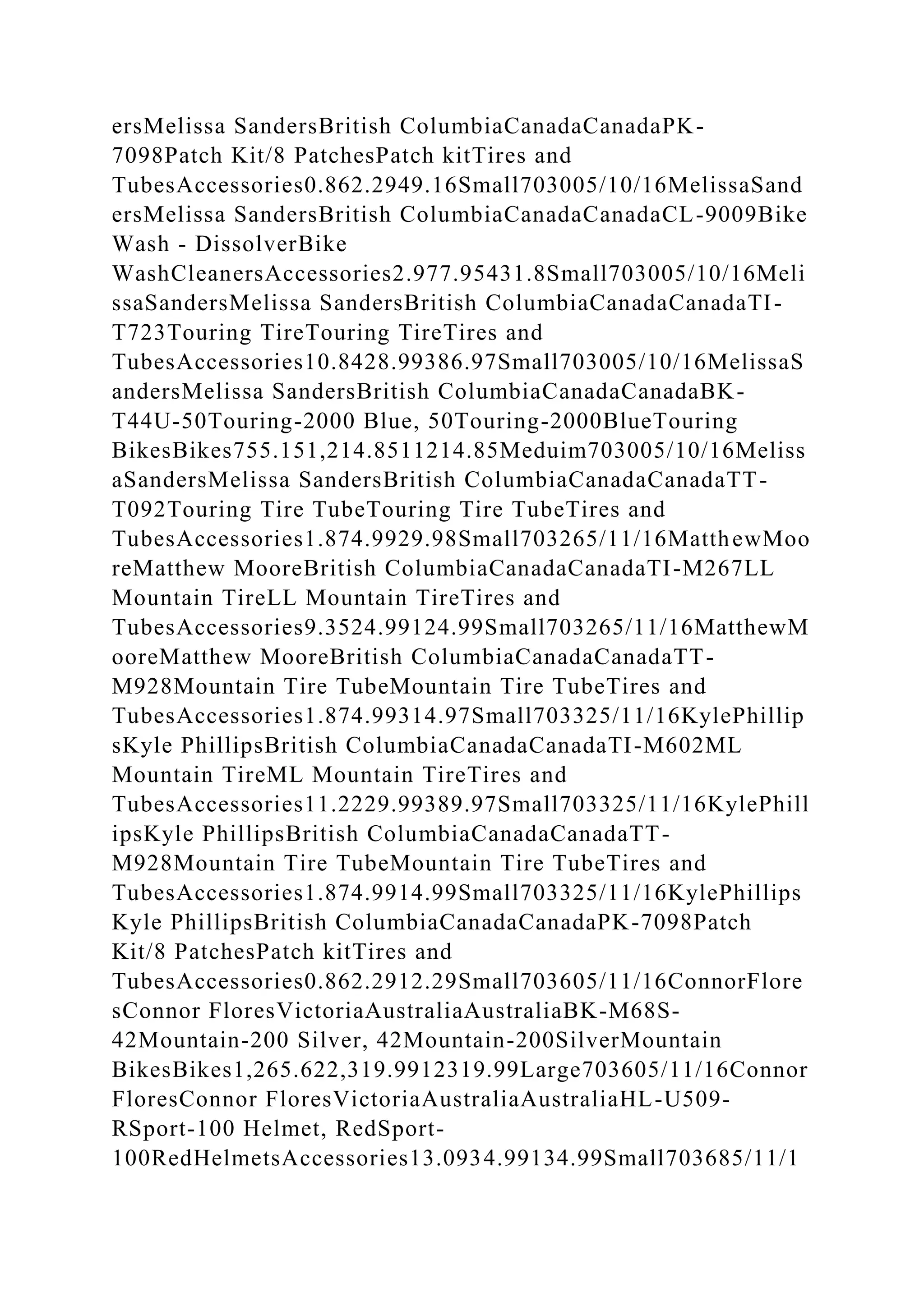 ersMelissa SandersBritish ColumbiaCanadaCanadaPK-
7098Patch Kit/8 PatchesPatch kitTires and
TubesAccessories0.862.2949.16Small703005/10/16MelissaSand
ersMelissa SandersBritish ColumbiaCanadaCanadaCL-9009Bike
Wash - DissolverBike
WashCleanersAccessories2.977.95431.8Small703005/10/16Meli
ssaSandersMelissa SandersBritish ColumbiaCanadaCanadaTI-
T723Touring TireTouring TireTires and
TubesAccessories10.8428.99386.97Small703005/10/16MelissaS
andersMelissa SandersBritish ColumbiaCanadaCanadaBK-
T44U-50Touring-2000 Blue, 50Touring-2000BlueTouring
BikesBikes755.151,214.8511214.85Meduim703005/10/16Meliss
aSandersMelissa SandersBritish ColumbiaCanadaCanadaTT-
T092Touring Tire TubeTouring Tire TubeTires and
TubesAccessories1.874.9929.98Small703265/11/16MatthewMoo
reMatthew MooreBritish ColumbiaCanadaCanadaTI-M267LL
Mountain TireLL Mountain TireTires and
TubesAccessories9.3524.99124.99Small703265/11/16MatthewM
ooreMatthew MooreBritish ColumbiaCanadaCanadaTT-
M928Mountain Tire TubeMountain Tire TubeTires and
TubesAccessories1.874.99314.97Small703325/11/16KylePhillip
sKyle PhillipsBritish ColumbiaCanadaCanadaTI-M602ML
Mountain TireML Mountain TireTires and
TubesAccessories11.2229.99389.97Small703325/11/16KylePhill
ipsKyle PhillipsBritish ColumbiaCanadaCanadaTT-
M928Mountain Tire TubeMountain Tire TubeTires and
TubesAccessories1.874.9914.99Small703325/11/16KylePhillips
Kyle PhillipsBritish ColumbiaCanadaCanadaPK-7098Patch
Kit/8 PatchesPatch kitTires and
TubesAccessories0.862.2912.29Small703605/11/16ConnorFlore
sConnor FloresVictoriaAustraliaAustraliaBK-M68S-
42Mountain-200 Silver, 42Mountain-200SilverMountain
BikesBikes1,265.622,319.9912319.99Large703605/11/16Connor
FloresConnor FloresVictoriaAustraliaAustraliaHL-U509-
RSport-100 Helmet, RedSport-
100RedHelmetsAccessories13.0934.99134.99Small703685/11/1
 