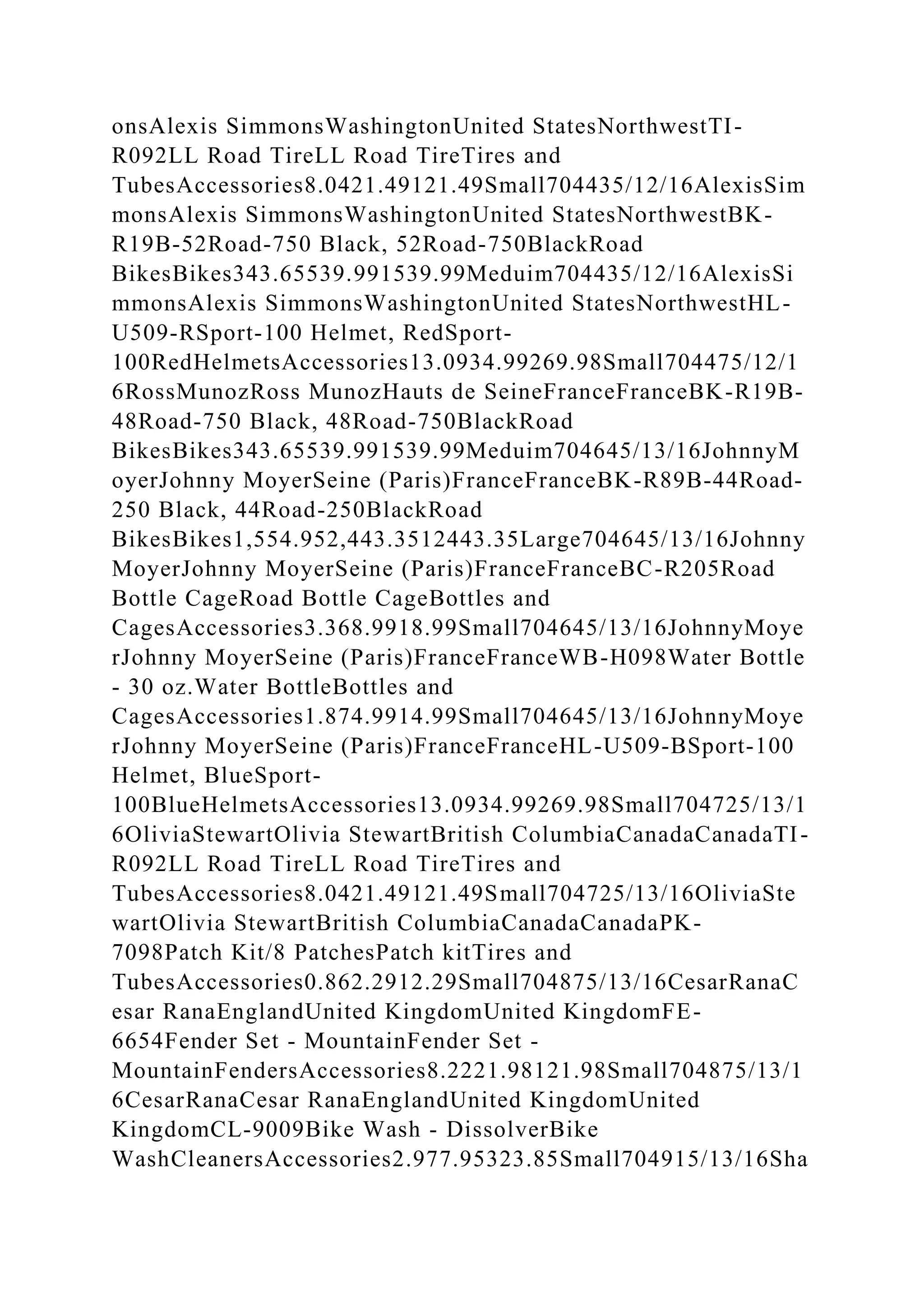 onsAlexis SimmonsWashingtonUnited StatesNorthwestTI-
R092LL Road TireLL Road TireTires and
TubesAccessories8.0421.49121.49Small704435/12/16AlexisSim
monsAlexis SimmonsWashingtonUnited StatesNorthwestBK-
R19B-52Road-750 Black, 52Road-750BlackRoad
BikesBikes343.65539.991539.99Meduim704435/12/16AlexisSi
mmonsAlexis SimmonsWashingtonUnited StatesNorthwestHL-
U509-RSport-100 Helmet, RedSport-
100RedHelmetsAccessories13.0934.99269.98Small704475/12/1
6RossMunozRoss MunozHauts de SeineFranceFranceBK-R19B-
48Road-750 Black, 48Road-750BlackRoad
BikesBikes343.65539.991539.99Meduim704645/13/16JohnnyM
oyerJohnny MoyerSeine (Paris)FranceFranceBK-R89B-44Road-
250 Black, 44Road-250BlackRoad
BikesBikes1,554.952,443.3512443.35Large704645/13/16Johnny
MoyerJohnny MoyerSeine (Paris)FranceFranceBC-R205Road
Bottle CageRoad Bottle CageBottles and
CagesAccessories3.368.9918.99Small704645/13/16JohnnyMoye
rJohnny MoyerSeine (Paris)FranceFranceWB-H098Water Bottle
- 30 oz.Water BottleBottles and
CagesAccessories1.874.9914.99Small704645/13/16JohnnyMoye
rJohnny MoyerSeine (Paris)FranceFranceHL-U509-BSport-100
Helmet, BlueSport-
100BlueHelmetsAccessories13.0934.99269.98Small704725/13/1
6OliviaStewartOlivia StewartBritish ColumbiaCanadaCanadaTI-
R092LL Road TireLL Road TireTires and
TubesAccessories8.0421.49121.49Small704725/13/16OliviaSte
wartOlivia StewartBritish ColumbiaCanadaCanadaPK-
7098Patch Kit/8 PatchesPatch kitTires and
TubesAccessories0.862.2912.29Small704875/13/16CesarRanaC
esar RanaEnglandUnited KingdomUnited KingdomFE-
6654Fender Set - MountainFender Set -
MountainFendersAccessories8.2221.98121.98Small704875/13/1
6CesarRanaCesar RanaEnglandUnited KingdomUnited
KingdomCL-9009Bike Wash - DissolverBike
WashCleanersAccessories2.977.95323.85Small704915/13/16Sha
 