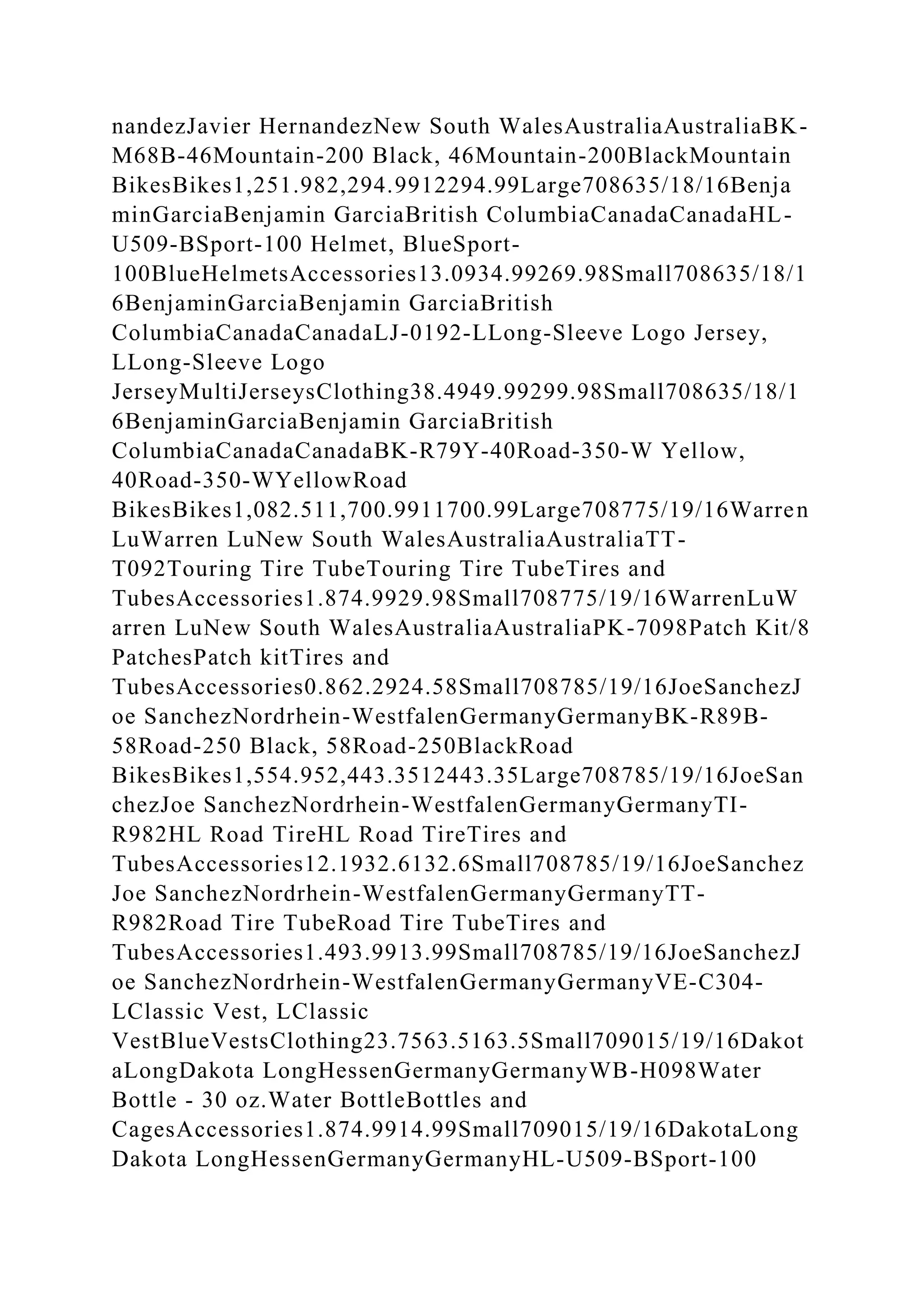 nandezJavier HernandezNew South WalesAustraliaAustraliaBK-
M68B-46Mountain-200 Black, 46Mountain-200BlackMountain
BikesBikes1,251.982,294.9912294.99Large708635/18/16Benja
minGarciaBenjamin GarciaBritish ColumbiaCanadaCanadaHL-
U509-BSport-100 Helmet, BlueSport-
100BlueHelmetsAccessories13.0934.99269.98Small708635/18/1
6BenjaminGarciaBenjamin GarciaBritish
ColumbiaCanadaCanadaLJ-0192-LLong-Sleeve Logo Jersey,
LLong-Sleeve Logo
JerseyMultiJerseysClothing38.4949.99299.98Small708635/18/1
6BenjaminGarciaBenjamin GarciaBritish
ColumbiaCanadaCanadaBK-R79Y-40Road-350-W Yellow,
40Road-350-WYellowRoad
BikesBikes1,082.511,700.9911700.99Large708775/19/16Warren
LuWarren LuNew South WalesAustraliaAustraliaTT-
T092Touring Tire TubeTouring Tire TubeTires and
TubesAccessories1.874.9929.98Small708775/19/16WarrenLuW
arren LuNew South WalesAustraliaAustraliaPK-7098Patch Kit/8
PatchesPatch kitTires and
TubesAccessories0.862.2924.58Small708785/19/16JoeSanchezJ
oe SanchezNordrhein-WestfalenGermanyGermanyBK-R89B-
58Road-250 Black, 58Road-250BlackRoad
BikesBikes1,554.952,443.3512443.35Large708785/19/16JoeSan
chezJoe SanchezNordrhein-WestfalenGermanyGermanyTI-
R982HL Road TireHL Road TireTires and
TubesAccessories12.1932.6132.6Small708785/19/16JoeSanchez
Joe SanchezNordrhein-WestfalenGermanyGermanyTT-
R982Road Tire TubeRoad Tire TubeTires and
TubesAccessories1.493.9913.99Small708785/19/16JoeSanchezJ
oe SanchezNordrhein-WestfalenGermanyGermanyVE-C304-
LClassic Vest, LClassic
VestBlueVestsClothing23.7563.5163.5Small709015/19/16Dakot
aLongDakota LongHessenGermanyGermanyWB-H098Water
Bottle - 30 oz.Water BottleBottles and
CagesAccessories1.874.9914.99Small709015/19/16DakotaLong
Dakota LongHessenGermanyGermanyHL-U509-BSport-100
 