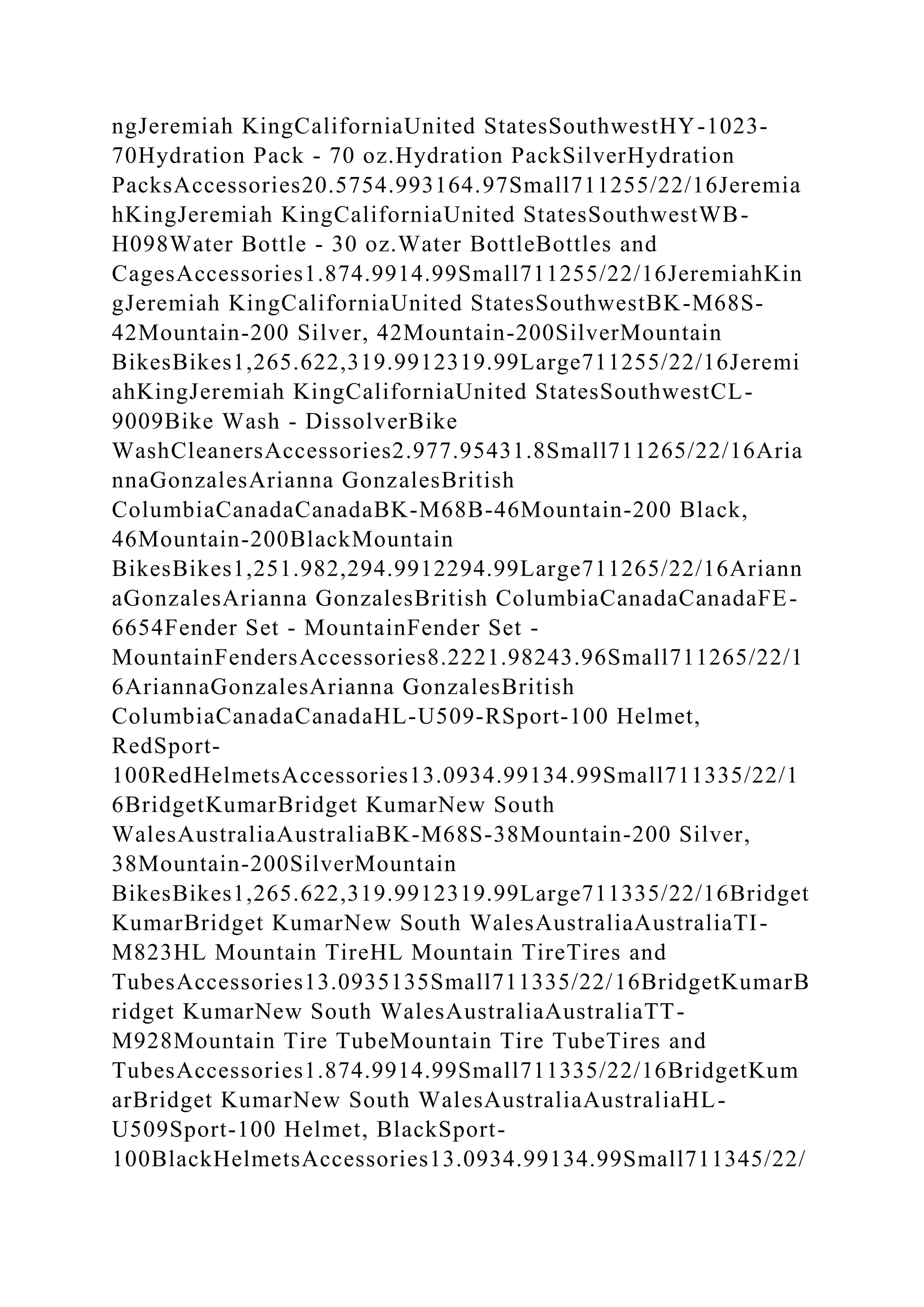 ngJeremiah KingCaliforniaUnited StatesSouthwestHY-1023-
70Hydration Pack - 70 oz.Hydration PackSilverHydration
PacksAccessories20.5754.993164.97Small711255/22/16Jeremia
hKingJeremiah KingCaliforniaUnited StatesSouthwestWB-
H098Water Bottle - 30 oz.Water BottleBottles and
CagesAccessories1.874.9914.99Small711255/22/16JeremiahKin
gJeremiah KingCaliforniaUnited StatesSouthwestBK-M68S-
42Mountain-200 Silver, 42Mountain-200SilverMountain
BikesBikes1,265.622,319.9912319.99Large711255/22/16Jeremi
ahKingJeremiah KingCaliforniaUnited StatesSouthwestCL-
9009Bike Wash - DissolverBike
WashCleanersAccessories2.977.95431.8Small711265/22/16Aria
nnaGonzalesArianna GonzalesBritish
ColumbiaCanadaCanadaBK-M68B-46Mountain-200 Black,
46Mountain-200BlackMountain
BikesBikes1,251.982,294.9912294.99Large711265/22/16Ariann
aGonzalesArianna GonzalesBritish ColumbiaCanadaCanadaFE-
6654Fender Set - MountainFender Set -
MountainFendersAccessories8.2221.98243.96Small711265/22/1
6AriannaGonzalesArianna GonzalesBritish
ColumbiaCanadaCanadaHL-U509-RSport-100 Helmet,
RedSport-
100RedHelmetsAccessories13.0934.99134.99Small711335/22/1
6BridgetKumarBridget KumarNew South
WalesAustraliaAustraliaBK-M68S-38Mountain-200 Silver,
38Mountain-200SilverMountain
BikesBikes1,265.622,319.9912319.99Large711335/22/16Bridget
KumarBridget KumarNew South WalesAustraliaAustraliaTI-
M823HL Mountain TireHL Mountain TireTires and
TubesAccessories13.0935135Small711335/22/16BridgetKumarB
ridget KumarNew South WalesAustraliaAustraliaTT-
M928Mountain Tire TubeMountain Tire TubeTires and
TubesAccessories1.874.9914.99Small711335/22/16BridgetKum
arBridget KumarNew South WalesAustraliaAustraliaHL-
U509Sport-100 Helmet, BlackSport-
100BlackHelmetsAccessories13.0934.99134.99Small711345/22/
 