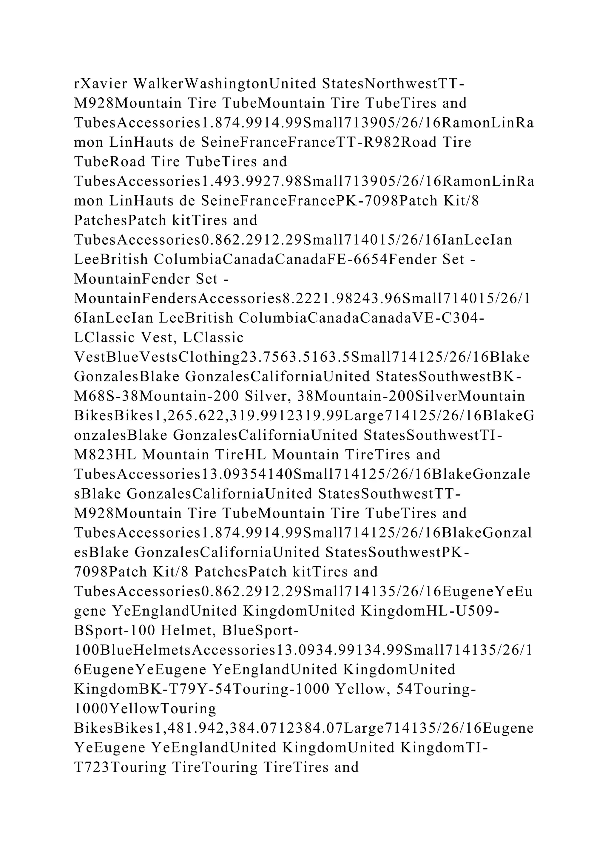 rXavier WalkerWashingtonUnited StatesNorthwestTT-
M928Mountain Tire TubeMountain Tire TubeTires and
TubesAccessories1.874.9914.99Small713905/26/16RamonLinRa
mon LinHauts de SeineFranceFranceTT-R982Road Tire
TubeRoad Tire TubeTires and
TubesAccessories1.493.9927.98Small713905/26/16RamonLinRa
mon LinHauts de SeineFranceFrancePK-7098Patch Kit/8
PatchesPatch kitTires and
TubesAccessories0.862.2912.29Small714015/26/16IanLeeIan
LeeBritish ColumbiaCanadaCanadaFE-6654Fender Set -
MountainFender Set -
MountainFendersAccessories8.2221.98243.96Small714015/26/1
6IanLeeIan LeeBritish ColumbiaCanadaCanadaVE-C304-
LClassic Vest, LClassic
VestBlueVestsClothing23.7563.5163.5Small714125/26/16Blake
GonzalesBlake GonzalesCaliforniaUnited StatesSouthwestBK-
M68S-38Mountain-200 Silver, 38Mountain-200SilverMountain
BikesBikes1,265.622,319.9912319.99Large714125/26/16BlakeG
onzalesBlake GonzalesCaliforniaUnited StatesSouthwestTI-
M823HL Mountain TireHL Mountain TireTires and
TubesAccessories13.09354140Small714125/26/16BlakeGonzale
sBlake GonzalesCaliforniaUnited StatesSouthwestTT-
M928Mountain Tire TubeMountain Tire TubeTires and
TubesAccessories1.874.9914.99Small714125/26/16BlakeGonzal
esBlake GonzalesCaliforniaUnited StatesSouthwestPK-
7098Patch Kit/8 PatchesPatch kitTires and
TubesAccessories0.862.2912.29Small714135/26/16EugeneYeEu
gene YeEnglandUnited KingdomUnited KingdomHL-U509-
BSport-100 Helmet, BlueSport-
100BlueHelmetsAccessories13.0934.99134.99Small714135/26/1
6EugeneYeEugene YeEnglandUnited KingdomUnited
KingdomBK-T79Y-54Touring-1000 Yellow, 54Touring-
1000YellowTouring
BikesBikes1,481.942,384.0712384.07Large714135/26/16Eugene
YeEugene YeEnglandUnited KingdomUnited KingdomTI-
T723Touring TireTouring TireTires and
 