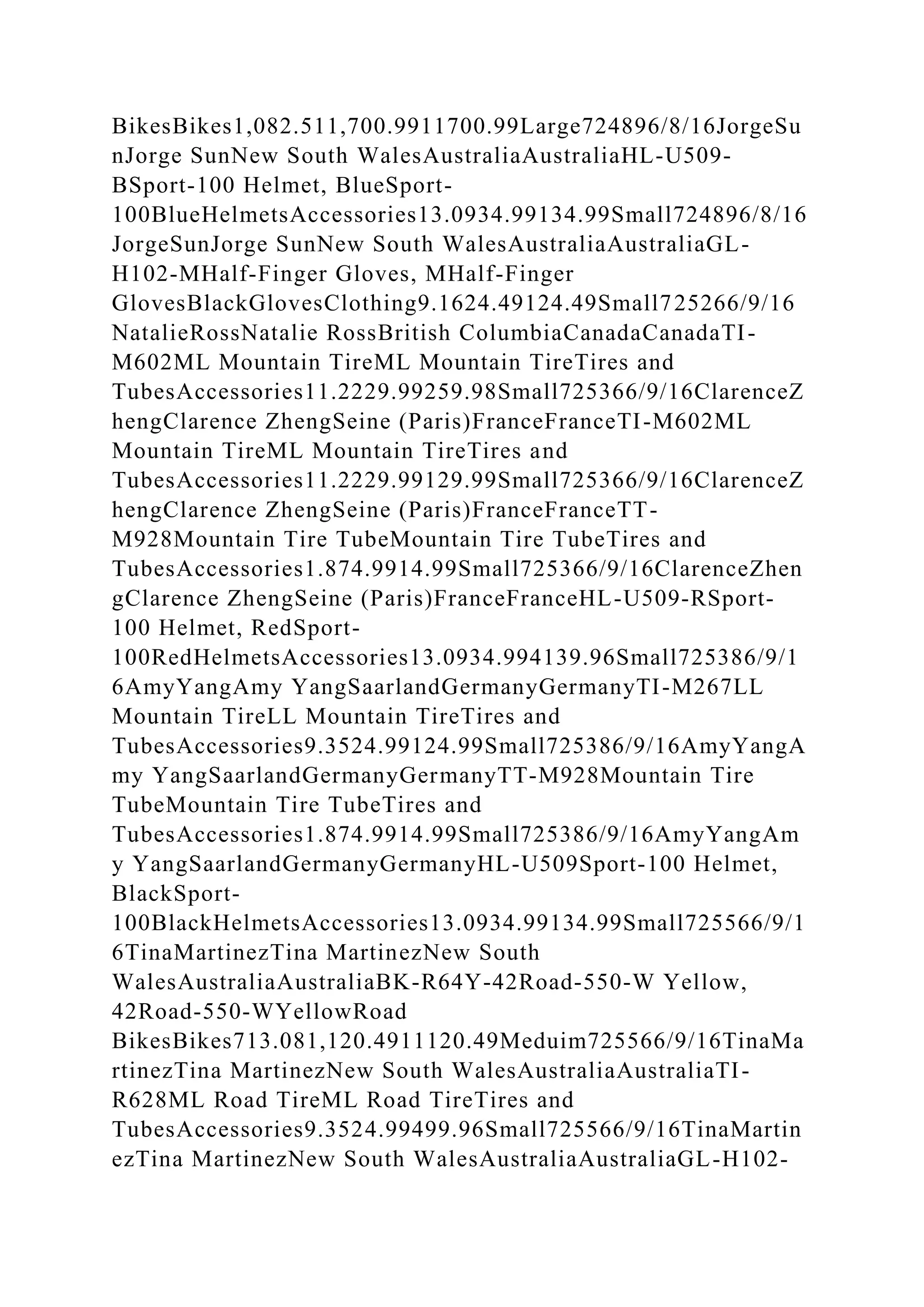 BikesBikes1,082.511,700.9911700.99Large724896/8/16JorgeSu
nJorge SunNew South WalesAustraliaAustraliaHL-U509-
BSport-100 Helmet, BlueSport-
100BlueHelmetsAccessories13.0934.99134.99Small724896/8/16
JorgeSunJorge SunNew South WalesAustraliaAustraliaGL-
H102-MHalf-Finger Gloves, MHalf-Finger
GlovesBlackGlovesClothing9.1624.49124.49Small725266/9/16
NatalieRossNatalie RossBritish ColumbiaCanadaCanadaTI-
M602ML Mountain TireML Mountain TireTires and
TubesAccessories11.2229.99259.98Small725366/9/16ClarenceZ
hengClarence ZhengSeine (Paris)FranceFranceTI-M602ML
Mountain TireML Mountain TireTires and
TubesAccessories11.2229.99129.99Small725366/9/16ClarenceZ
hengClarence ZhengSeine (Paris)FranceFranceTT-
M928Mountain Tire TubeMountain Tire TubeTires and
TubesAccessories1.874.9914.99Small725366/9/16ClarenceZhen
gClarence ZhengSeine (Paris)FranceFranceHL-U509-RSport-
100 Helmet, RedSport-
100RedHelmetsAccessories13.0934.994139.96Small725386/9/1
6AmyYangAmy YangSaarlandGermanyGermanyTI-M267LL
Mountain TireLL Mountain TireTires and
TubesAccessories9.3524.99124.99Small725386/9/16AmyYangA
my YangSaarlandGermanyGermanyTT-M928Mountain Tire
TubeMountain Tire TubeTires and
TubesAccessories1.874.9914.99Small725386/9/16AmyYangAm
y YangSaarlandGermanyGermanyHL-U509Sport-100 Helmet,
BlackSport-
100BlackHelmetsAccessories13.0934.99134.99Small725566/9/1
6TinaMartinezTina MartinezNew South
WalesAustraliaAustraliaBK-R64Y-42Road-550-W Yellow,
42Road-550-WYellowRoad
BikesBikes713.081,120.4911120.49Meduim725566/9/16TinaMa
rtinezTina MartinezNew South WalesAustraliaAustraliaTI-
R628ML Road TireML Road TireTires and
TubesAccessories9.3524.99499.96Small725566/9/16TinaMartin
ezTina MartinezNew South WalesAustraliaAustraliaGL-H102-
 