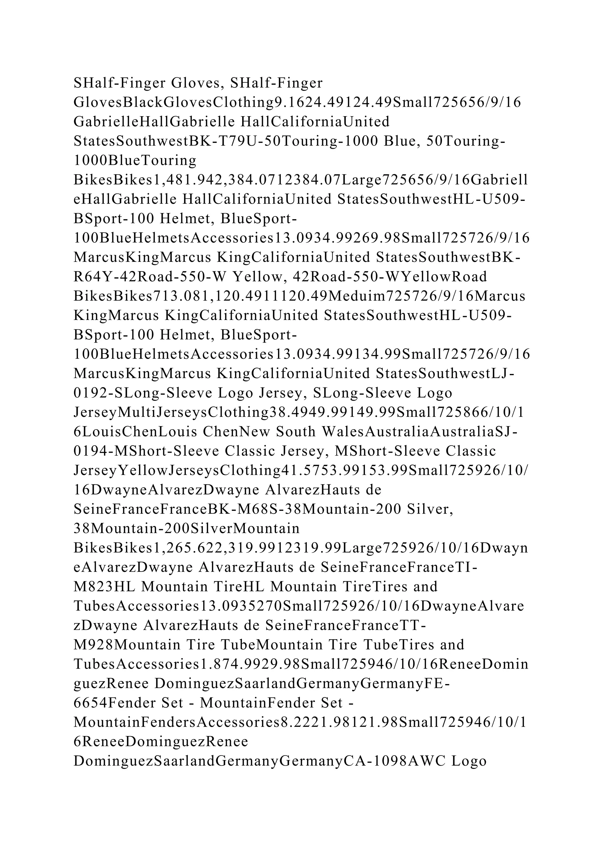 SHalf-Finger Gloves, SHalf-Finger
GlovesBlackGlovesClothing9.1624.49124.49Small725656/9/16
GabrielleHallGabrielle HallCaliforniaUnited
StatesSouthwestBK-T79U-50Touring-1000 Blue, 50Touring-
1000BlueTouring
BikesBikes1,481.942,384.0712384.07Large725656/9/16Gabriell
eHallGabrielle HallCaliforniaUnited StatesSouthwestHL-U509-
BSport-100 Helmet, BlueSport-
100BlueHelmetsAccessories13.0934.99269.98Small725726/9/16
MarcusKingMarcus KingCaliforniaUnited StatesSouthwestBK-
R64Y-42Road-550-W Yellow, 42Road-550-WYellowRoad
BikesBikes713.081,120.4911120.49Meduim725726/9/16Marcus
KingMarcus KingCaliforniaUnited StatesSouthwestHL-U509-
BSport-100 Helmet, BlueSport-
100BlueHelmetsAccessories13.0934.99134.99Small725726/9/16
MarcusKingMarcus KingCaliforniaUnited StatesSouthwestLJ-
0192-SLong-Sleeve Logo Jersey, SLong-Sleeve Logo
JerseyMultiJerseysClothing38.4949.99149.99Small725866/10/1
6LouisChenLouis ChenNew South WalesAustraliaAustraliaSJ-
0194-MShort-Sleeve Classic Jersey, MShort-Sleeve Classic
JerseyYellowJerseysClothing41.5753.99153.99Small725926/10/
16DwayneAlvarezDwayne AlvarezHauts de
SeineFranceFranceBK-M68S-38Mountain-200 Silver,
38Mountain-200SilverMountain
BikesBikes1,265.622,319.9912319.99Large725926/10/16Dwayn
eAlvarezDwayne AlvarezHauts de SeineFranceFranceTI-
M823HL Mountain TireHL Mountain TireTires and
TubesAccessories13.0935270Small725926/10/16DwayneAlvare
zDwayne AlvarezHauts de SeineFranceFranceTT-
M928Mountain Tire TubeMountain Tire TubeTires and
TubesAccessories1.874.9929.98Small725946/10/16ReneeDomin
guezRenee DominguezSaarlandGermanyGermanyFE-
6654Fender Set - MountainFender Set -
MountainFendersAccessories8.2221.98121.98Small725946/10/1
6ReneeDominguezRenee
DominguezSaarlandGermanyGermanyCA-1098AWC Logo
 