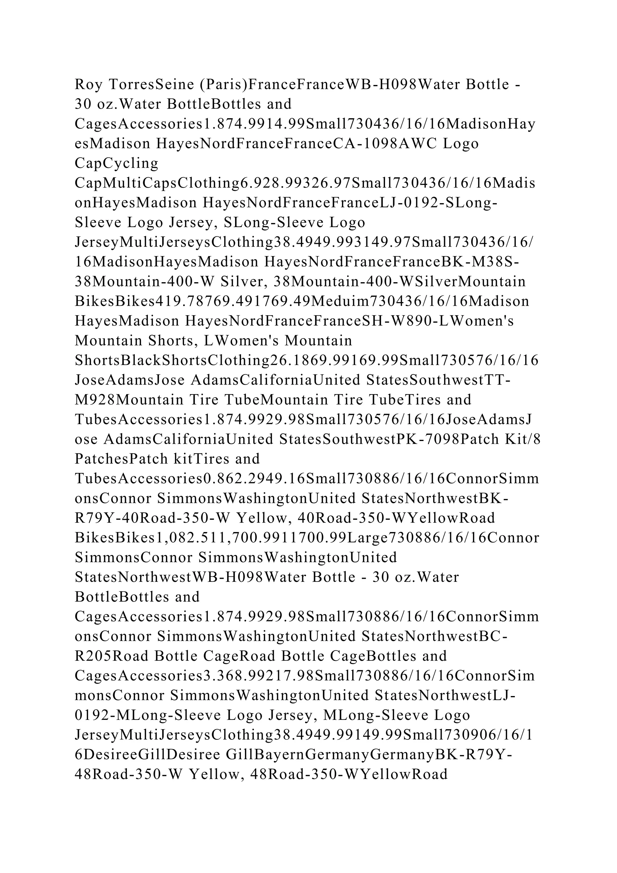 Roy TorresSeine (Paris)FranceFranceWB-H098Water Bottle -
30 oz.Water BottleBottles and
CagesAccessories1.874.9914.99Small730436/16/16MadisonHay
esMadison HayesNordFranceFranceCA-1098AWC Logo
CapCycling
CapMultiCapsClothing6.928.99326.97Small730436/16/16Madis
onHayesMadison HayesNordFranceFranceLJ-0192-SLong-
Sleeve Logo Jersey, SLong-Sleeve Logo
JerseyMultiJerseysClothing38.4949.993149.97Small730436/16/
16MadisonHayesMadison HayesNordFranceFranceBK-M38S-
38Mountain-400-W Silver, 38Mountain-400-WSilverMountain
BikesBikes419.78769.491769.49Meduim730436/16/16Madison
HayesMadison HayesNordFranceFranceSH-W890-LWomen's
Mountain Shorts, LWomen's Mountain
ShortsBlackShortsClothing26.1869.99169.99Small730576/16/16
JoseAdamsJose AdamsCaliforniaUnited StatesSouthwestTT-
M928Mountain Tire TubeMountain Tire TubeTires and
TubesAccessories1.874.9929.98Small730576/16/16JoseAdamsJ
ose AdamsCaliforniaUnited StatesSouthwestPK-7098Patch Kit/8
PatchesPatch kitTires and
TubesAccessories0.862.2949.16Small730886/16/16ConnorSimm
onsConnor SimmonsWashingtonUnited StatesNorthwestBK-
R79Y-40Road-350-W Yellow, 40Road-350-WYellowRoad
BikesBikes1,082.511,700.9911700.99Large730886/16/16Connor
SimmonsConnor SimmonsWashingtonUnited
StatesNorthwestWB-H098Water Bottle - 30 oz.Water
BottleBottles and
CagesAccessories1.874.9929.98Small730886/16/16ConnorSimm
onsConnor SimmonsWashingtonUnited StatesNorthwestBC-
R205Road Bottle CageRoad Bottle CageBottles and
CagesAccessories3.368.99217.98Small730886/16/16ConnorSim
monsConnor SimmonsWashingtonUnited StatesNorthwestLJ-
0192-MLong-Sleeve Logo Jersey, MLong-Sleeve Logo
JerseyMultiJerseysClothing38.4949.99149.99Small730906/16/1
6DesireeGillDesiree GillBayernGermanyGermanyBK-R79Y-
48Road-350-W Yellow, 48Road-350-WYellowRoad
 
