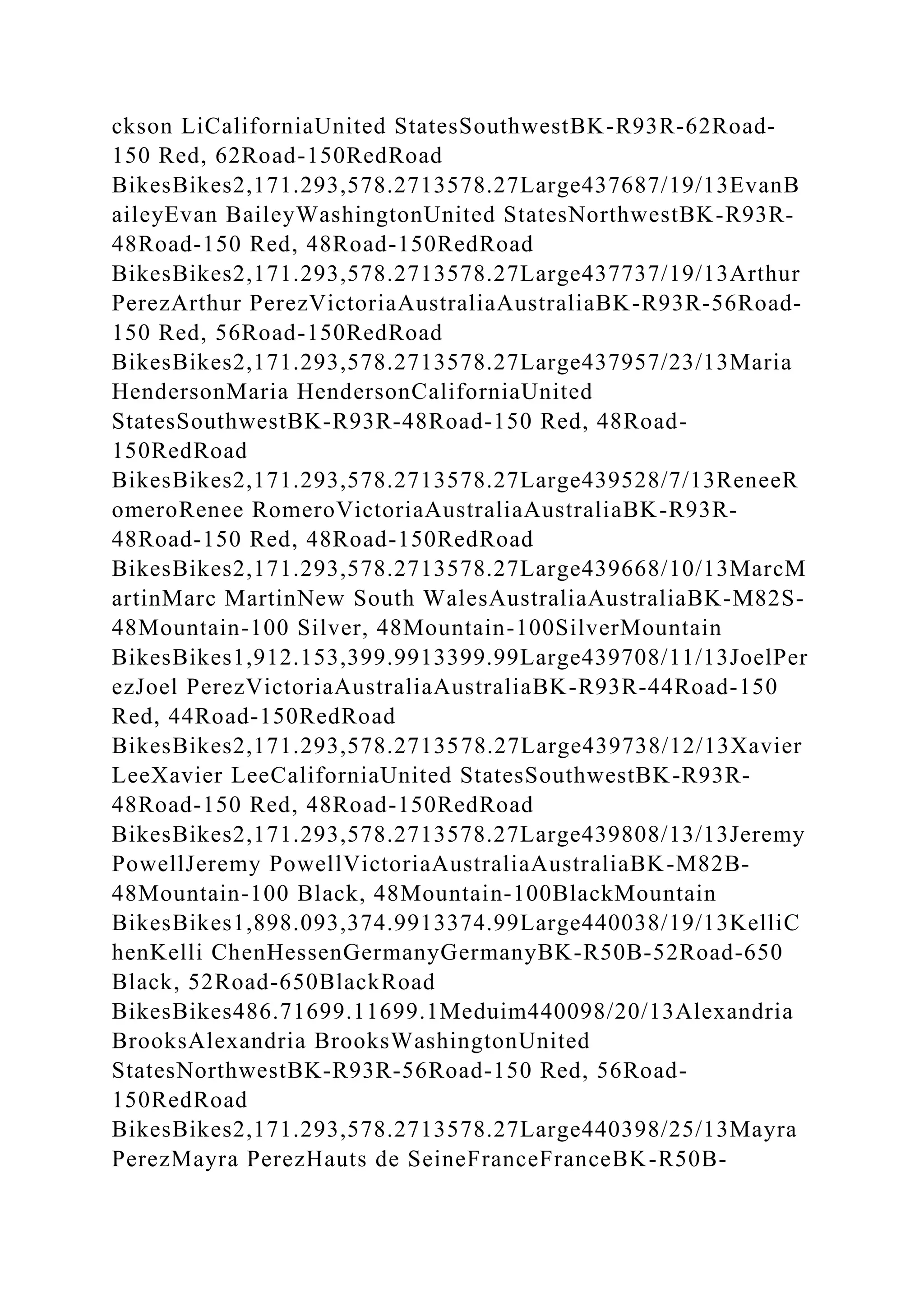 ckson LiCaliforniaUnited StatesSouthwestBK-R93R-62Road-
150 Red, 62Road-150RedRoad
BikesBikes2,171.293,578.2713578.27Large437687/19/13EvanB
aileyEvan BaileyWashingtonUnited StatesNorthwestBK-R93R-
48Road-150 Red, 48Road-150RedRoad
BikesBikes2,171.293,578.2713578.27Large437737/19/13Arthur
PerezArthur PerezVictoriaAustraliaAustraliaBK-R93R-56Road-
150 Red, 56Road-150RedRoad
BikesBikes2,171.293,578.2713578.27Large437957/23/13Maria
HendersonMaria HendersonCaliforniaUnited
StatesSouthwestBK-R93R-48Road-150 Red, 48Road-
150RedRoad
BikesBikes2,171.293,578.2713578.27Large439528/7/13ReneeR
omeroRenee RomeroVictoriaAustraliaAustraliaBK-R93R-
48Road-150 Red, 48Road-150RedRoad
BikesBikes2,171.293,578.2713578.27Large439668/10/13MarcM
artinMarc MartinNew South WalesAustraliaAustraliaBK-M82S-
48Mountain-100 Silver, 48Mountain-100SilverMountain
BikesBikes1,912.153,399.9913399.99Large439708/11/13JoelPer
ezJoel PerezVictoriaAustraliaAustraliaBK-R93R-44Road-150
Red, 44Road-150RedRoad
BikesBikes2,171.293,578.2713578.27Large439738/12/13Xavier
LeeXavier LeeCaliforniaUnited StatesSouthwestBK-R93R-
48Road-150 Red, 48Road-150RedRoad
BikesBikes2,171.293,578.2713578.27Large439808/13/13Jeremy
PowellJeremy PowellVictoriaAustraliaAustraliaBK-M82B-
48Mountain-100 Black, 48Mountain-100BlackMountain
BikesBikes1,898.093,374.9913374.99Large440038/19/13KelliC
henKelli ChenHessenGermanyGermanyBK-R50B-52Road-650
Black, 52Road-650BlackRoad
BikesBikes486.71699.11699.1Meduim440098/20/13Alexandria
BrooksAlexandria BrooksWashingtonUnited
StatesNorthwestBK-R93R-56Road-150 Red, 56Road-
150RedRoad
BikesBikes2,171.293,578.2713578.27Large440398/25/13Mayra
PerezMayra PerezHauts de SeineFranceFranceBK-R50B-
 