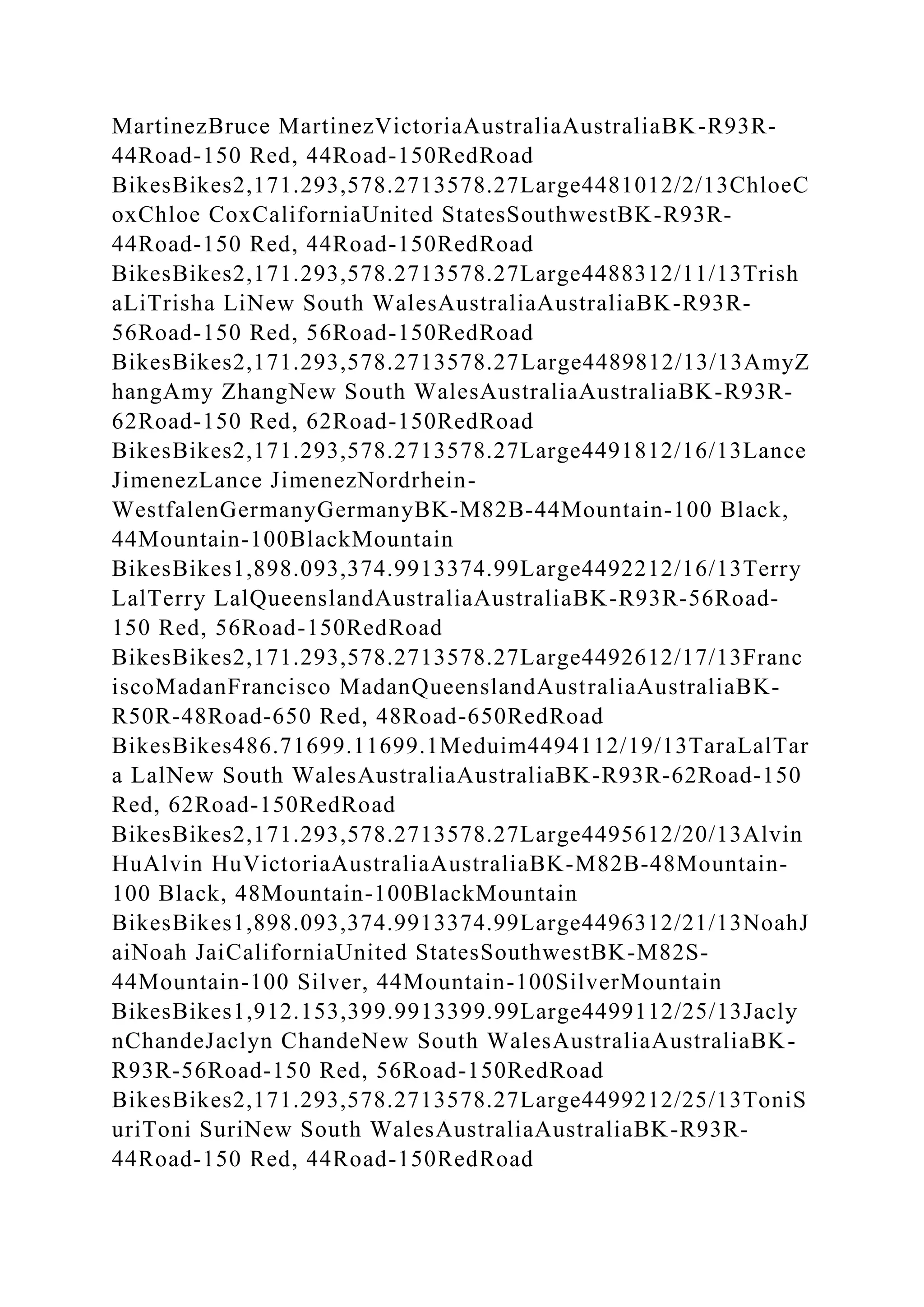MartinezBruce MartinezVictoriaAustraliaAustraliaBK-R93R-
44Road-150 Red, 44Road-150RedRoad
BikesBikes2,171.293,578.2713578.27Large4481012/2/13ChloeC
oxChloe CoxCaliforniaUnited StatesSouthwestBK-R93R-
44Road-150 Red, 44Road-150RedRoad
BikesBikes2,171.293,578.2713578.27Large4488312/11/13Trish
aLiTrisha LiNew South WalesAustraliaAustraliaBK-R93R-
56Road-150 Red, 56Road-150RedRoad
BikesBikes2,171.293,578.2713578.27Large4489812/13/13AmyZ
hangAmy ZhangNew South WalesAustraliaAustraliaBK-R93R-
62Road-150 Red, 62Road-150RedRoad
BikesBikes2,171.293,578.2713578.27Large4491812/16/13Lance
JimenezLance JimenezNordrhein-
WestfalenGermanyGermanyBK-M82B-44Mountain-100 Black,
44Mountain-100BlackMountain
BikesBikes1,898.093,374.9913374.99Large4492212/16/13Terry
LalTerry LalQueenslandAustraliaAustraliaBK-R93R-56Road-
150 Red, 56Road-150RedRoad
BikesBikes2,171.293,578.2713578.27Large4492612/17/13Franc
iscoMadanFrancisco MadanQueenslandAustraliaAustraliaBK-
R50R-48Road-650 Red, 48Road-650RedRoad
BikesBikes486.71699.11699.1Meduim4494112/19/13TaraLalTar
a LalNew South WalesAustraliaAustraliaBK-R93R-62Road-150
Red, 62Road-150RedRoad
BikesBikes2,171.293,578.2713578.27Large4495612/20/13Alvin
HuAlvin HuVictoriaAustraliaAustraliaBK-M82B-48Mountain-
100 Black, 48Mountain-100BlackMountain
BikesBikes1,898.093,374.9913374.99Large4496312/21/13NoahJ
aiNoah JaiCaliforniaUnited StatesSouthwestBK-M82S-
44Mountain-100 Silver, 44Mountain-100SilverMountain
BikesBikes1,912.153,399.9913399.99Large4499112/25/13Jacly
nChandeJaclyn ChandeNew South WalesAustraliaAustraliaBK-
R93R-56Road-150 Red, 56Road-150RedRoad
BikesBikes2,171.293,578.2713578.27Large4499212/25/13ToniS
uriToni SuriNew South WalesAustraliaAustraliaBK-R93R-
44Road-150 Red, 44Road-150RedRoad
 