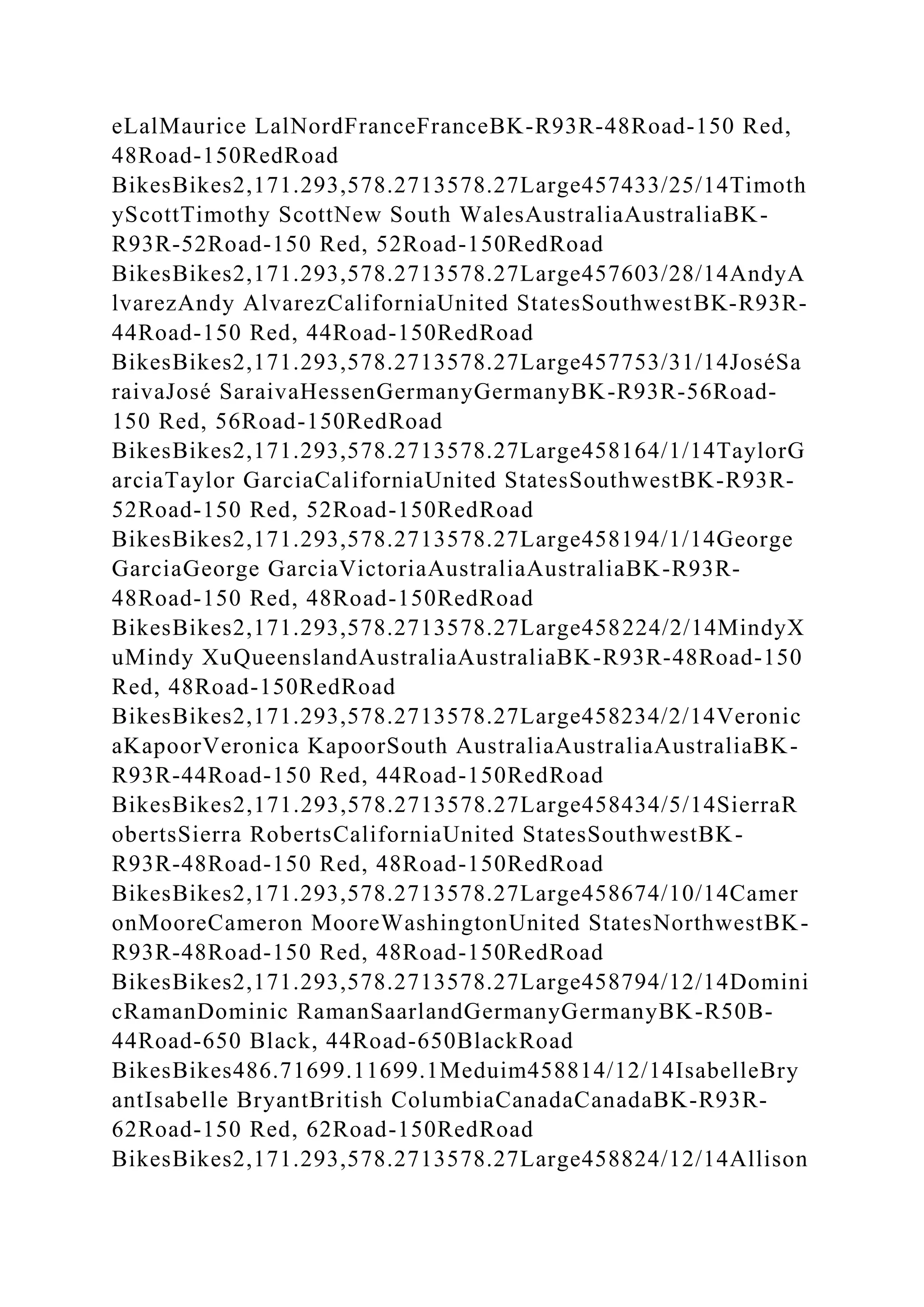 eLalMaurice LalNordFranceFranceBK-R93R-48Road-150 Red,
48Road-150RedRoad
BikesBikes2,171.293,578.2713578.27Large457433/25/14Timoth
yScottTimothy ScottNew South WalesAustraliaAustraliaBK-
R93R-52Road-150 Red, 52Road-150RedRoad
BikesBikes2,171.293,578.2713578.27Large457603/28/14AndyA
lvarezAndy AlvarezCaliforniaUnited StatesSouthwestBK-R93R-
44Road-150 Red, 44Road-150RedRoad
BikesBikes2,171.293,578.2713578.27Large457753/31/14JoséSa
raivaJosé SaraivaHessenGermanyGermanyBK-R93R-56Road-
150 Red, 56Road-150RedRoad
BikesBikes2,171.293,578.2713578.27Large458164/1/14TaylorG
arciaTaylor GarciaCaliforniaUnited StatesSouthwestBK-R93R-
52Road-150 Red, 52Road-150RedRoad
BikesBikes2,171.293,578.2713578.27Large458194/1/14George
GarciaGeorge GarciaVictoriaAustraliaAustraliaBK-R93R-
48Road-150 Red, 48Road-150RedRoad
BikesBikes2,171.293,578.2713578.27Large458224/2/14MindyX
uMindy XuQueenslandAustraliaAustraliaBK-R93R-48Road-150
Red, 48Road-150RedRoad
BikesBikes2,171.293,578.2713578.27Large458234/2/14Veronic
aKapoorVeronica KapoorSouth AustraliaAustraliaAustraliaBK-
R93R-44Road-150 Red, 44Road-150RedRoad
BikesBikes2,171.293,578.2713578.27Large458434/5/14SierraR
obertsSierra RobertsCaliforniaUnited StatesSouthwestBK-
R93R-48Road-150 Red, 48Road-150RedRoad
BikesBikes2,171.293,578.2713578.27Large458674/10/14Camer
onMooreCameron MooreWashingtonUnited StatesNorthwestBK-
R93R-48Road-150 Red, 48Road-150RedRoad
BikesBikes2,171.293,578.2713578.27Large458794/12/14Domini
cRamanDominic RamanSaarlandGermanyGermanyBK-R50B-
44Road-650 Black, 44Road-650BlackRoad
BikesBikes486.71699.11699.1Meduim458814/12/14IsabelleBry
antIsabelle BryantBritish ColumbiaCanadaCanadaBK-R93R-
62Road-150 Red, 62Road-150RedRoad
BikesBikes2,171.293,578.2713578.27Large458824/12/14Allison
 