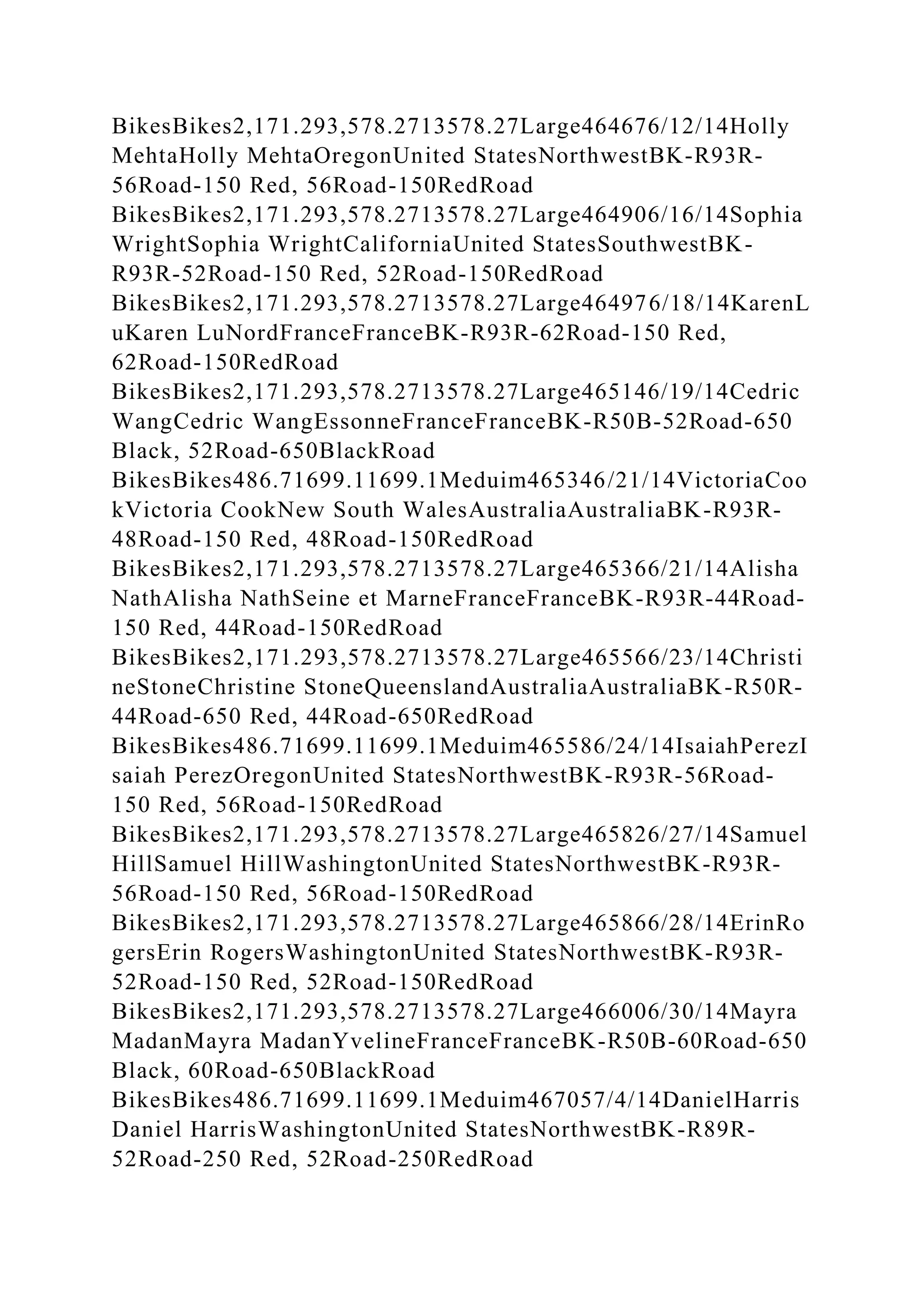 BikesBikes2,171.293,578.2713578.27Large464676/12/14Holly
MehtaHolly MehtaOregonUnited StatesNorthwestBK-R93R-
56Road-150 Red, 56Road-150RedRoad
BikesBikes2,171.293,578.2713578.27Large464906/16/14Sophia
WrightSophia WrightCaliforniaUnited StatesSouthwestBK-
R93R-52Road-150 Red, 52Road-150RedRoad
BikesBikes2,171.293,578.2713578.27Large464976/18/14KarenL
uKaren LuNordFranceFranceBK-R93R-62Road-150 Red,
62Road-150RedRoad
BikesBikes2,171.293,578.2713578.27Large465146/19/14Cedric
WangCedric WangEssonneFranceFranceBK-R50B-52Road-650
Black, 52Road-650BlackRoad
BikesBikes486.71699.11699.1Meduim465346/21/14VictoriaCoo
kVictoria CookNew South WalesAustraliaAustraliaBK-R93R-
48Road-150 Red, 48Road-150RedRoad
BikesBikes2,171.293,578.2713578.27Large465366/21/14Alisha
NathAlisha NathSeine et MarneFranceFranceBK-R93R-44Road-
150 Red, 44Road-150RedRoad
BikesBikes2,171.293,578.2713578.27Large465566/23/14Christi
neStoneChristine StoneQueenslandAustraliaAustraliaBK-R50R-
44Road-650 Red, 44Road-650RedRoad
BikesBikes486.71699.11699.1Meduim465586/24/14IsaiahPerezI
saiah PerezOregonUnited StatesNorthwestBK-R93R-56Road-
150 Red, 56Road-150RedRoad
BikesBikes2,171.293,578.2713578.27Large465826/27/14Samuel
HillSamuel HillWashingtonUnited StatesNorthwestBK-R93R-
56Road-150 Red, 56Road-150RedRoad
BikesBikes2,171.293,578.2713578.27Large465866/28/14ErinRo
gersErin RogersWashingtonUnited StatesNorthwestBK-R93R-
52Road-150 Red, 52Road-150RedRoad
BikesBikes2,171.293,578.2713578.27Large466006/30/14Mayra
MadanMayra MadanYvelineFranceFranceBK-R50B-60Road-650
Black, 60Road-650BlackRoad
BikesBikes486.71699.11699.1Meduim467057/4/14DanielHarris
Daniel HarrisWashingtonUnited StatesNorthwestBK-R89R-
52Road-250 Red, 52Road-250RedRoad
 