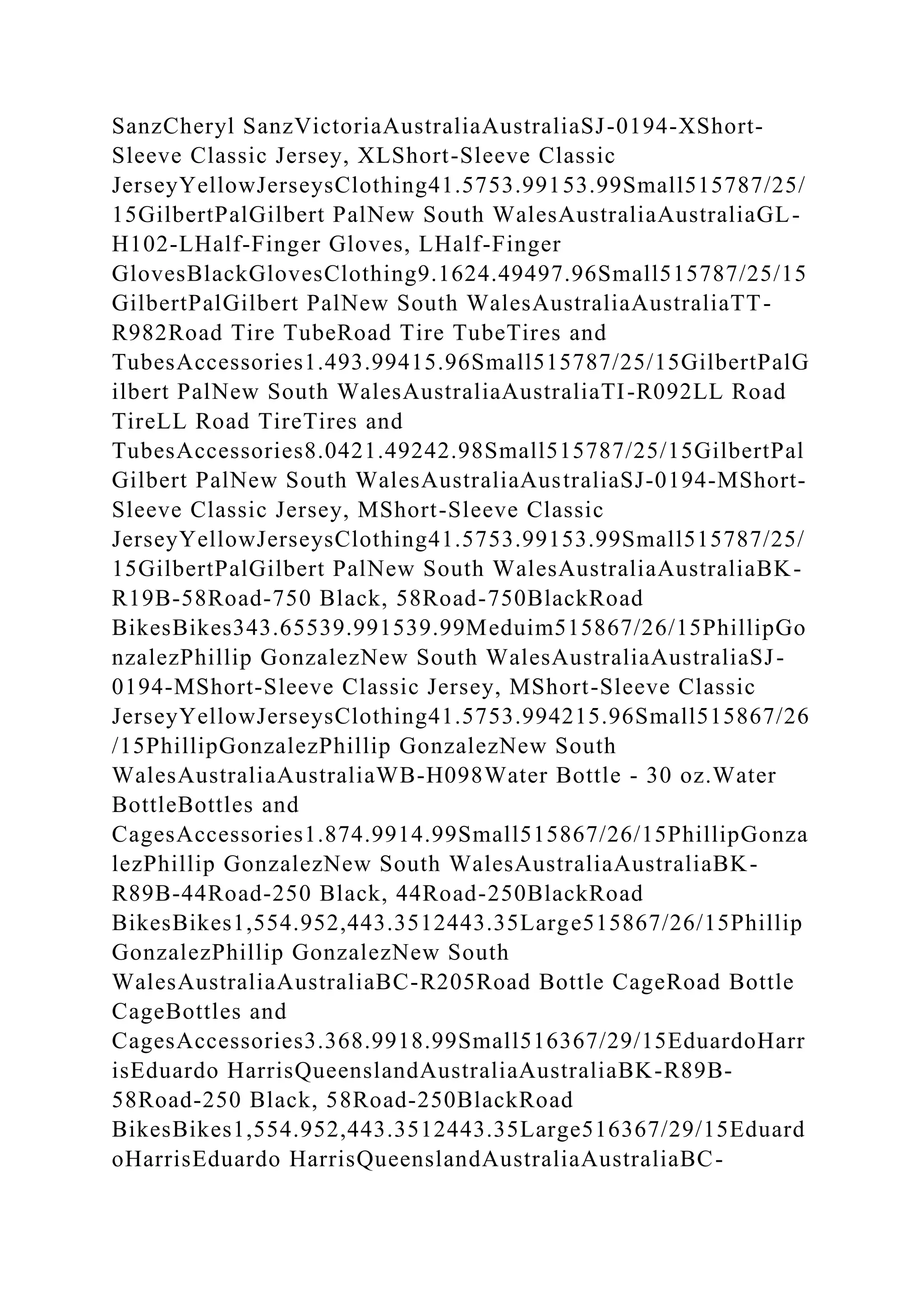 SanzCheryl SanzVictoriaAustraliaAustraliaSJ-0194-XShort-
Sleeve Classic Jersey, XLShort-Sleeve Classic
JerseyYellowJerseysClothing41.5753.99153.99Small515787/25/
15GilbertPalGilbert PalNew South WalesAustraliaAustraliaGL-
H102-LHalf-Finger Gloves, LHalf-Finger
GlovesBlackGlovesClothing9.1624.49497.96Small515787/25/15
GilbertPalGilbert PalNew South WalesAustraliaAustraliaTT-
R982Road Tire TubeRoad Tire TubeTires and
TubesAccessories1.493.99415.96Small515787/25/15GilbertPalG
ilbert PalNew South WalesAustraliaAustraliaTI-R092LL Road
TireLL Road TireTires and
TubesAccessories8.0421.49242.98Small515787/25/15GilbertPal
Gilbert PalNew South WalesAustraliaAustraliaSJ-0194-MShort-
Sleeve Classic Jersey, MShort-Sleeve Classic
JerseyYellowJerseysClothing41.5753.99153.99Small515787/25/
15GilbertPalGilbert PalNew South WalesAustraliaAustraliaBK-
R19B-58Road-750 Black, 58Road-750BlackRoad
BikesBikes343.65539.991539.99Meduim515867/26/15PhillipGo
nzalezPhillip GonzalezNew South WalesAustraliaAustraliaSJ-
0194-MShort-Sleeve Classic Jersey, MShort-Sleeve Classic
JerseyYellowJerseysClothing41.5753.994215.96Small515867/26
/15PhillipGonzalezPhillip GonzalezNew South
WalesAustraliaAustraliaWB-H098Water Bottle - 30 oz.Water
BottleBottles and
CagesAccessories1.874.9914.99Small515867/26/15PhillipGonza
lezPhillip GonzalezNew South WalesAustraliaAustraliaBK-
R89B-44Road-250 Black, 44Road-250BlackRoad
BikesBikes1,554.952,443.3512443.35Large515867/26/15Phillip
GonzalezPhillip GonzalezNew South
WalesAustraliaAustraliaBC-R205Road Bottle CageRoad Bottle
CageBottles and
CagesAccessories3.368.9918.99Small516367/29/15EduardoHarr
isEduardo HarrisQueenslandAustraliaAustraliaBK-R89B-
58Road-250 Black, 58Road-250BlackRoad
BikesBikes1,554.952,443.3512443.35Large516367/29/15Eduard
oHarrisEduardo HarrisQueenslandAustraliaAustraliaBC-
 