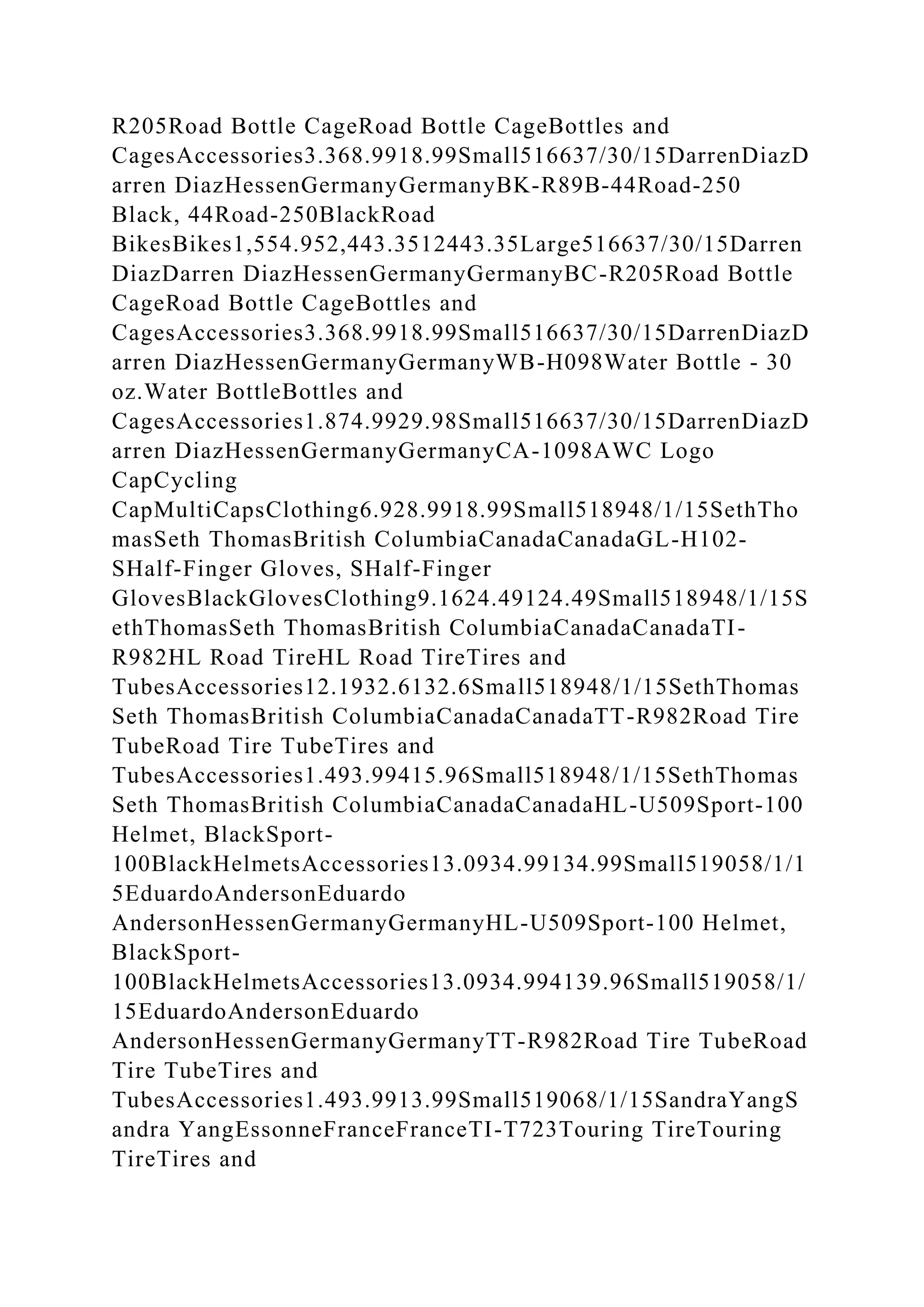 R205Road Bottle CageRoad Bottle CageBottles and
CagesAccessories3.368.9918.99Small516637/30/15DarrenDiazD
arren DiazHessenGermanyGermanyBK-R89B-44Road-250
Black, 44Road-250BlackRoad
BikesBikes1,554.952,443.3512443.35Large516637/30/15Darren
DiazDarren DiazHessenGermanyGermanyBC-R205Road Bottle
CageRoad Bottle CageBottles and
CagesAccessories3.368.9918.99Small516637/30/15DarrenDiazD
arren DiazHessenGermanyGermanyWB-H098Water Bottle - 30
oz.Water BottleBottles and
CagesAccessories1.874.9929.98Small516637/30/15DarrenDiazD
arren DiazHessenGermanyGermanyCA-1098AWC Logo
CapCycling
CapMultiCapsClothing6.928.9918.99Small518948/1/15SethTho
masSeth ThomasBritish ColumbiaCanadaCanadaGL-H102-
SHalf-Finger Gloves, SHalf-Finger
GlovesBlackGlovesClothing9.1624.49124.49Small518948/1/15S
ethThomasSeth ThomasBritish ColumbiaCanadaCanadaTI-
R982HL Road TireHL Road TireTires and
TubesAccessories12.1932.6132.6Small518948/1/15SethThomas
Seth ThomasBritish ColumbiaCanadaCanadaTT-R982Road Tire
TubeRoad Tire TubeTires and
TubesAccessories1.493.99415.96Small518948/1/15SethThomas
Seth ThomasBritish ColumbiaCanadaCanadaHL-U509Sport-100
Helmet, BlackSport-
100BlackHelmetsAccessories13.0934.99134.99Small519058/1/1
5EduardoAndersonEduardo
AndersonHessenGermanyGermanyHL-U509Sport-100 Helmet,
BlackSport-
100BlackHelmetsAccessories13.0934.994139.96Small519058/1/
15EduardoAndersonEduardo
AndersonHessenGermanyGermanyTT-R982Road Tire TubeRoad
Tire TubeTires and
TubesAccessories1.493.9913.99Small519068/1/15SandraYangS
andra YangEssonneFranceFranceTI-T723Touring TireTouring
TireTires and
 