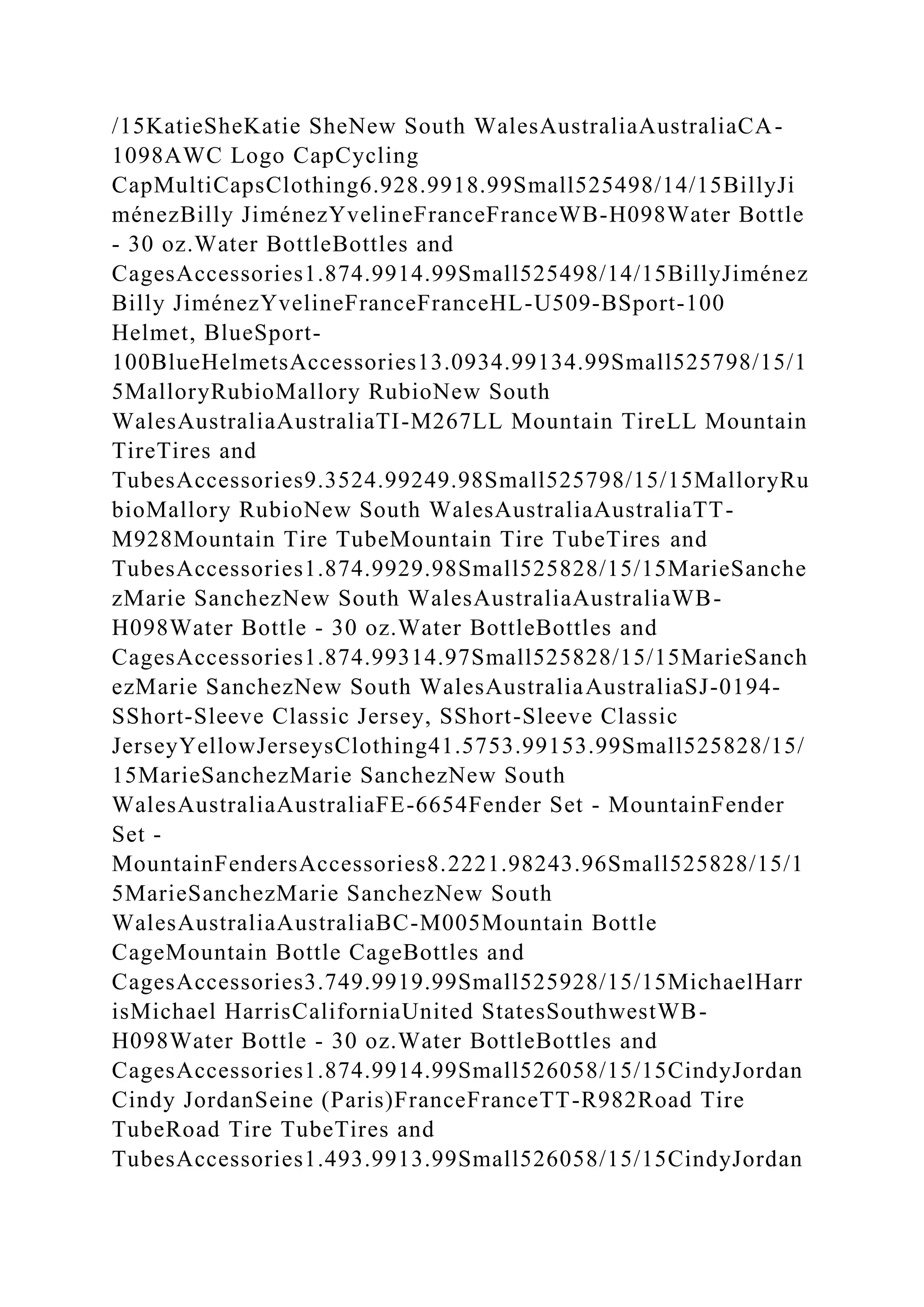 /15KatieSheKatie SheNew South WalesAustraliaAustraliaCA-
1098AWC Logo CapCycling
CapMultiCapsClothing6.928.9918.99Small525498/14/15BillyJi
ménezBilly JiménezYvelineFranceFranceWB-H098Water Bottle
- 30 oz.Water BottleBottles and
CagesAccessories1.874.9914.99Small525498/14/15BillyJiménez
Billy JiménezYvelineFranceFranceHL-U509-BSport-100
Helmet, BlueSport-
100BlueHelmetsAccessories13.0934.99134.99Small525798/15/1
5MalloryRubioMallory RubioNew South
WalesAustraliaAustraliaTI-M267LL Mountain TireLL Mountain
TireTires and
TubesAccessories9.3524.99249.98Small525798/15/15MalloryRu
bioMallory RubioNew South WalesAustraliaAustraliaTT-
M928Mountain Tire TubeMountain Tire TubeTires and
TubesAccessories1.874.9929.98Small525828/15/15MarieSanche
zMarie SanchezNew South WalesAustraliaAustraliaWB-
H098Water Bottle - 30 oz.Water BottleBottles and
CagesAccessories1.874.99314.97Small525828/15/15MarieSanch
ezMarie SanchezNew South WalesAustraliaAustraliaSJ-0194-
SShort-Sleeve Classic Jersey, SShort-Sleeve Classic
JerseyYellowJerseysClothing41.5753.99153.99Small525828/15/
15MarieSanchezMarie SanchezNew South
WalesAustraliaAustraliaFE-6654Fender Set - MountainFender
Set -
MountainFendersAccessories8.2221.98243.96Small525828/15/1
5MarieSanchezMarie SanchezNew South
WalesAustraliaAustraliaBC-M005Mountain Bottle
CageMountain Bottle CageBottles and
CagesAccessories3.749.9919.99Small525928/15/15MichaelHarr
isMichael HarrisCaliforniaUnited StatesSouthwestWB-
H098Water Bottle - 30 oz.Water BottleBottles and
CagesAccessories1.874.9914.99Small526058/15/15CindyJordan
Cindy JordanSeine (Paris)FranceFranceTT-R982Road Tire
TubeRoad Tire TubeTires and
TubesAccessories1.493.9913.99Small526058/15/15CindyJordan
 