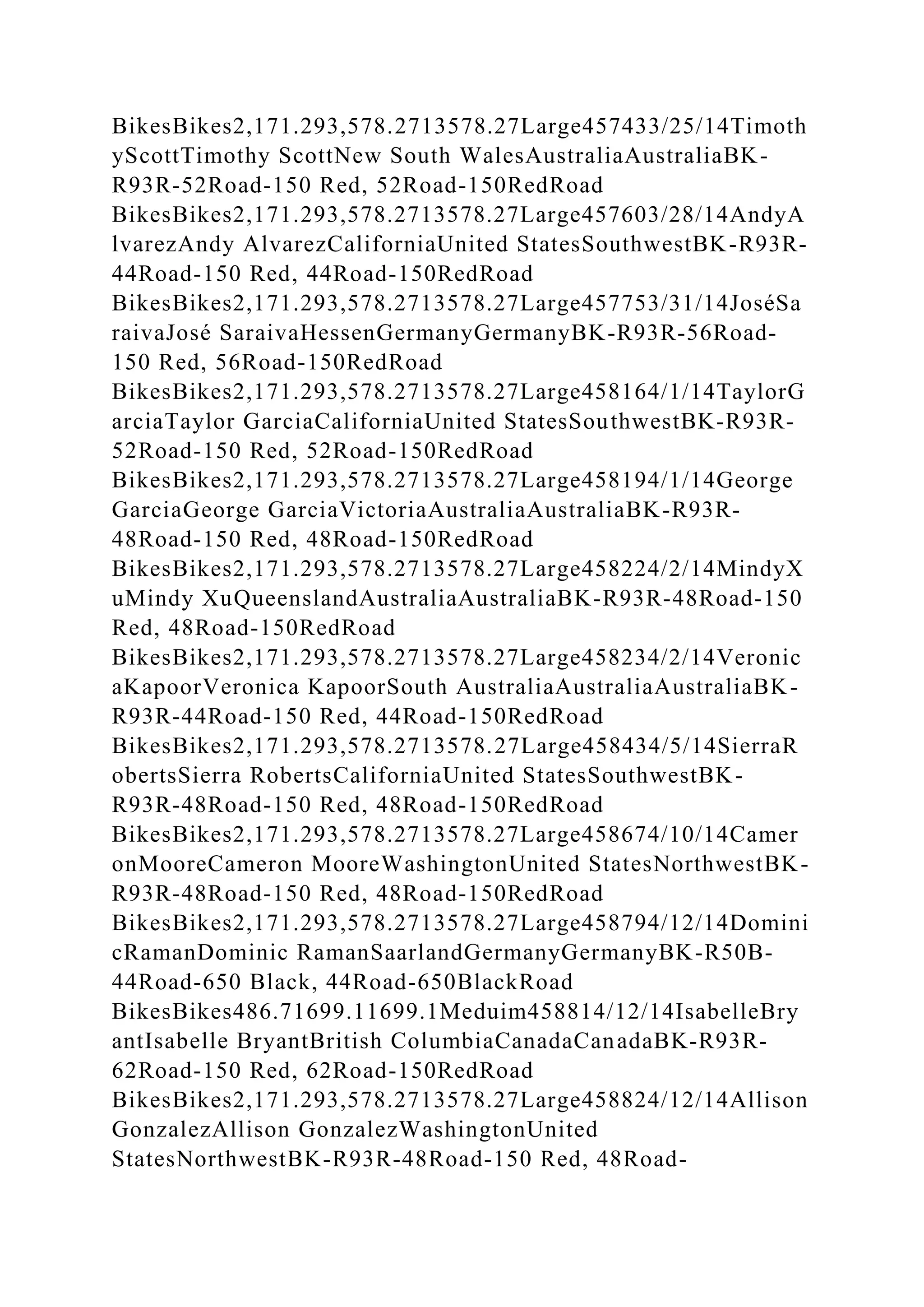 BikesBikes2,171.293,578.2713578.27Large457433/25/14Timoth
yScottTimothy ScottNew South WalesAustraliaAustraliaBK-
R93R-52Road-150 Red, 52Road-150RedRoad
BikesBikes2,171.293,578.2713578.27Large457603/28/14AndyA
lvarezAndy AlvarezCaliforniaUnited StatesSouthwestBK-R93R-
44Road-150 Red, 44Road-150RedRoad
BikesBikes2,171.293,578.2713578.27Large457753/31/14JoséSa
raivaJosé SaraivaHessenGermanyGermanyBK-R93R-56Road-
150 Red, 56Road-150RedRoad
BikesBikes2,171.293,578.2713578.27Large458164/1/14TaylorG
arciaTaylor GarciaCaliforniaUnited StatesSouthwestBK-R93R-
52Road-150 Red, 52Road-150RedRoad
BikesBikes2,171.293,578.2713578.27Large458194/1/14George
GarciaGeorge GarciaVictoriaAustraliaAustraliaBK-R93R-
48Road-150 Red, 48Road-150RedRoad
BikesBikes2,171.293,578.2713578.27Large458224/2/14MindyX
uMindy XuQueenslandAustraliaAustraliaBK-R93R-48Road-150
Red, 48Road-150RedRoad
BikesBikes2,171.293,578.2713578.27Large458234/2/14Veronic
aKapoorVeronica KapoorSouth AustraliaAustraliaAustraliaBK-
R93R-44Road-150 Red, 44Road-150RedRoad
BikesBikes2,171.293,578.2713578.27Large458434/5/14SierraR
obertsSierra RobertsCaliforniaUnited StatesSouthwestBK-
R93R-48Road-150 Red, 48Road-150RedRoad
BikesBikes2,171.293,578.2713578.27Large458674/10/14Camer
onMooreCameron MooreWashingtonUnited StatesNorthwestBK-
R93R-48Road-150 Red, 48Road-150RedRoad
BikesBikes2,171.293,578.2713578.27Large458794/12/14Domini
cRamanDominic RamanSaarlandGermanyGermanyBK-R50B-
44Road-650 Black, 44Road-650BlackRoad
BikesBikes486.71699.11699.1Meduim458814/12/14IsabelleBry
antIsabelle BryantBritish ColumbiaCanadaCanadaBK-R93R-
62Road-150 Red, 62Road-150RedRoad
BikesBikes2,171.293,578.2713578.27Large458824/12/14Allison
GonzalezAllison GonzalezWashingtonUnited
StatesNorthwestBK-R93R-48Road-150 Red, 48Road-
 