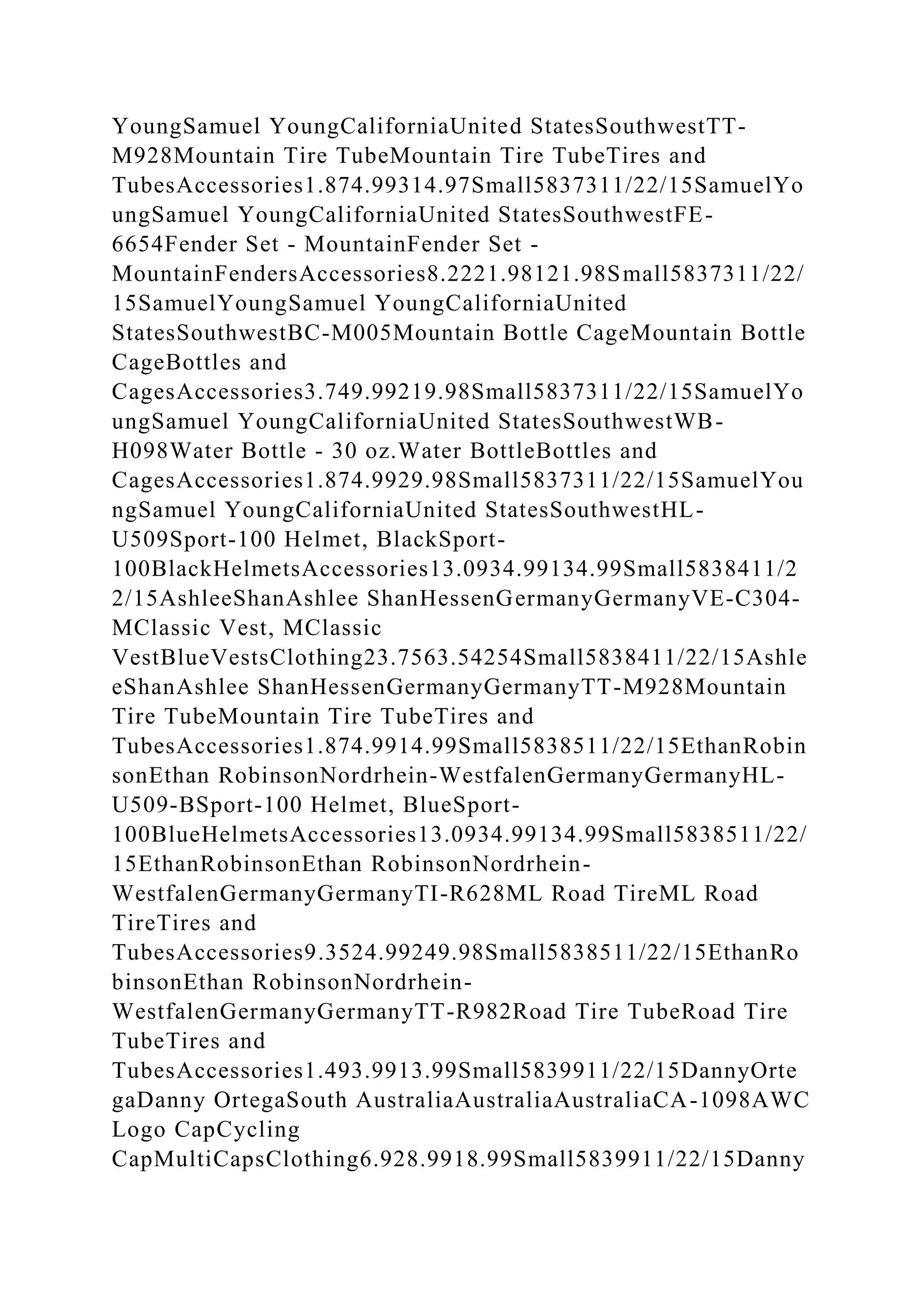 YoungSamuel YoungCaliforniaUnited StatesSouthwestTT-
M928Mountain Tire TubeMountain Tire TubeTires and
TubesAccessories1.874.99314.97Small5837311/22/15SamuelYo
ungSamuel YoungCaliforniaUnited StatesSouthwestFE-
6654Fender Set - MountainFender Set -
MountainFendersAccessories8.2221.98121.98Small5837311/22/
15SamuelYoungSamuel YoungCaliforniaUnited
StatesSouthwestBC-M005Mountain Bottle CageMountain Bottle
CageBottles and
CagesAccessories3.749.99219.98Small5837311/22/15SamuelYo
ungSamuel YoungCaliforniaUnited StatesSouthwestWB-
H098Water Bottle - 30 oz.Water BottleBottles and
CagesAccessories1.874.9929.98Small5837311/22/15SamuelYou
ngSamuel YoungCaliforniaUnited StatesSouthwestHL-
U509Sport-100 Helmet, BlackSport-
100BlackHelmetsAccessories13.0934.99134.99Small5838411/2
2/15AshleeShanAshlee ShanHessenGermanyGermanyVE-C304-
MClassic Vest, MClassic
VestBlueVestsClothing23.7563.54254Small5838411/22/15Ashle
eShanAshlee ShanHessenGermanyGermanyTT-M928Mountain
Tire TubeMountain Tire TubeTires and
TubesAccessories1.874.9914.99Small5838511/22/15EthanRobin
sonEthan RobinsonNordrhein-WestfalenGermanyGermanyHL-
U509-BSport-100 Helmet, BlueSport-
100BlueHelmetsAccessories13.0934.99134.99Small5838511/22/
15EthanRobinsonEthan RobinsonNordrhein-
WestfalenGermanyGermanyTI-R628ML Road TireML Road
TireTires and
TubesAccessories9.3524.99249.98Small5838511/22/15EthanRo
binsonEthan RobinsonNordrhein-
WestfalenGermanyGermanyTT-R982Road Tire TubeRoad Tire
TubeTires and
TubesAccessories1.493.9913.99Small5839911/22/15DannyOrte
gaDanny OrtegaSouth AustraliaAustraliaAustraliaCA-1098AWC
Logo CapCycling
CapMultiCapsClothing6.928.9918.99Small5839911/22/15Danny
 