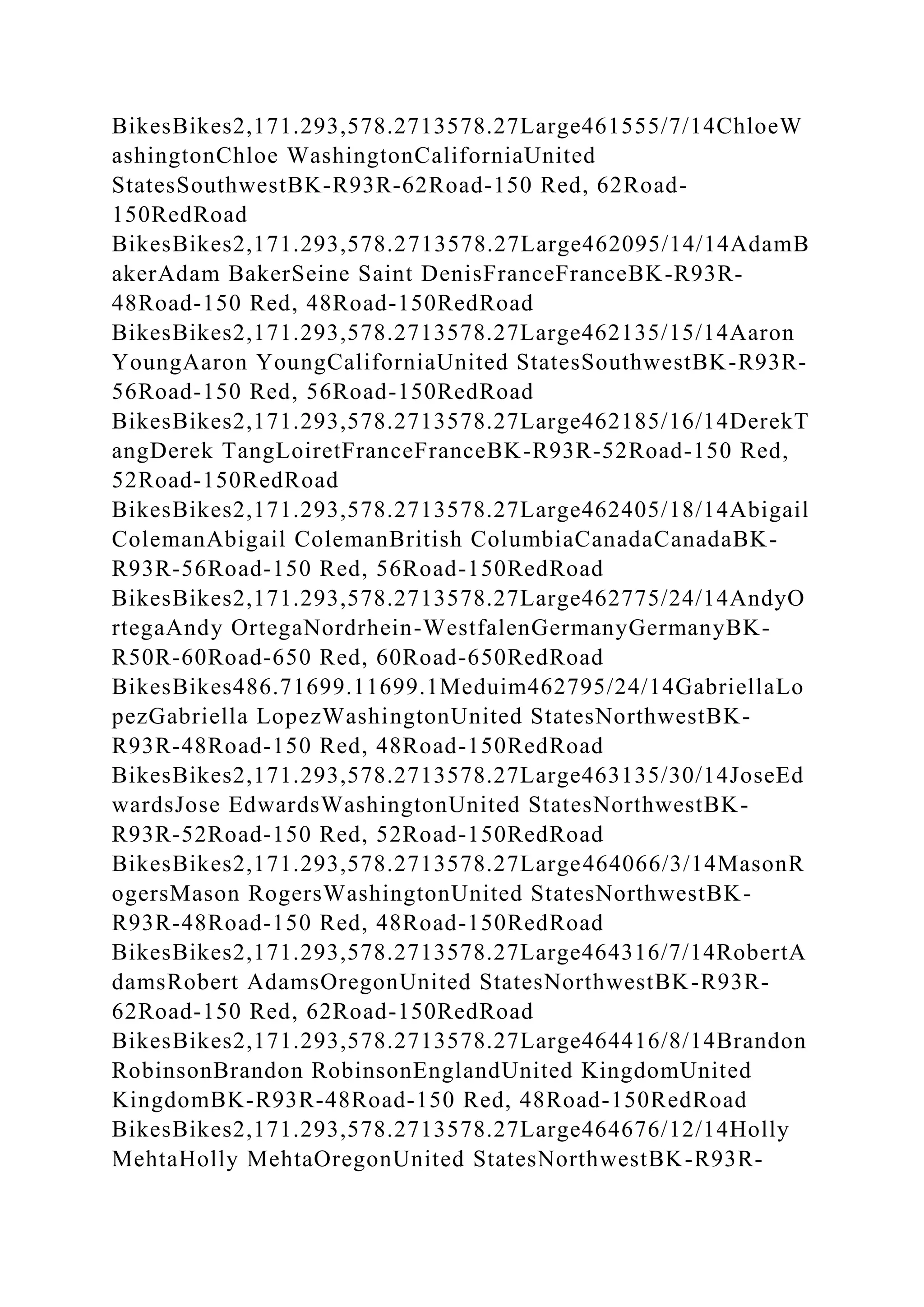 BikesBikes2,171.293,578.2713578.27Large461555/7/14ChloeW
ashingtonChloe WashingtonCaliforniaUnited
StatesSouthwestBK-R93R-62Road-150 Red, 62Road-
150RedRoad
BikesBikes2,171.293,578.2713578.27Large462095/14/14AdamB
akerAdam BakerSeine Saint DenisFranceFranceBK-R93R-
48Road-150 Red, 48Road-150RedRoad
BikesBikes2,171.293,578.2713578.27Large462135/15/14Aaron
YoungAaron YoungCaliforniaUnited StatesSouthwestBK-R93R-
56Road-150 Red, 56Road-150RedRoad
BikesBikes2,171.293,578.2713578.27Large462185/16/14DerekT
angDerek TangLoiretFranceFranceBK-R93R-52Road-150 Red,
52Road-150RedRoad
BikesBikes2,171.293,578.2713578.27Large462405/18/14Abigail
ColemanAbigail ColemanBritish ColumbiaCanadaCanadaBK-
R93R-56Road-150 Red, 56Road-150RedRoad
BikesBikes2,171.293,578.2713578.27Large462775/24/14AndyO
rtegaAndy OrtegaNordrhein-WestfalenGermanyGermanyBK-
R50R-60Road-650 Red, 60Road-650RedRoad
BikesBikes486.71699.11699.1Meduim462795/24/14GabriellaLo
pezGabriella LopezWashingtonUnited StatesNorthwestBK-
R93R-48Road-150 Red, 48Road-150RedRoad
BikesBikes2,171.293,578.2713578.27Large463135/30/14JoseEd
wardsJose EdwardsWashingtonUnited StatesNorthwestBK-
R93R-52Road-150 Red, 52Road-150RedRoad
BikesBikes2,171.293,578.2713578.27Large464066/3/14MasonR
ogersMason RogersWashingtonUnited StatesNorthwestBK-
R93R-48Road-150 Red, 48Road-150RedRoad
BikesBikes2,171.293,578.2713578.27Large464316/7/14RobertA
damsRobert AdamsOregonUnited StatesNorthwestBK-R93R-
62Road-150 Red, 62Road-150RedRoad
BikesBikes2,171.293,578.2713578.27Large464416/8/14Brandon
RobinsonBrandon RobinsonEnglandUnited KingdomUnited
KingdomBK-R93R-48Road-150 Red, 48Road-150RedRoad
BikesBikes2,171.293,578.2713578.27Large464676/12/14Holly
MehtaHolly MehtaOregonUnited StatesNorthwestBK-R93R-
 
