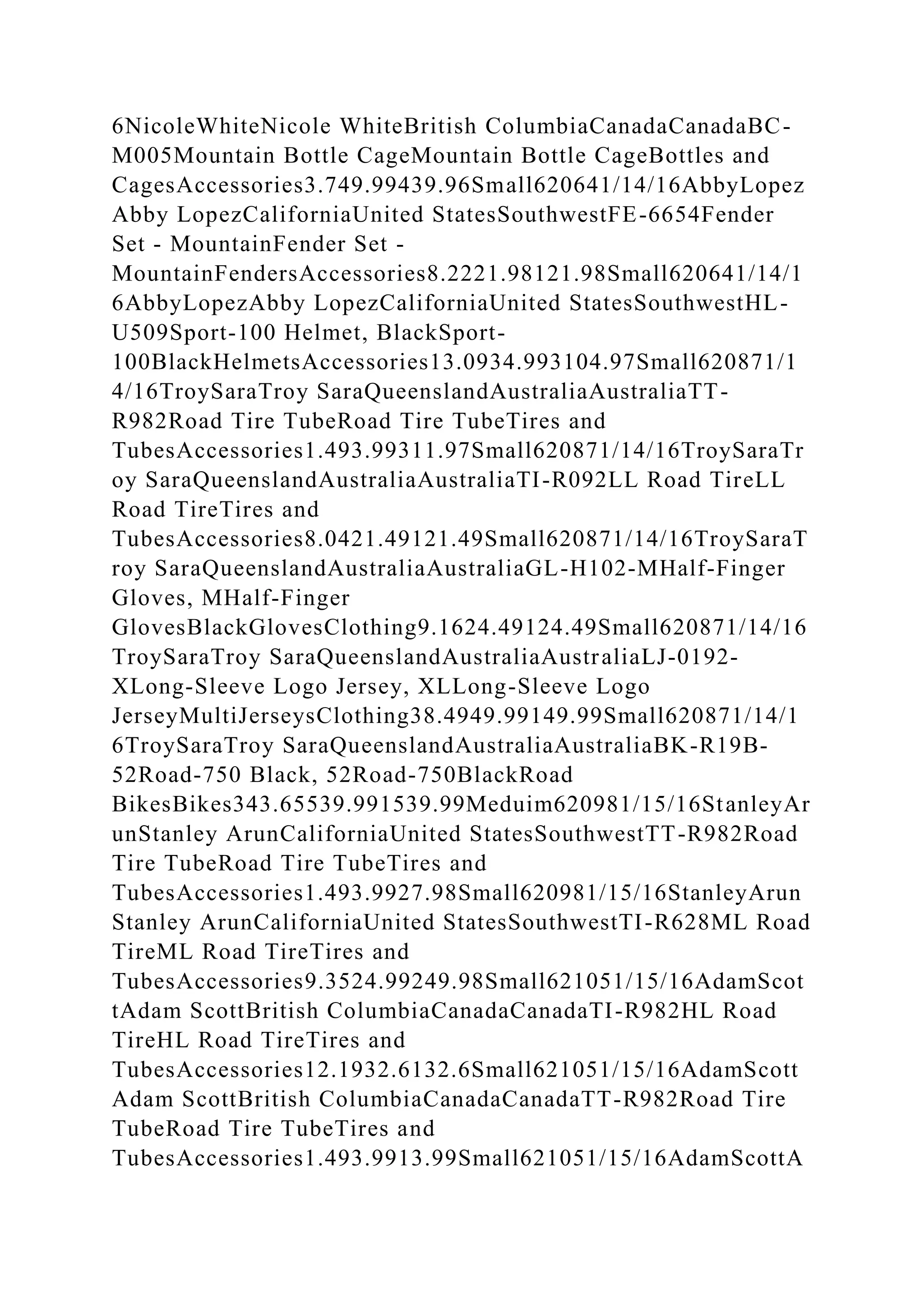 6NicoleWhiteNicole WhiteBritish ColumbiaCanadaCanadaBC-
M005Mountain Bottle CageMountain Bottle CageBottles and
CagesAccessories3.749.99439.96Small620641/14/16AbbyLopez
Abby LopezCaliforniaUnited StatesSouthwestFE-6654Fender
Set - MountainFender Set -
MountainFendersAccessories8.2221.98121.98Small620641/14/1
6AbbyLopezAbby LopezCaliforniaUnited StatesSouthwestHL-
U509Sport-100 Helmet, BlackSport-
100BlackHelmetsAccessories13.0934.993104.97Small620871/1
4/16TroySaraTroy SaraQueenslandAustraliaAustraliaTT-
R982Road Tire TubeRoad Tire TubeTires and
TubesAccessories1.493.99311.97Small620871/14/16TroySaraTr
oy SaraQueenslandAustraliaAustraliaTI-R092LL Road TireLL
Road TireTires and
TubesAccessories8.0421.49121.49Small620871/14/16TroySaraT
roy SaraQueenslandAustraliaAustraliaGL-H102-MHalf-Finger
Gloves, MHalf-Finger
GlovesBlackGlovesClothing9.1624.49124.49Small620871/14/16
TroySaraTroy SaraQueenslandAustraliaAustraliaLJ-0192-
XLong-Sleeve Logo Jersey, XLLong-Sleeve Logo
JerseyMultiJerseysClothing38.4949.99149.99Small620871/14/1
6TroySaraTroy SaraQueenslandAustraliaAustraliaBK-R19B-
52Road-750 Black, 52Road-750BlackRoad
BikesBikes343.65539.991539.99Meduim620981/15/16StanleyAr
unStanley ArunCaliforniaUnited StatesSouthwestTT-R982Road
Tire TubeRoad Tire TubeTires and
TubesAccessories1.493.9927.98Small620981/15/16StanleyArun
Stanley ArunCaliforniaUnited StatesSouthwestTI-R628ML Road
TireML Road TireTires and
TubesAccessories9.3524.99249.98Small621051/15/16AdamScot
tAdam ScottBritish ColumbiaCanadaCanadaTI-R982HL Road
TireHL Road TireTires and
TubesAccessories12.1932.6132.6Small621051/15/16AdamScott
Adam ScottBritish ColumbiaCanadaCanadaTT-R982Road Tire
TubeRoad Tire TubeTires and
TubesAccessories1.493.9913.99Small621051/15/16AdamScottA
 