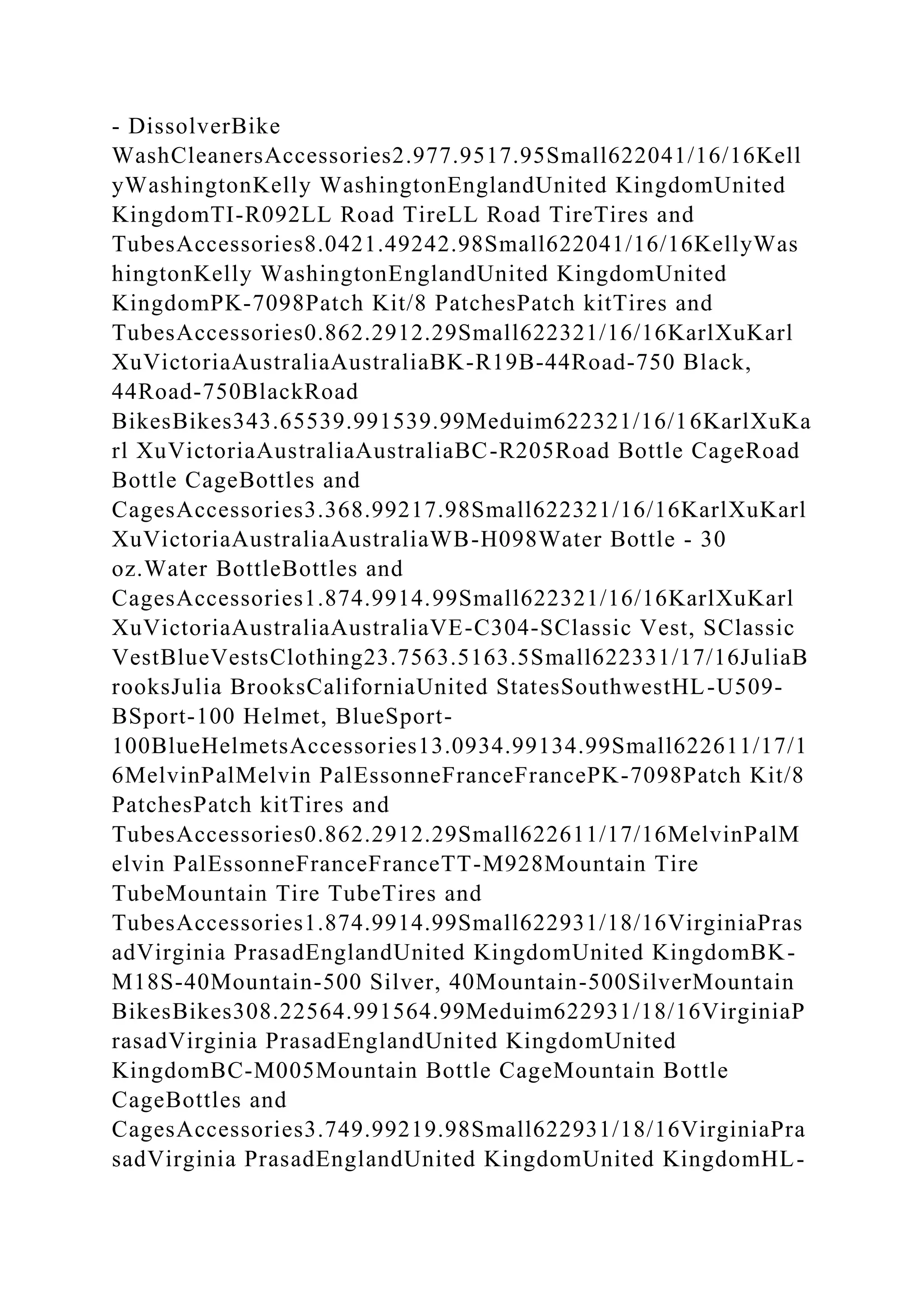 - DissolverBike
WashCleanersAccessories2.977.9517.95Small622041/16/16Kell
yWashingtonKelly WashingtonEnglandUnited KingdomUnited
KingdomTI-R092LL Road TireLL Road TireTires and
TubesAccessories8.0421.49242.98Small622041/16/16KellyWas
hingtonKelly WashingtonEnglandUnited KingdomUnited
KingdomPK-7098Patch Kit/8 PatchesPatch kitTires and
TubesAccessories0.862.2912.29Small622321/16/16KarlXuKarl
XuVictoriaAustraliaAustraliaBK-R19B-44Road-750 Black,
44Road-750BlackRoad
BikesBikes343.65539.991539.99Meduim622321/16/16KarlXuKa
rl XuVictoriaAustraliaAustraliaBC-R205Road Bottle CageRoad
Bottle CageBottles and
CagesAccessories3.368.99217.98Small622321/16/16KarlXuKarl
XuVictoriaAustraliaAustraliaWB-H098Water Bottle - 30
oz.Water BottleBottles and
CagesAccessories1.874.9914.99Small622321/16/16KarlXuKarl
XuVictoriaAustraliaAustraliaVE-C304-SClassic Vest, SClassic
VestBlueVestsClothing23.7563.5163.5Small622331/17/16JuliaB
rooksJulia BrooksCaliforniaUnited StatesSouthwestHL-U509-
BSport-100 Helmet, BlueSport-
100BlueHelmetsAccessories13.0934.99134.99Small622611/17/1
6MelvinPalMelvin PalEssonneFranceFrancePK-7098Patch Kit/8
PatchesPatch kitTires and
TubesAccessories0.862.2912.29Small622611/17/16MelvinPalM
elvin PalEssonneFranceFranceTT-M928Mountain Tire
TubeMountain Tire TubeTires and
TubesAccessories1.874.9914.99Small622931/18/16VirginiaPras
adVirginia PrasadEnglandUnited KingdomUnited KingdomBK-
M18S-40Mountain-500 Silver, 40Mountain-500SilverMountain
BikesBikes308.22564.991564.99Meduim622931/18/16VirginiaP
rasadVirginia PrasadEnglandUnited KingdomUnited
KingdomBC-M005Mountain Bottle CageMountain Bottle
CageBottles and
CagesAccessories3.749.99219.98Small622931/18/16VirginiaPra
sadVirginia PrasadEnglandUnited KingdomUnited KingdomHL-
 