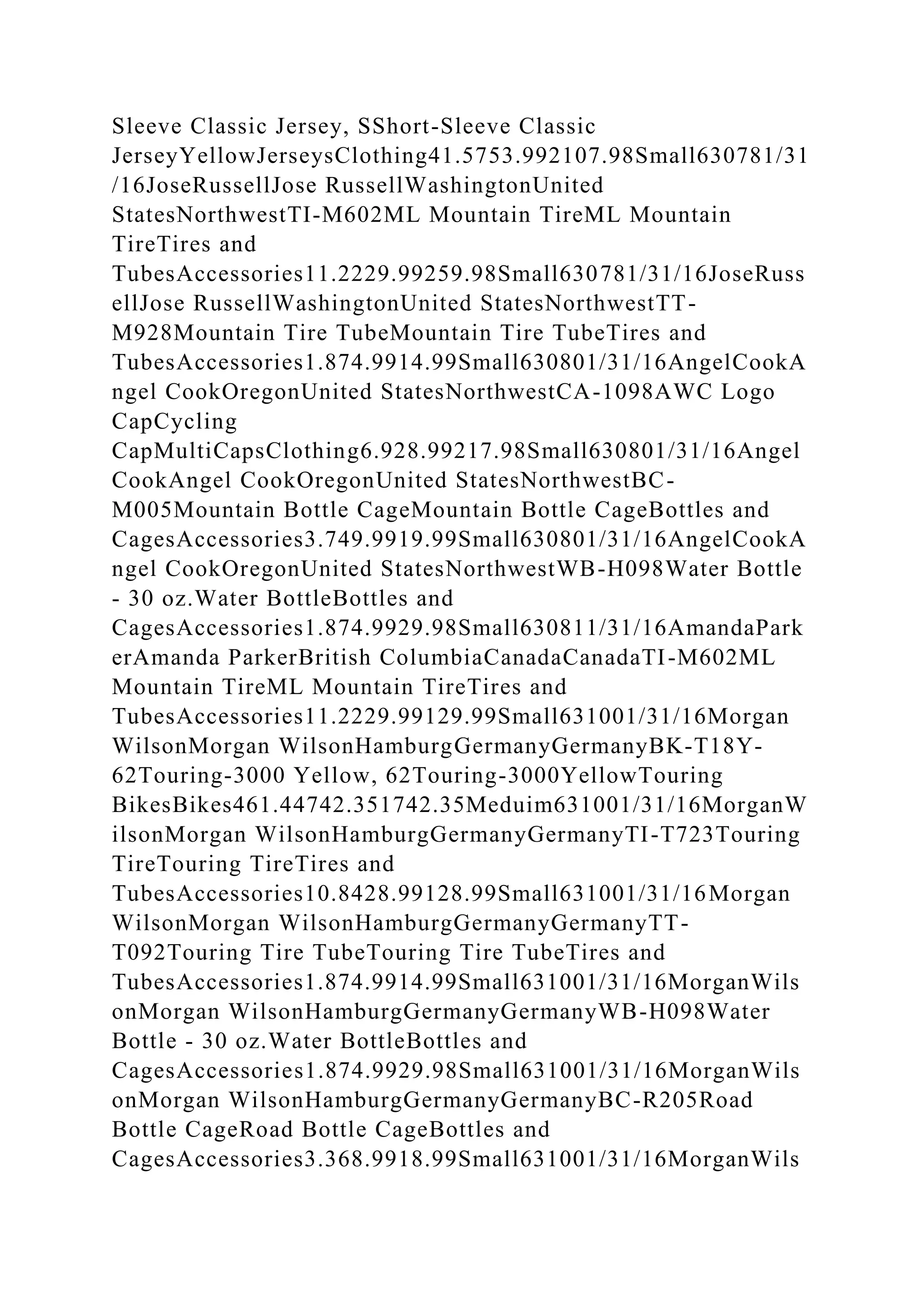 Sleeve Classic Jersey, SShort-Sleeve Classic
JerseyYellowJerseysClothing41.5753.992107.98Small630781/31
/16JoseRussellJose RussellWashingtonUnited
StatesNorthwestTI-M602ML Mountain TireML Mountain
TireTires and
TubesAccessories11.2229.99259.98Small630781/31/16JoseRuss
ellJose RussellWashingtonUnited StatesNorthwestTT-
M928Mountain Tire TubeMountain Tire TubeTires and
TubesAccessories1.874.9914.99Small630801/31/16AngelCookA
ngel CookOregonUnited StatesNorthwestCA-1098AWC Logo
CapCycling
CapMultiCapsClothing6.928.99217.98Small630801/31/16Angel
CookAngel CookOregonUnited StatesNorthwestBC-
M005Mountain Bottle CageMountain Bottle CageBottles and
CagesAccessories3.749.9919.99Small630801/31/16AngelCookA
ngel CookOregonUnited StatesNorthwestWB-H098Water Bottle
- 30 oz.Water BottleBottles and
CagesAccessories1.874.9929.98Small630811/31/16AmandaPark
erAmanda ParkerBritish ColumbiaCanadaCanadaTI-M602ML
Mountain TireML Mountain TireTires and
TubesAccessories11.2229.99129.99Small631001/31/16Morgan
WilsonMorgan WilsonHamburgGermanyGermanyBK-T18Y-
62Touring-3000 Yellow, 62Touring-3000YellowTouring
BikesBikes461.44742.351742.35Meduim631001/31/16MorganW
ilsonMorgan WilsonHamburgGermanyGermanyTI-T723Touring
TireTouring TireTires and
TubesAccessories10.8428.99128.99Small631001/31/16Morgan
WilsonMorgan WilsonHamburgGermanyGermanyTT-
T092Touring Tire TubeTouring Tire TubeTires and
TubesAccessories1.874.9914.99Small631001/31/16MorganWils
onMorgan WilsonHamburgGermanyGermanyWB-H098Water
Bottle - 30 oz.Water BottleBottles and
CagesAccessories1.874.9929.98Small631001/31/16MorganWils
onMorgan WilsonHamburgGermanyGermanyBC-R205Road
Bottle CageRoad Bottle CageBottles and
CagesAccessories3.368.9918.99Small631001/31/16MorganWils
 