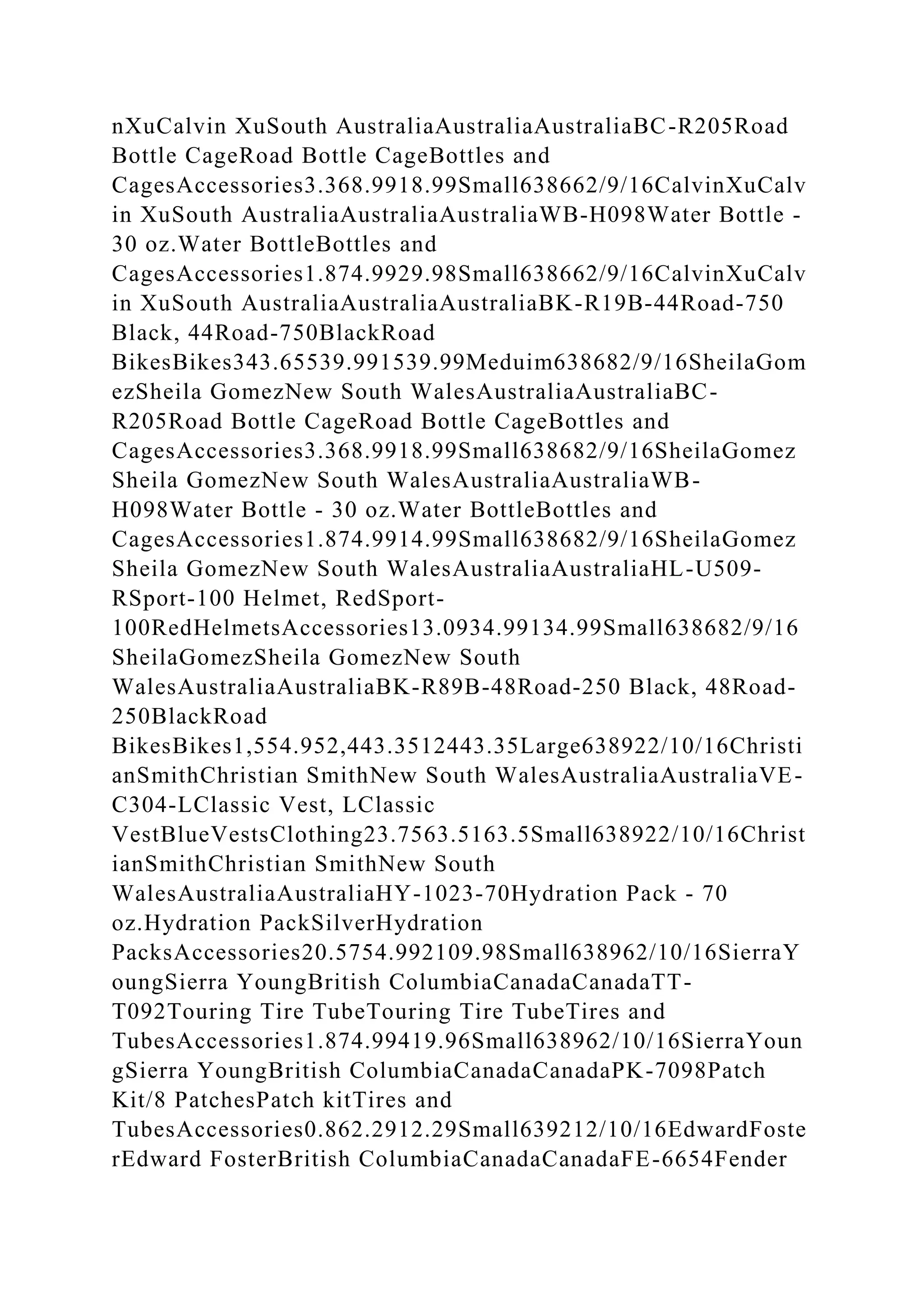 nXuCalvin XuSouth AustraliaAustraliaAustraliaBC-R205Road
Bottle CageRoad Bottle CageBottles and
CagesAccessories3.368.9918.99Small638662/9/16CalvinXuCalv
in XuSouth AustraliaAustraliaAustraliaWB-H098Water Bottle -
30 oz.Water BottleBottles and
CagesAccessories1.874.9929.98Small638662/9/16CalvinXuCalv
in XuSouth AustraliaAustraliaAustraliaBK-R19B-44Road-750
Black, 44Road-750BlackRoad
BikesBikes343.65539.991539.99Meduim638682/9/16SheilaGom
ezSheila GomezNew South WalesAustraliaAustraliaBC-
R205Road Bottle CageRoad Bottle CageBottles and
CagesAccessories3.368.9918.99Small638682/9/16SheilaGomez
Sheila GomezNew South WalesAustraliaAustraliaWB-
H098Water Bottle - 30 oz.Water BottleBottles and
CagesAccessories1.874.9914.99Small638682/9/16SheilaGomez
Sheila GomezNew South WalesAustraliaAustraliaHL-U509-
RSport-100 Helmet, RedSport-
100RedHelmetsAccessories13.0934.99134.99Small638682/9/16
SheilaGomezSheila GomezNew South
WalesAustraliaAustraliaBK-R89B-48Road-250 Black, 48Road-
250BlackRoad
BikesBikes1,554.952,443.3512443.35Large638922/10/16Christi
anSmithChristian SmithNew South WalesAustraliaAustraliaVE-
C304-LClassic Vest, LClassic
VestBlueVestsClothing23.7563.5163.5Small638922/10/16Christ
ianSmithChristian SmithNew South
WalesAustraliaAustraliaHY-1023-70Hydration Pack - 70
oz.Hydration PackSilverHydration
PacksAccessories20.5754.992109.98Small638962/10/16SierraY
oungSierra YoungBritish ColumbiaCanadaCanadaTT-
T092Touring Tire TubeTouring Tire TubeTires and
TubesAccessories1.874.99419.96Small638962/10/16SierraYoun
gSierra YoungBritish ColumbiaCanadaCanadaPK-7098Patch
Kit/8 PatchesPatch kitTires and
TubesAccessories0.862.2912.29Small639212/10/16EdwardFoste
rEdward FosterBritish ColumbiaCanadaCanadaFE-6654Fender
 