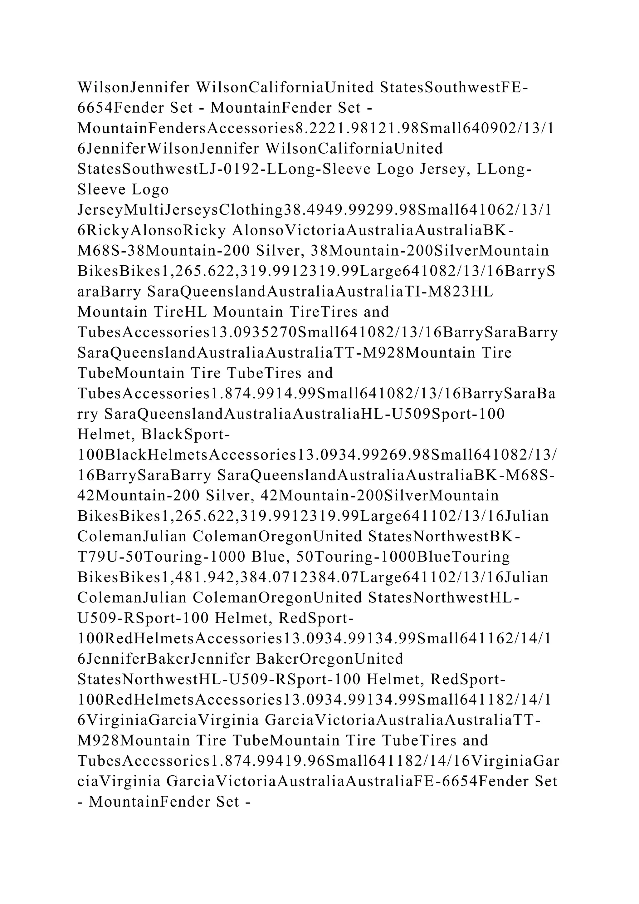 WilsonJennifer WilsonCaliforniaUnited StatesSouthwestFE-
6654Fender Set - MountainFender Set -
MountainFendersAccessories8.2221.98121.98Small640902/13/1
6JenniferWilsonJennifer WilsonCaliforniaUnited
StatesSouthwestLJ-0192-LLong-Sleeve Logo Jersey, LLong-
Sleeve Logo
JerseyMultiJerseysClothing38.4949.99299.98Small641062/13/1
6RickyAlonsoRicky AlonsoVictoriaAustraliaAustraliaBK-
M68S-38Mountain-200 Silver, 38Mountain-200SilverMountain
BikesBikes1,265.622,319.9912319.99Large641082/13/16BarryS
araBarry SaraQueenslandAustraliaAustraliaTI-M823HL
Mountain TireHL Mountain TireTires and
TubesAccessories13.0935270Small641082/13/16BarrySaraBarry
SaraQueenslandAustraliaAustraliaTT-M928Mountain Tire
TubeMountain Tire TubeTires and
TubesAccessories1.874.9914.99Small641082/13/16BarrySaraBa
rry SaraQueenslandAustraliaAustraliaHL-U509Sport-100
Helmet, BlackSport-
100BlackHelmetsAccessories13.0934.99269.98Small641082/13/
16BarrySaraBarry SaraQueenslandAustraliaAustraliaBK-M68S-
42Mountain-200 Silver, 42Mountain-200SilverMountain
BikesBikes1,265.622,319.9912319.99Large641102/13/16Julian
ColemanJulian ColemanOregonUnited StatesNorthwestBK-
T79U-50Touring-1000 Blue, 50Touring-1000BlueTouring
BikesBikes1,481.942,384.0712384.07Large641102/13/16Julian
ColemanJulian ColemanOregonUnited StatesNorthwestHL-
U509-RSport-100 Helmet, RedSport-
100RedHelmetsAccessories13.0934.99134.99Small641162/14/1
6JenniferBakerJennifer BakerOregonUnited
StatesNorthwestHL-U509-RSport-100 Helmet, RedSport-
100RedHelmetsAccessories13.0934.99134.99Small641182/14/1
6VirginiaGarciaVirginia GarciaVictoriaAustraliaAustraliaTT-
M928Mountain Tire TubeMountain Tire TubeTires and
TubesAccessories1.874.99419.96Small641182/14/16VirginiaGar
ciaVirginia GarciaVictoriaAustraliaAustraliaFE-6654Fender Set
- MountainFender Set -
 