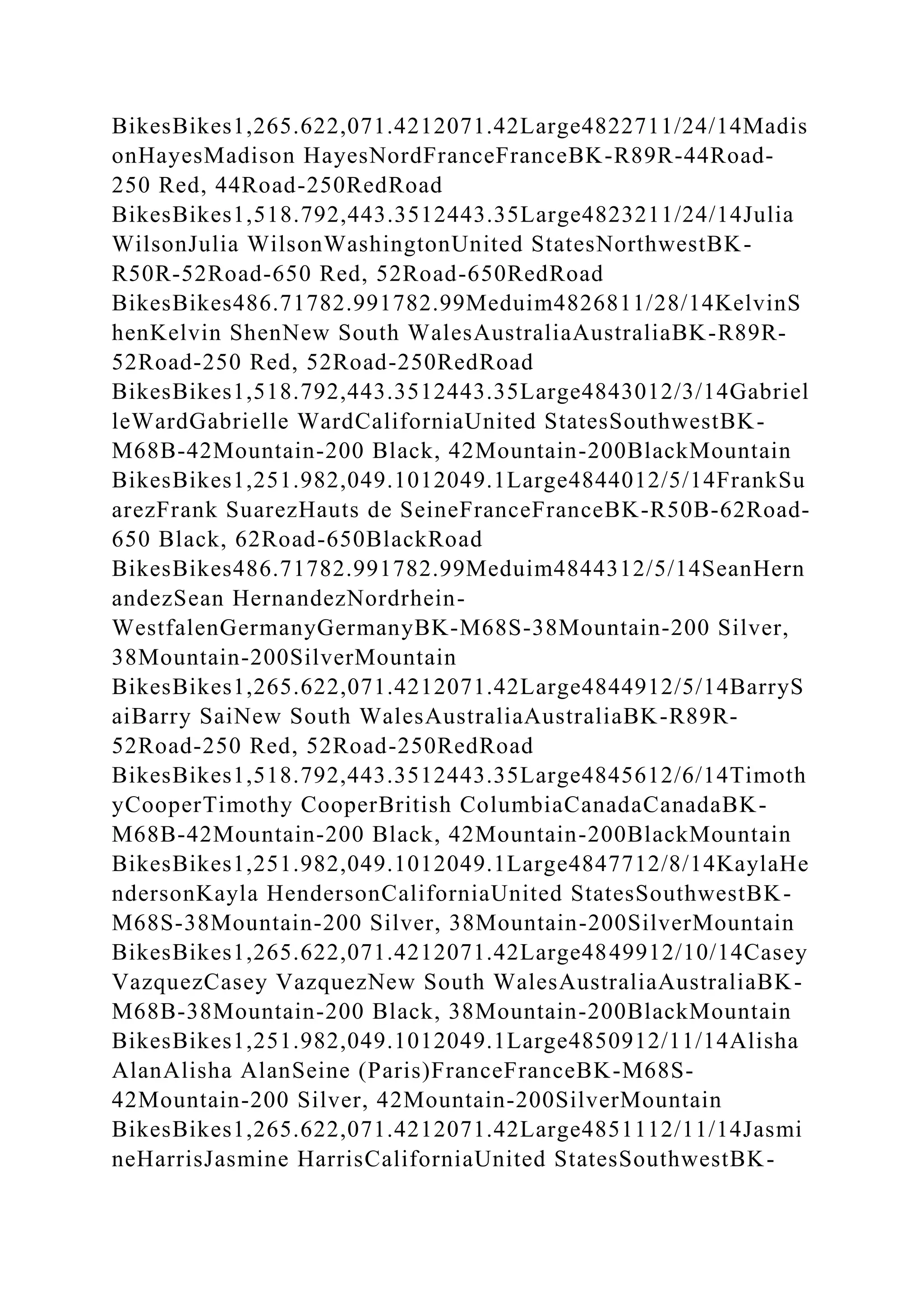 BikesBikes1,265.622,071.4212071.42Large4822711/24/14Madis
onHayesMadison HayesNordFranceFranceBK-R89R-44Road-
250 Red, 44Road-250RedRoad
BikesBikes1,518.792,443.3512443.35Large4823211/24/14Julia
WilsonJulia WilsonWashingtonUnited StatesNorthwestBK-
R50R-52Road-650 Red, 52Road-650RedRoad
BikesBikes486.71782.991782.99Meduim4826811/28/14KelvinS
henKelvin ShenNew South WalesAustraliaAustraliaBK-R89R-
52Road-250 Red, 52Road-250RedRoad
BikesBikes1,518.792,443.3512443.35Large4843012/3/14Gabriel
leWardGabrielle WardCaliforniaUnited StatesSouthwestBK-
M68B-42Mountain-200 Black, 42Mountain-200BlackMountain
BikesBikes1,251.982,049.1012049.1Large4844012/5/14FrankSu
arezFrank SuarezHauts de SeineFranceFranceBK-R50B-62Road-
650 Black, 62Road-650BlackRoad
BikesBikes486.71782.991782.99Meduim4844312/5/14SeanHern
andezSean HernandezNordrhein-
WestfalenGermanyGermanyBK-M68S-38Mountain-200 Silver,
38Mountain-200SilverMountain
BikesBikes1,265.622,071.4212071.42Large4844912/5/14BarryS
aiBarry SaiNew South WalesAustraliaAustraliaBK-R89R-
52Road-250 Red, 52Road-250RedRoad
BikesBikes1,518.792,443.3512443.35Large4845612/6/14Timoth
yCooperTimothy CooperBritish ColumbiaCanadaCanadaBK-
M68B-42Mountain-200 Black, 42Mountain-200BlackMountain
BikesBikes1,251.982,049.1012049.1Large4847712/8/14KaylaHe
ndersonKayla HendersonCaliforniaUnited StatesSouthwestBK-
M68S-38Mountain-200 Silver, 38Mountain-200SilverMountain
BikesBikes1,265.622,071.4212071.42Large4849912/10/14Casey
VazquezCasey VazquezNew South WalesAustraliaAustraliaBK-
M68B-38Mountain-200 Black, 38Mountain-200BlackMountain
BikesBikes1,251.982,049.1012049.1Large4850912/11/14Alisha
AlanAlisha AlanSeine (Paris)FranceFranceBK-M68S-
42Mountain-200 Silver, 42Mountain-200SilverMountain
BikesBikes1,265.622,071.4212071.42Large4851112/11/14Jasmi
neHarrisJasmine HarrisCaliforniaUnited StatesSouthwestBK-
 
