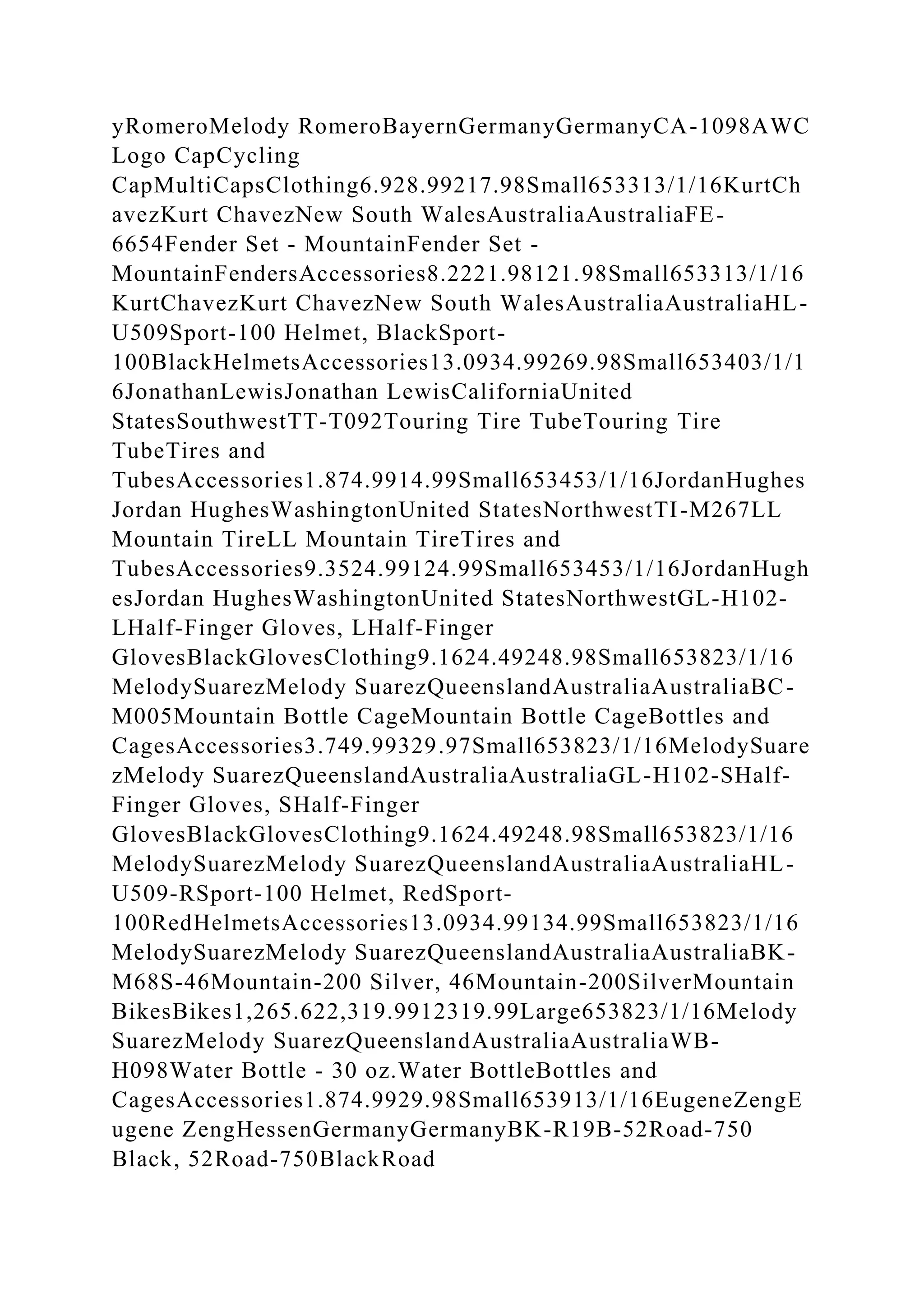 yRomeroMelody RomeroBayernGermanyGermanyCA-1098AWC
Logo CapCycling
CapMultiCapsClothing6.928.99217.98Small653313/1/16KurtCh
avezKurt ChavezNew South WalesAustraliaAustraliaFE-
6654Fender Set - MountainFender Set -
MountainFendersAccessories8.2221.98121.98Small653313/1/16
KurtChavezKurt ChavezNew South WalesAustraliaAustraliaHL-
U509Sport-100 Helmet, BlackSport-
100BlackHelmetsAccessories13.0934.99269.98Small653403/1/1
6JonathanLewisJonathan LewisCaliforniaUnited
StatesSouthwestTT-T092Touring Tire TubeTouring Tire
TubeTires and
TubesAccessories1.874.9914.99Small653453/1/16JordanHughes
Jordan HughesWashingtonUnited StatesNorthwestTI-M267LL
Mountain TireLL Mountain TireTires and
TubesAccessories9.3524.99124.99Small653453/1/16JordanHugh
esJordan HughesWashingtonUnited StatesNorthwestGL-H102-
LHalf-Finger Gloves, LHalf-Finger
GlovesBlackGlovesClothing9.1624.49248.98Small653823/1/16
MelodySuarezMelody SuarezQueenslandAustraliaAustraliaBC-
M005Mountain Bottle CageMountain Bottle CageBottles and
CagesAccessories3.749.99329.97Small653823/1/16MelodySuare
zMelody SuarezQueenslandAustraliaAustraliaGL-H102-SHalf-
Finger Gloves, SHalf-Finger
GlovesBlackGlovesClothing9.1624.49248.98Small653823/1/16
MelodySuarezMelody SuarezQueenslandAustraliaAustraliaHL-
U509-RSport-100 Helmet, RedSport-
100RedHelmetsAccessories13.0934.99134.99Small653823/1/16
MelodySuarezMelody SuarezQueenslandAustraliaAustraliaBK-
M68S-46Mountain-200 Silver, 46Mountain-200SilverMountain
BikesBikes1,265.622,319.9912319.99Large653823/1/16Melody
SuarezMelody SuarezQueenslandAustraliaAustraliaWB-
H098Water Bottle - 30 oz.Water BottleBottles and
CagesAccessories1.874.9929.98Small653913/1/16EugeneZengE
ugene ZengHessenGermanyGermanyBK-R19B-52Road-750
Black, 52Road-750BlackRoad
 