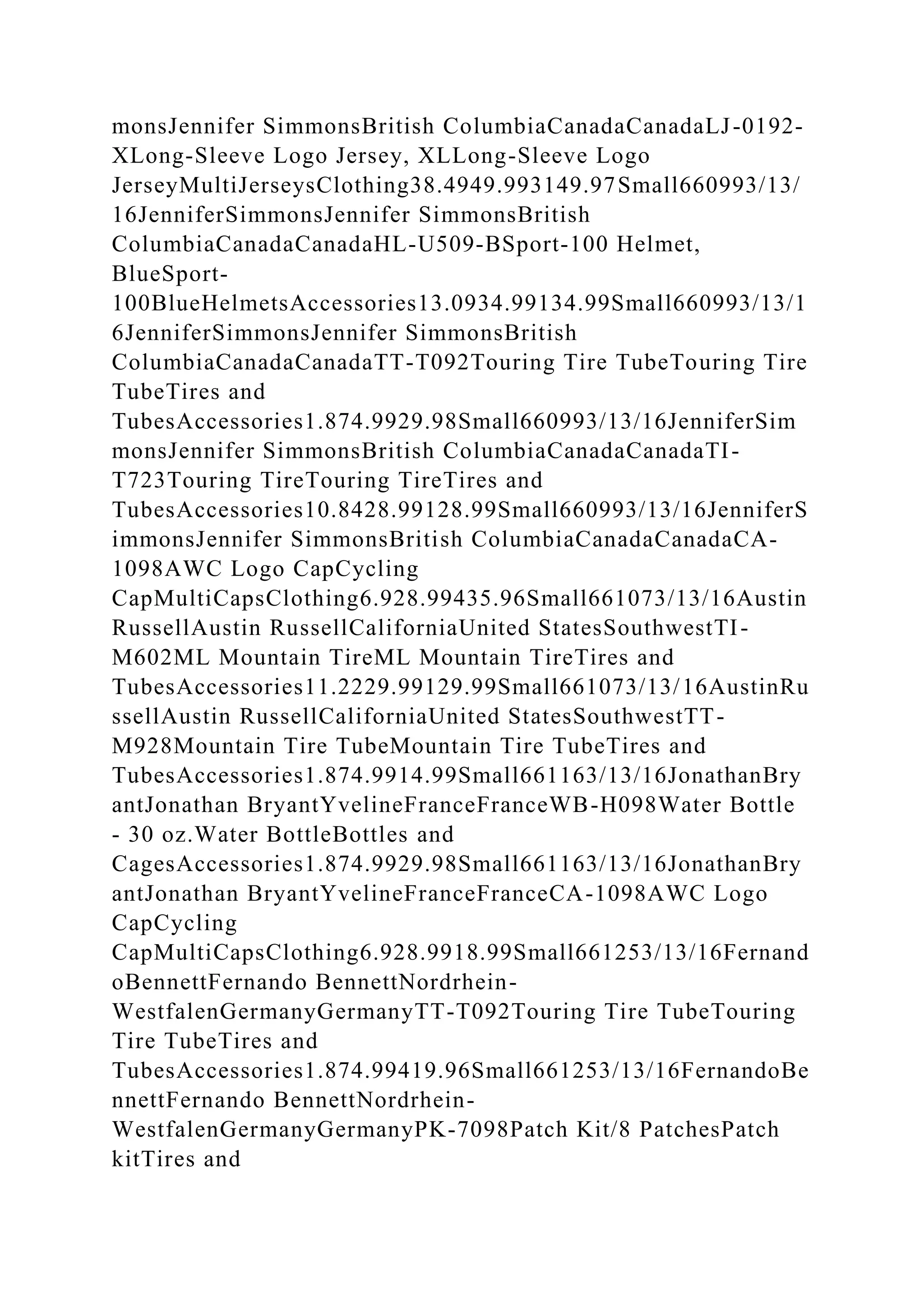 monsJennifer SimmonsBritish ColumbiaCanadaCanadaLJ-0192-
XLong-Sleeve Logo Jersey, XLLong-Sleeve Logo
JerseyMultiJerseysClothing38.4949.993149.97Small660993/13/
16JenniferSimmonsJennifer SimmonsBritish
ColumbiaCanadaCanadaHL-U509-BSport-100 Helmet,
BlueSport-
100BlueHelmetsAccessories13.0934.99134.99Small660993/13/1
6JenniferSimmonsJennifer SimmonsBritish
ColumbiaCanadaCanadaTT-T092Touring Tire TubeTouring Tire
TubeTires and
TubesAccessories1.874.9929.98Small660993/13/16JenniferSim
monsJennifer SimmonsBritish ColumbiaCanadaCanadaTI-
T723Touring TireTouring TireTires and
TubesAccessories10.8428.99128.99Small660993/13/16JenniferS
immonsJennifer SimmonsBritish ColumbiaCanadaCanadaCA-
1098AWC Logo CapCycling
CapMultiCapsClothing6.928.99435.96Small661073/13/16Austin
RussellAustin RussellCaliforniaUnited StatesSouthwestTI-
M602ML Mountain TireML Mountain TireTires and
TubesAccessories11.2229.99129.99Small661073/13/16AustinRu
ssellAustin RussellCaliforniaUnited StatesSouthwestTT-
M928Mountain Tire TubeMountain Tire TubeTires and
TubesAccessories1.874.9914.99Small661163/13/16JonathanBry
antJonathan BryantYvelineFranceFranceWB-H098Water Bottle
- 30 oz.Water BottleBottles and
CagesAccessories1.874.9929.98Small661163/13/16JonathanBry
antJonathan BryantYvelineFranceFranceCA-1098AWC Logo
CapCycling
CapMultiCapsClothing6.928.9918.99Small661253/13/16Fernand
oBennettFernando BennettNordrhein-
WestfalenGermanyGermanyTT-T092Touring Tire TubeTouring
Tire TubeTires and
TubesAccessories1.874.99419.96Small661253/13/16FernandoBe
nnettFernando BennettNordrhein-
WestfalenGermanyGermanyPK-7098Patch Kit/8 PatchesPatch
kitTires and
 