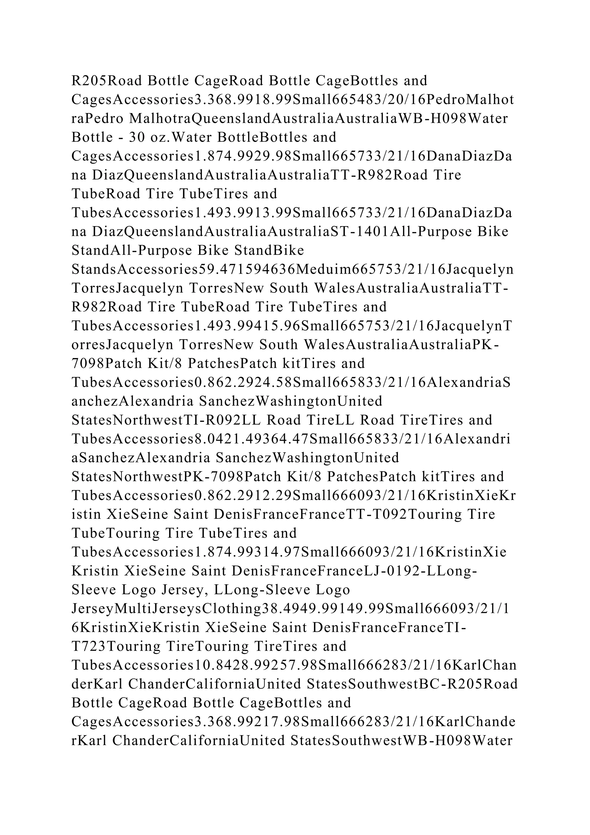 R205Road Bottle CageRoad Bottle CageBottles and
CagesAccessories3.368.9918.99Small665483/20/16PedroMalhot
raPedro MalhotraQueenslandAustraliaAustraliaWB-H098Water
Bottle - 30 oz.Water BottleBottles and
CagesAccessories1.874.9929.98Small665733/21/16DanaDiazDa
na DiazQueenslandAustraliaAustraliaTT-R982Road Tire
TubeRoad Tire TubeTires and
TubesAccessories1.493.9913.99Small665733/21/16DanaDiazDa
na DiazQueenslandAustraliaAustraliaST-1401All-Purpose Bike
StandAll-Purpose Bike StandBike
StandsAccessories59.471594636Meduim665753/21/16Jacquelyn
TorresJacquelyn TorresNew South WalesAustraliaAustraliaTT-
R982Road Tire TubeRoad Tire TubeTires and
TubesAccessories1.493.99415.96Small665753/21/16JacquelynT
orresJacquelyn TorresNew South WalesAustraliaAustraliaPK-
7098Patch Kit/8 PatchesPatch kitTires and
TubesAccessories0.862.2924.58Small665833/21/16AlexandriaS
anchezAlexandria SanchezWashingtonUnited
StatesNorthwestTI-R092LL Road TireLL Road TireTires and
TubesAccessories8.0421.49364.47Small665833/21/16Alexandri
aSanchezAlexandria SanchezWashingtonUnited
StatesNorthwestPK-7098Patch Kit/8 PatchesPatch kitTires and
TubesAccessories0.862.2912.29Small666093/21/16KristinXieKr
istin XieSeine Saint DenisFranceFranceTT-T092Touring Tire
TubeTouring Tire TubeTires and
TubesAccessories1.874.99314.97Small666093/21/16KristinXie
Kristin XieSeine Saint DenisFranceFranceLJ-0192-LLong-
Sleeve Logo Jersey, LLong-Sleeve Logo
JerseyMultiJerseysClothing38.4949.99149.99Small666093/21/1
6KristinXieKristin XieSeine Saint DenisFranceFranceTI-
T723Touring TireTouring TireTires and
TubesAccessories10.8428.99257.98Small666283/21/16KarlChan
derKarl ChanderCaliforniaUnited StatesSouthwestBC-R205Road
Bottle CageRoad Bottle CageBottles and
CagesAccessories3.368.99217.98Small666283/21/16KarlChande
rKarl ChanderCaliforniaUnited StatesSouthwestWB-H098Water
 