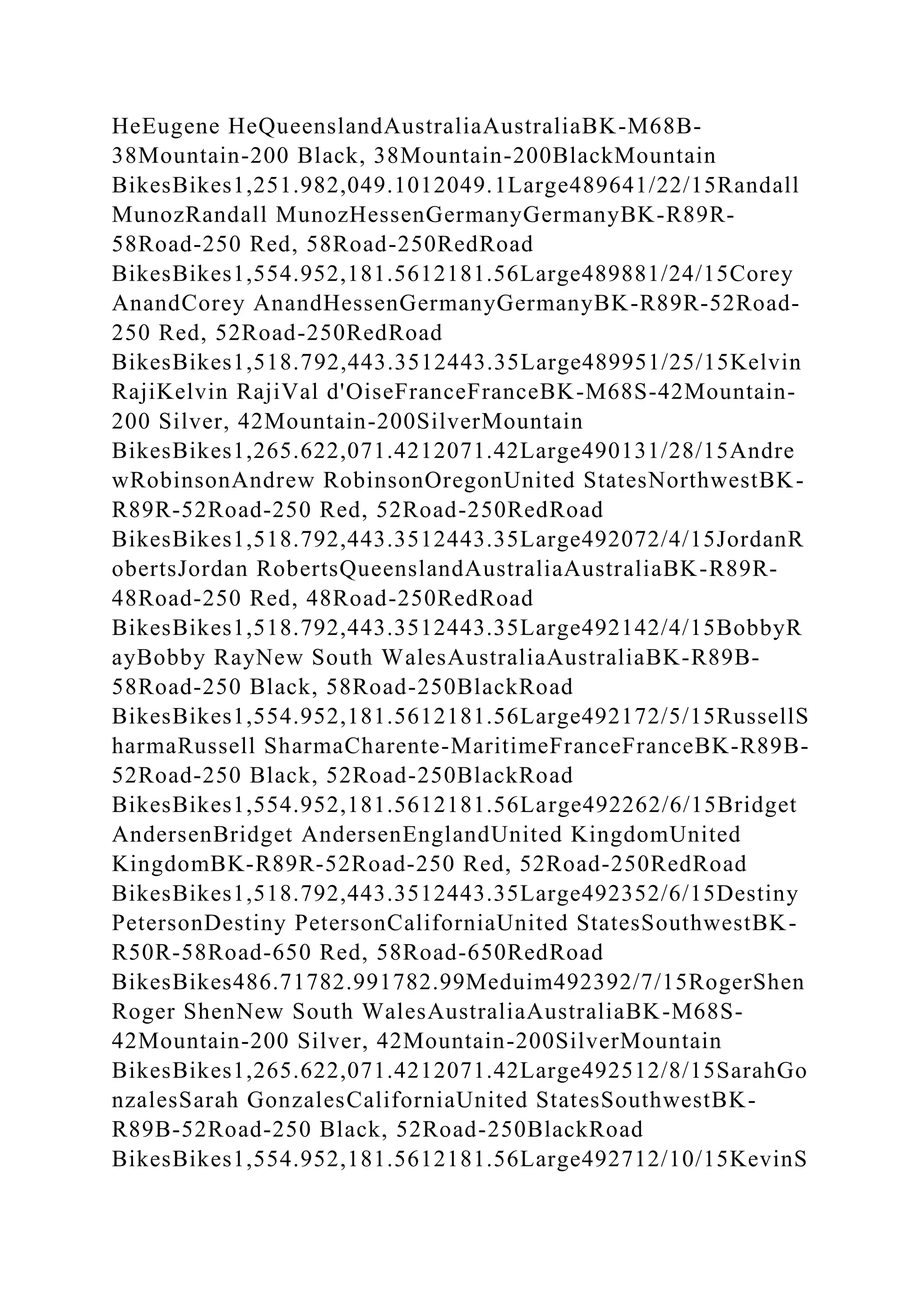 HeEugene HeQueenslandAustraliaAustraliaBK-M68B-
38Mountain-200 Black, 38Mountain-200BlackMountain
BikesBikes1,251.982,049.1012049.1Large489641/22/15Randall
MunozRandall MunozHessenGermanyGermanyBK-R89R-
58Road-250 Red, 58Road-250RedRoad
BikesBikes1,554.952,181.5612181.56Large489881/24/15Corey
AnandCorey AnandHessenGermanyGermanyBK-R89R-52Road-
250 Red, 52Road-250RedRoad
BikesBikes1,518.792,443.3512443.35Large489951/25/15Kelvin
RajiKelvin RajiVal d'OiseFranceFranceBK-M68S-42Mountain-
200 Silver, 42Mountain-200SilverMountain
BikesBikes1,265.622,071.4212071.42Large490131/28/15Andre
wRobinsonAndrew RobinsonOregonUnited StatesNorthwestBK-
R89R-52Road-250 Red, 52Road-250RedRoad
BikesBikes1,518.792,443.3512443.35Large492072/4/15JordanR
obertsJordan RobertsQueenslandAustraliaAustraliaBK-R89R-
48Road-250 Red, 48Road-250RedRoad
BikesBikes1,518.792,443.3512443.35Large492142/4/15BobbyR
ayBobby RayNew South WalesAustraliaAustraliaBK-R89B-
58Road-250 Black, 58Road-250BlackRoad
BikesBikes1,554.952,181.5612181.56Large492172/5/15RussellS
harmaRussell SharmaCharente-MaritimeFranceFranceBK-R89B-
52Road-250 Black, 52Road-250BlackRoad
BikesBikes1,554.952,181.5612181.56Large492262/6/15Bridget
AndersenBridget AndersenEnglandUnited KingdomUnited
KingdomBK-R89R-52Road-250 Red, 52Road-250RedRoad
BikesBikes1,518.792,443.3512443.35Large492352/6/15Destiny
PetersonDestiny PetersonCaliforniaUnited StatesSouthwestBK-
R50R-58Road-650 Red, 58Road-650RedRoad
BikesBikes486.71782.991782.99Meduim492392/7/15RogerShen
Roger ShenNew South WalesAustraliaAustraliaBK-M68S-
42Mountain-200 Silver, 42Mountain-200SilverMountain
BikesBikes1,265.622,071.4212071.42Large492512/8/15SarahGo
nzalesSarah GonzalesCaliforniaUnited StatesSouthwestBK-
R89B-52Road-250 Black, 52Road-250BlackRoad
BikesBikes1,554.952,181.5612181.56Large492712/10/15KevinS
 