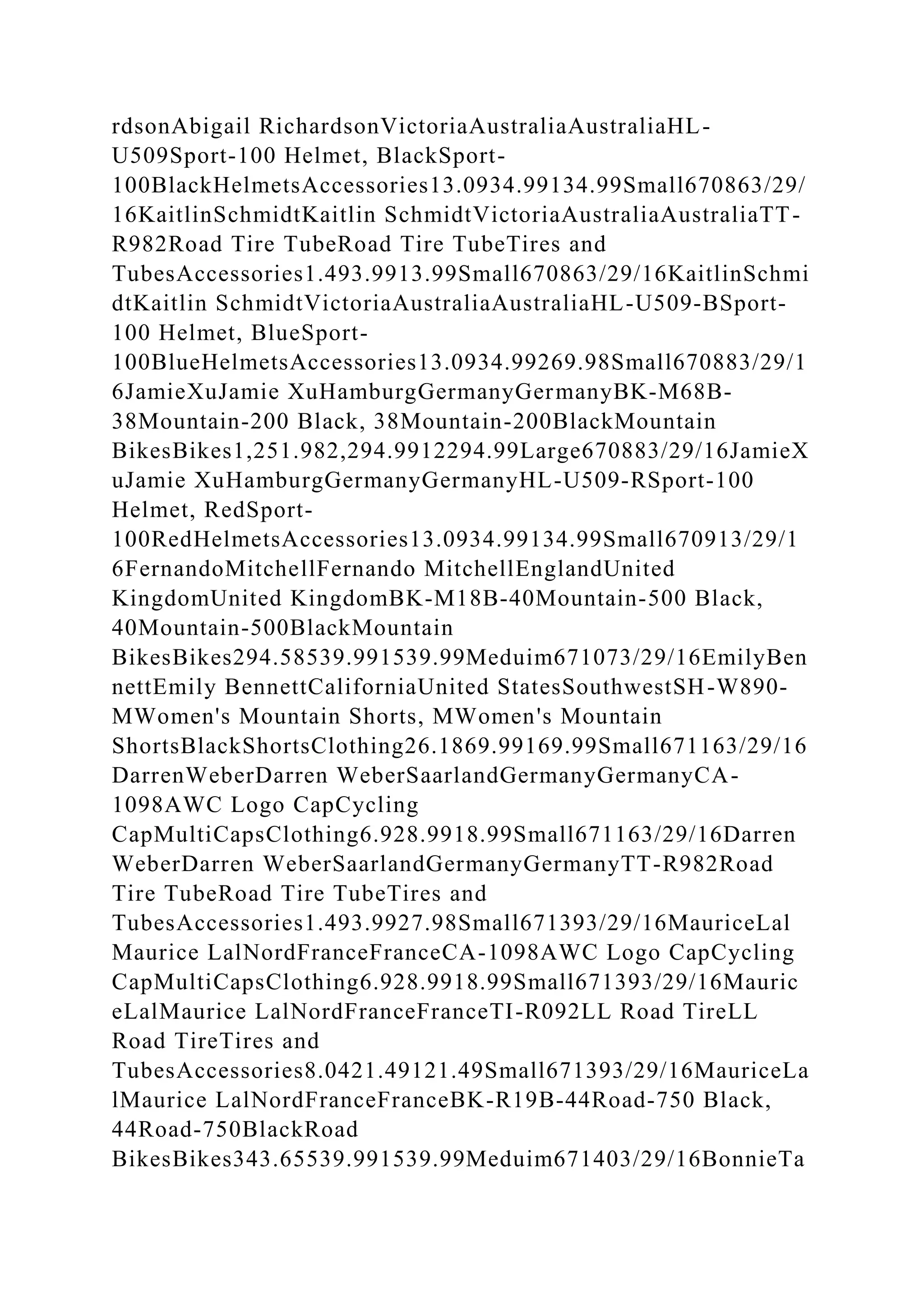 rdsonAbigail RichardsonVictoriaAustraliaAustraliaHL-
U509Sport-100 Helmet, BlackSport-
100BlackHelmetsAccessories13.0934.99134.99Small670863/29/
16KaitlinSchmidtKaitlin SchmidtVictoriaAustraliaAustraliaTT-
R982Road Tire TubeRoad Tire TubeTires and
TubesAccessories1.493.9913.99Small670863/29/16KaitlinSchmi
dtKaitlin SchmidtVictoriaAustraliaAustraliaHL-U509-BSport-
100 Helmet, BlueSport-
100BlueHelmetsAccessories13.0934.99269.98Small670883/29/1
6JamieXuJamie XuHamburgGermanyGermanyBK-M68B-
38Mountain-200 Black, 38Mountain-200BlackMountain
BikesBikes1,251.982,294.9912294.99Large670883/29/16JamieX
uJamie XuHamburgGermanyGermanyHL-U509-RSport-100
Helmet, RedSport-
100RedHelmetsAccessories13.0934.99134.99Small670913/29/1
6FernandoMitchellFernando MitchellEnglandUnited
KingdomUnited KingdomBK-M18B-40Mountain-500 Black,
40Mountain-500BlackMountain
BikesBikes294.58539.991539.99Meduim671073/29/16EmilyBen
nettEmily BennettCaliforniaUnited StatesSouthwestSH-W890-
MWomen's Mountain Shorts, MWomen's Mountain
ShortsBlackShortsClothing26.1869.99169.99Small671163/29/16
DarrenWeberDarren WeberSaarlandGermanyGermanyCA-
1098AWC Logo CapCycling
CapMultiCapsClothing6.928.9918.99Small671163/29/16Darren
WeberDarren WeberSaarlandGermanyGermanyTT-R982Road
Tire TubeRoad Tire TubeTires and
TubesAccessories1.493.9927.98Small671393/29/16MauriceLal
Maurice LalNordFranceFranceCA-1098AWC Logo CapCycling
CapMultiCapsClothing6.928.9918.99Small671393/29/16Mauric
eLalMaurice LalNordFranceFranceTI-R092LL Road TireLL
Road TireTires and
TubesAccessories8.0421.49121.49Small671393/29/16MauriceLa
lMaurice LalNordFranceFranceBK-R19B-44Road-750 Black,
44Road-750BlackRoad
BikesBikes343.65539.991539.99Meduim671403/29/16BonnieTa
 