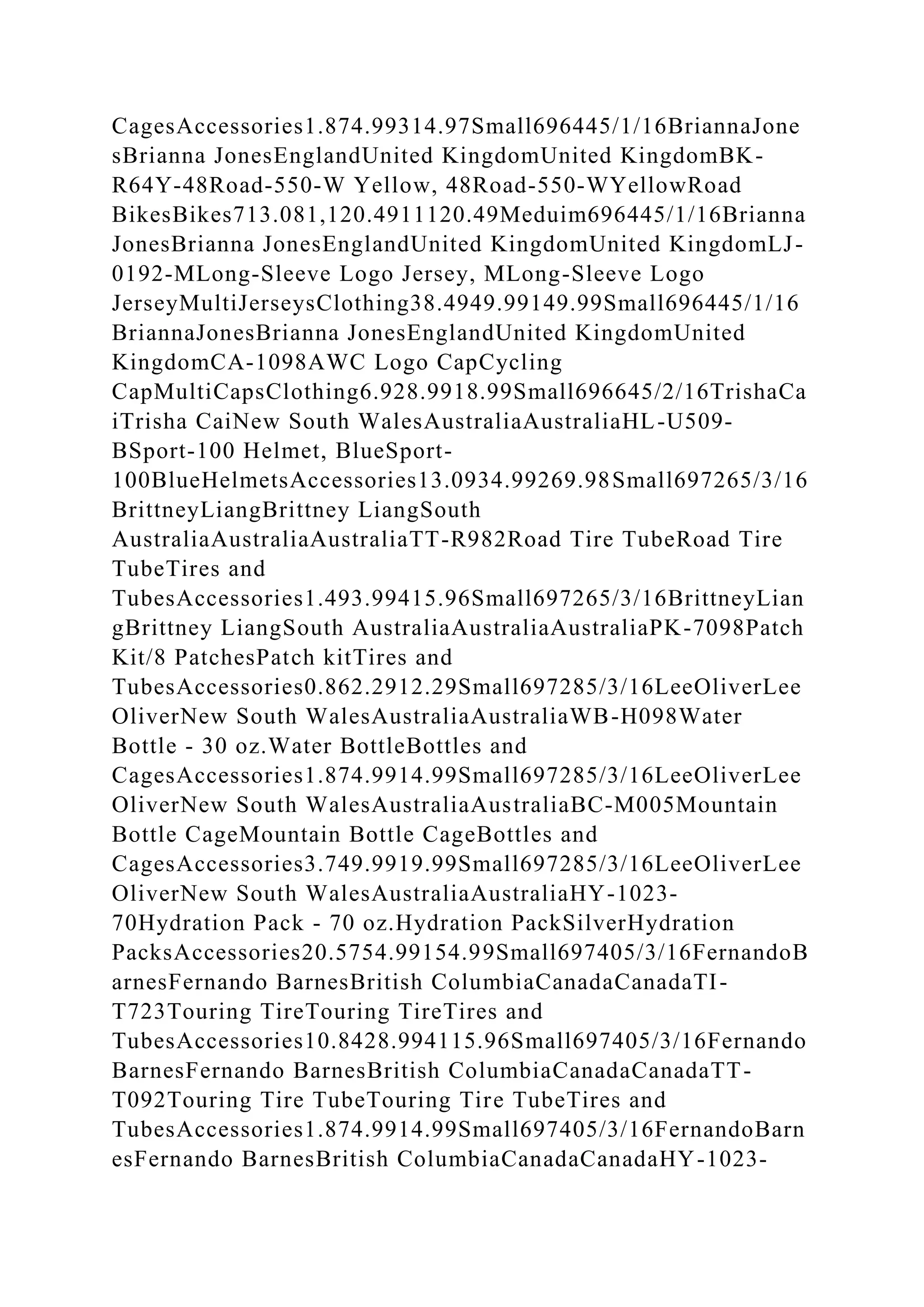 CagesAccessories1.874.99314.97Small696445/1/16BriannaJone
sBrianna JonesEnglandUnited KingdomUnited KingdomBK-
R64Y-48Road-550-W Yellow, 48Road-550-WYellowRoad
BikesBikes713.081,120.4911120.49Meduim696445/1/16Brianna
JonesBrianna JonesEnglandUnited KingdomUnited KingdomLJ-
0192-MLong-Sleeve Logo Jersey, MLong-Sleeve Logo
JerseyMultiJerseysClothing38.4949.99149.99Small696445/1/16
BriannaJonesBrianna JonesEnglandUnited KingdomUnited
KingdomCA-1098AWC Logo CapCycling
CapMultiCapsClothing6.928.9918.99Small696645/2/16TrishaCa
iTrisha CaiNew South WalesAustraliaAustraliaHL-U509-
BSport-100 Helmet, BlueSport-
100BlueHelmetsAccessories13.0934.99269.98Small697265/3/16
BrittneyLiangBrittney LiangSouth
AustraliaAustraliaAustraliaTT-R982Road Tire TubeRoad Tire
TubeTires and
TubesAccessories1.493.99415.96Small697265/3/16BrittneyLian
gBrittney LiangSouth AustraliaAustraliaAustraliaPK-7098Patch
Kit/8 PatchesPatch kitTires and
TubesAccessories0.862.2912.29Small697285/3/16LeeOliverLee
OliverNew South WalesAustraliaAustraliaWB-H098Water
Bottle - 30 oz.Water BottleBottles and
CagesAccessories1.874.9914.99Small697285/3/16LeeOliverLee
OliverNew South WalesAustraliaAustraliaBC-M005Mountain
Bottle CageMountain Bottle CageBottles and
CagesAccessories3.749.9919.99Small697285/3/16LeeOliverLee
OliverNew South WalesAustraliaAustraliaHY-1023-
70Hydration Pack - 70 oz.Hydration PackSilverHydration
PacksAccessories20.5754.99154.99Small697405/3/16FernandoB
arnesFernando BarnesBritish ColumbiaCanadaCanadaTI-
T723Touring TireTouring TireTires and
TubesAccessories10.8428.994115.96Small697405/3/16Fernando
BarnesFernando BarnesBritish ColumbiaCanadaCanadaTT-
T092Touring Tire TubeTouring Tire TubeTires and
TubesAccessories1.874.9914.99Small697405/3/16FernandoBarn
esFernando BarnesBritish ColumbiaCanadaCanadaHY-1023-
 