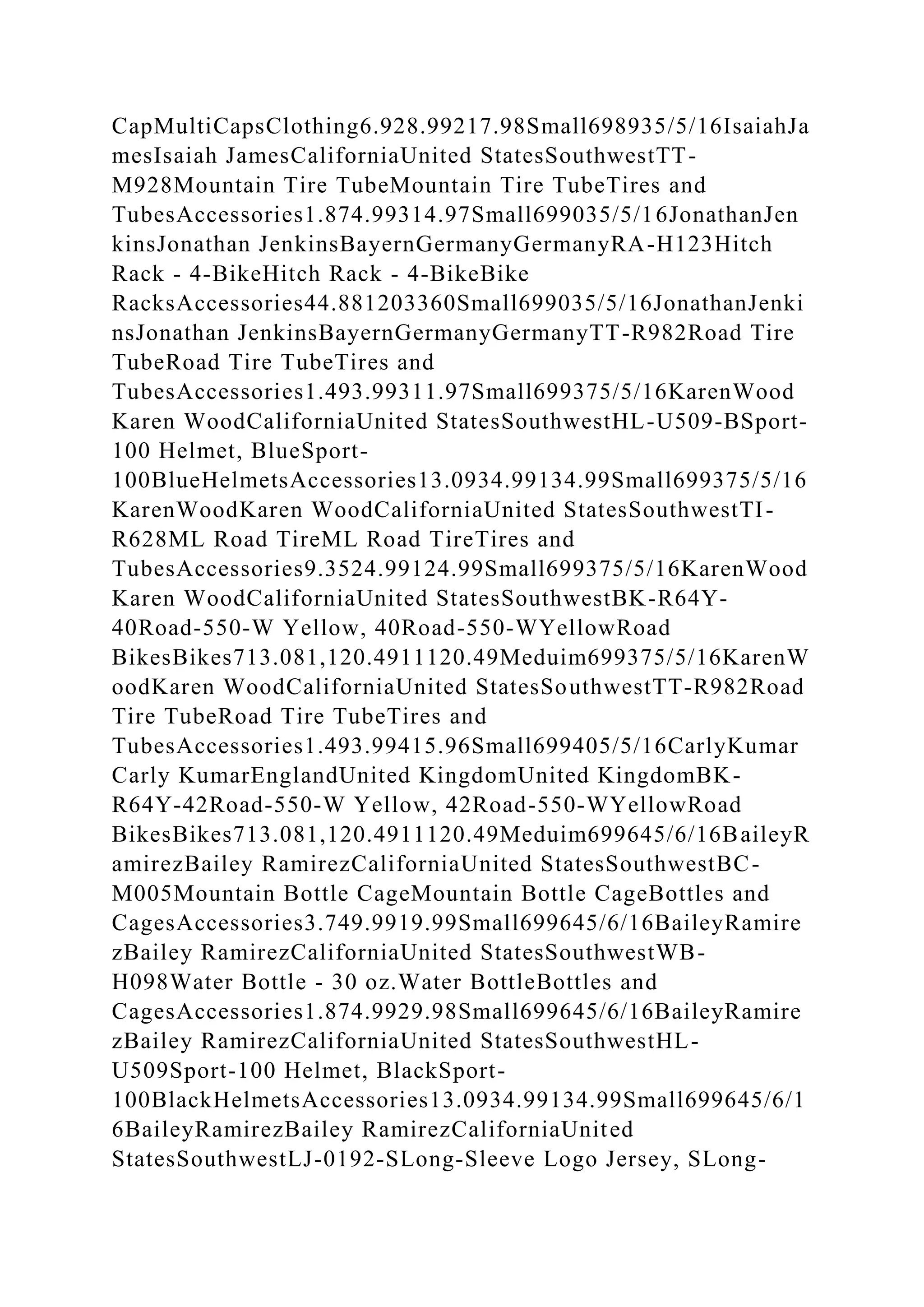 CapMultiCapsClothing6.928.99217.98Small698935/5/16IsaiahJa
mesIsaiah JamesCaliforniaUnited StatesSouthwestTT-
M928Mountain Tire TubeMountain Tire TubeTires and
TubesAccessories1.874.99314.97Small699035/5/16JonathanJen
kinsJonathan JenkinsBayernGermanyGermanyRA-H123Hitch
Rack - 4-BikeHitch Rack - 4-BikeBike
RacksAccessories44.881203360Small699035/5/16JonathanJenki
nsJonathan JenkinsBayernGermanyGermanyTT-R982Road Tire
TubeRoad Tire TubeTires and
TubesAccessories1.493.99311.97Small699375/5/16KarenWood
Karen WoodCaliforniaUnited StatesSouthwestHL-U509-BSport-
100 Helmet, BlueSport-
100BlueHelmetsAccessories13.0934.99134.99Small699375/5/16
KarenWoodKaren WoodCaliforniaUnited StatesSouthwestTI-
R628ML Road TireML Road TireTires and
TubesAccessories9.3524.99124.99Small699375/5/16KarenWood
Karen WoodCaliforniaUnited StatesSouthwestBK-R64Y-
40Road-550-W Yellow, 40Road-550-WYellowRoad
BikesBikes713.081,120.4911120.49Meduim699375/5/16KarenW
oodKaren WoodCaliforniaUnited StatesSouthwestTT-R982Road
Tire TubeRoad Tire TubeTires and
TubesAccessories1.493.99415.96Small699405/5/16CarlyKumar
Carly KumarEnglandUnited KingdomUnited KingdomBK-
R64Y-42Road-550-W Yellow, 42Road-550-WYellowRoad
BikesBikes713.081,120.4911120.49Meduim699645/6/16BaileyR
amirezBailey RamirezCaliforniaUnited StatesSouthwestBC-
M005Mountain Bottle CageMountain Bottle CageBottles and
CagesAccessories3.749.9919.99Small699645/6/16BaileyRamire
zBailey RamirezCaliforniaUnited StatesSouthwestWB-
H098Water Bottle - 30 oz.Water BottleBottles and
CagesAccessories1.874.9929.98Small699645/6/16BaileyRamire
zBailey RamirezCaliforniaUnited StatesSouthwestHL-
U509Sport-100 Helmet, BlackSport-
100BlackHelmetsAccessories13.0934.99134.99Small699645/6/1
6BaileyRamirezBailey RamirezCaliforniaUnited
StatesSouthwestLJ-0192-SLong-Sleeve Logo Jersey, SLong-
 
