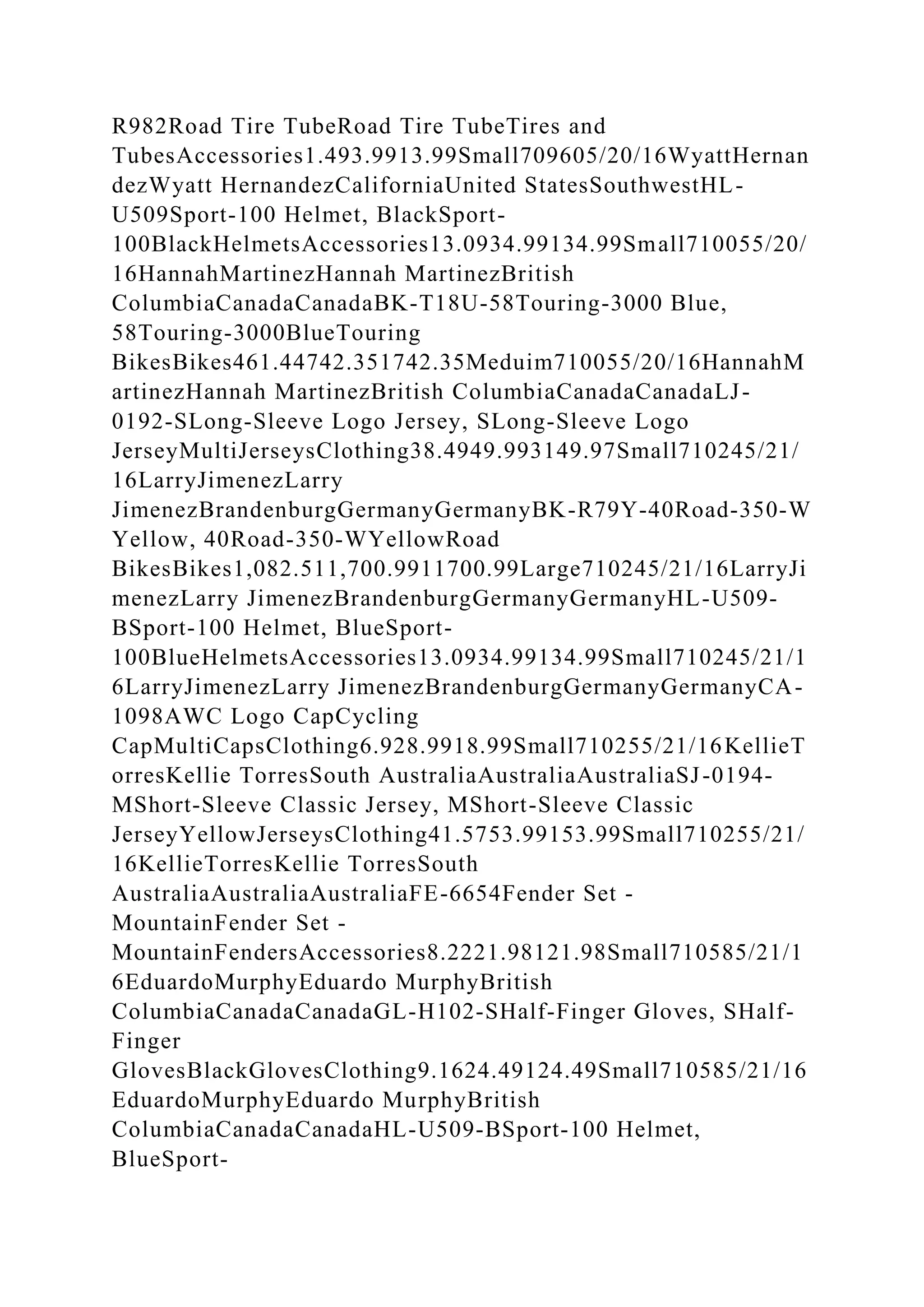 R982Road Tire TubeRoad Tire TubeTires and
TubesAccessories1.493.9913.99Small709605/20/16WyattHernan
dezWyatt HernandezCaliforniaUnited StatesSouthwestHL-
U509Sport-100 Helmet, BlackSport-
100BlackHelmetsAccessories13.0934.99134.99Small710055/20/
16HannahMartinezHannah MartinezBritish
ColumbiaCanadaCanadaBK-T18U-58Touring-3000 Blue,
58Touring-3000BlueTouring
BikesBikes461.44742.351742.35Meduim710055/20/16HannahM
artinezHannah MartinezBritish ColumbiaCanadaCanadaLJ-
0192-SLong-Sleeve Logo Jersey, SLong-Sleeve Logo
JerseyMultiJerseysClothing38.4949.993149.97Small710245/21/
16LarryJimenezLarry
JimenezBrandenburgGermanyGermanyBK-R79Y-40Road-350-W
Yellow, 40Road-350-WYellowRoad
BikesBikes1,082.511,700.9911700.99Large710245/21/16LarryJi
menezLarry JimenezBrandenburgGermanyGermanyHL-U509-
BSport-100 Helmet, BlueSport-
100BlueHelmetsAccessories13.0934.99134.99Small710245/21/1
6LarryJimenezLarry JimenezBrandenburgGermanyGermanyCA-
1098AWC Logo CapCycling
CapMultiCapsClothing6.928.9918.99Small710255/21/16KellieT
orresKellie TorresSouth AustraliaAustraliaAustraliaSJ-0194-
MShort-Sleeve Classic Jersey, MShort-Sleeve Classic
JerseyYellowJerseysClothing41.5753.99153.99Small710255/21/
16KellieTorresKellie TorresSouth
AustraliaAustraliaAustraliaFE-6654Fender Set -
MountainFender Set -
MountainFendersAccessories8.2221.98121.98Small710585/21/1
6EduardoMurphyEduardo MurphyBritish
ColumbiaCanadaCanadaGL-H102-SHalf-Finger Gloves, SHalf-
Finger
GlovesBlackGlovesClothing9.1624.49124.49Small710585/21/16
EduardoMurphyEduardo MurphyBritish
ColumbiaCanadaCanadaHL-U509-BSport-100 Helmet,
BlueSport-
 