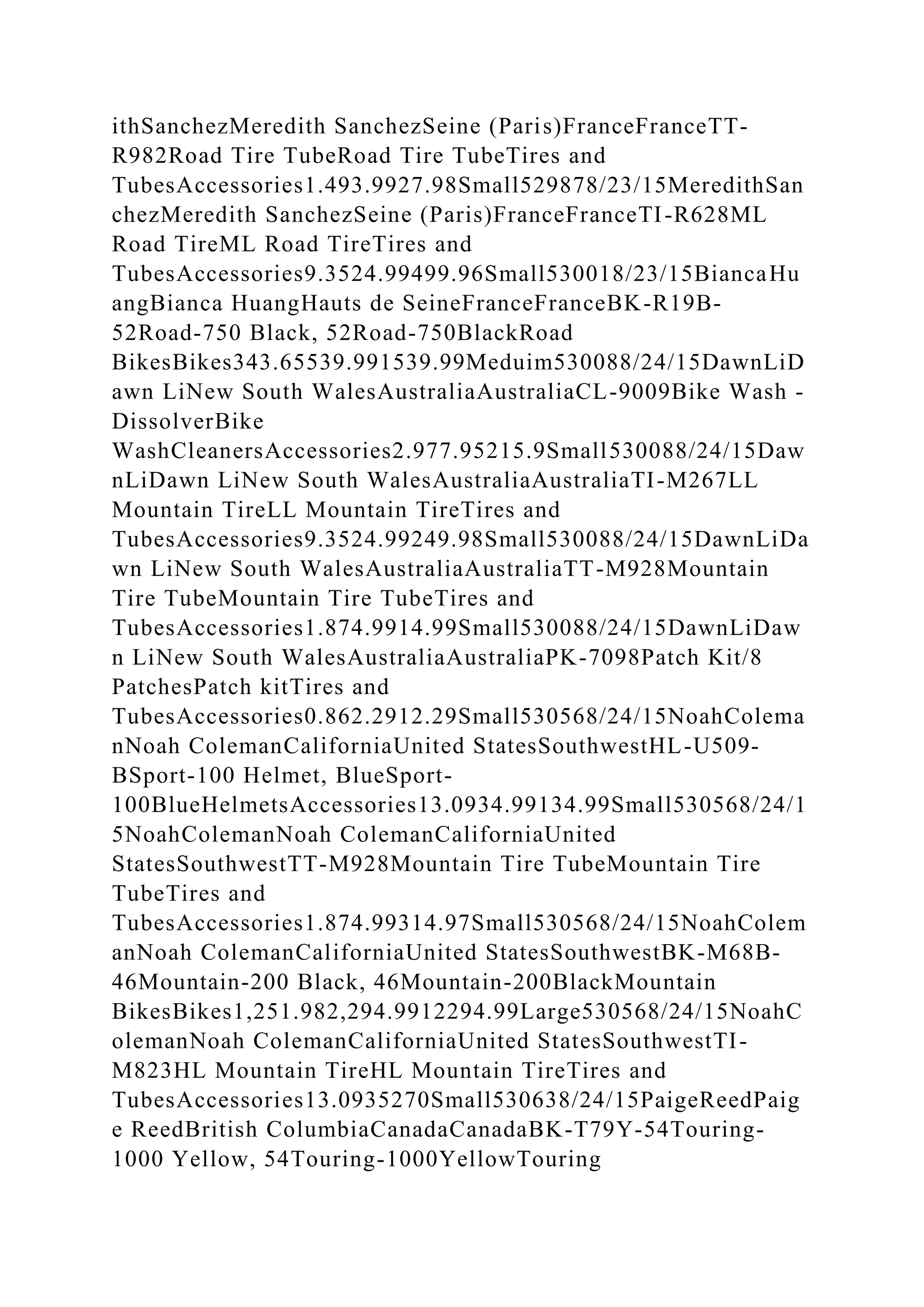 ithSanchezMeredith SanchezSeine (Paris)FranceFranceTT-
R982Road Tire TubeRoad Tire TubeTires and
TubesAccessories1.493.9927.98Small529878/23/15MeredithSan
chezMeredith SanchezSeine (Paris)FranceFranceTI-R628ML
Road TireML Road TireTires and
TubesAccessories9.3524.99499.96Small530018/23/15BiancaHu
angBianca HuangHauts de SeineFranceFranceBK-R19B-
52Road-750 Black, 52Road-750BlackRoad
BikesBikes343.65539.991539.99Meduim530088/24/15DawnLiD
awn LiNew South WalesAustraliaAustraliaCL-9009Bike Wash -
DissolverBike
WashCleanersAccessories2.977.95215.9Small530088/24/15Daw
nLiDawn LiNew South WalesAustraliaAustraliaTI-M267LL
Mountain TireLL Mountain TireTires and
TubesAccessories9.3524.99249.98Small530088/24/15DawnLiDa
wn LiNew South WalesAustraliaAustraliaTT-M928Mountain
Tire TubeMountain Tire TubeTires and
TubesAccessories1.874.9914.99Small530088/24/15DawnLiDaw
n LiNew South WalesAustraliaAustraliaPK-7098Patch Kit/8
PatchesPatch kitTires and
TubesAccessories0.862.2912.29Small530568/24/15NoahColema
nNoah ColemanCaliforniaUnited StatesSouthwestHL-U509-
BSport-100 Helmet, BlueSport-
100BlueHelmetsAccessories13.0934.99134.99Small530568/24/1
5NoahColemanNoah ColemanCaliforniaUnited
StatesSouthwestTT-M928Mountain Tire TubeMountain Tire
TubeTires and
TubesAccessories1.874.99314.97Small530568/24/15NoahColem
anNoah ColemanCaliforniaUnited StatesSouthwestBK-M68B-
46Mountain-200 Black, 46Mountain-200BlackMountain
BikesBikes1,251.982,294.9912294.99Large530568/24/15NoahC
olemanNoah ColemanCaliforniaUnited StatesSouthwestTI-
M823HL Mountain TireHL Mountain TireTires and
TubesAccessories13.0935270Small530638/24/15PaigeReedPaig
e ReedBritish ColumbiaCanadaCanadaBK-T79Y-54Touring-
1000 Yellow, 54Touring-1000YellowTouring
 