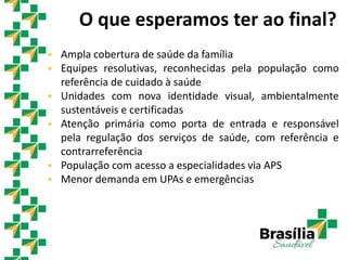  Ampla cobertura de saúde da família
 Equipes resolutivas, reconhecidas pela população como
referência de cuidado à saúde
 Unidades com nova identidade visual, ambientalmente
sustentáveis e certificadas
 Atenção primária como porta de entrada e responsável
pela regulação dos serviços de saúde, com referência e
contrarreferência
 População com acesso a especialidades via APS
 Menor demanda em UPAs e emergências
O que esperamos ter ao final?
 