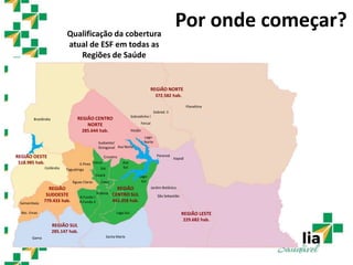 REGIÃO
SUDOESTE
779.433 hab.
REGIÃO CENTRO
NORTE
285.644 hab.
REGIÃO OESTE
518.985 hab.
REGIÃO NORTE
372.582 hab.
REGIÃO
CENTRO SUL
443.358 hab.
Planaltina
Sobrad. II
Brazlândia
Ceilândia
Samambaia
Rec. Emas
Taguatinga
Lago
Sul
Lago Sul
Lago
Norte
Varjão
Asa Norte
Cruzeiro
Asa
Sul
Guará
N.Band.
Cand.
R.Fundo I
R.Fundo II
São Sebastião
Jardim Botânico
Paranoá
Águas Claras
Itapoã
V.Pires Estrut.
SIA
Fercal
Sudoeste/
Octogonal
Sobradinho I
REGIÃO SUL
285.147 hab.
Gama Santa Maria
REGIÃO LESTE
229.682 hab.
Qualificação da cobertura
atual de ESF em todas as
Regiões de Saúde
Por onde começar?
 