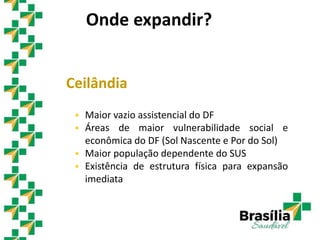 Ceilândia
 Maior vazio assistencial do DF
 Áreas de maior vulnerabilidade social e
econômica do DF (Sol Nascente e Por do Sol)
 Maior população dependente do SUS
 Existência de estrutura física para expansão
imediata
Onde expandir?
 