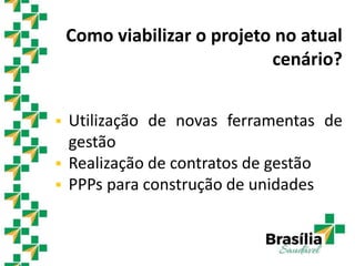 Como viabilizar o projeto no atual
cenário?
 Utilização de novas ferramentas de
gestão
 Realização de contratos de gestão
 PPPs para construção de unidades
 