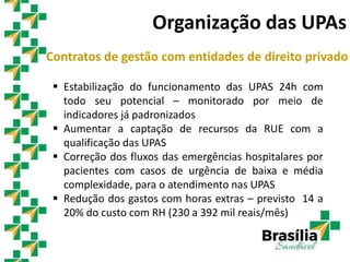 Organização das UPAs
Contratos de gestão com entidades de direito privado
 Estabilização do funcionamento das UPAS 24h com
todo seu potencial – monitorado por meio de
indicadores já padronizados
 Aumentar a captação de recursos da RUE com a
qualificação das UPAS
 Correção dos fluxos das emergências hospitalares por
pacientes com casos de urgência de baixa e média
complexidade, para o atendimento nas UPAS
 Redução dos gastos com horas extras – previsto 14 a
20% do custo com RH (230 a 392 mil reais/mês)
 