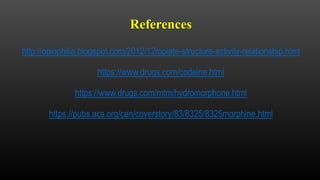 References
http://opiophilia.blogspot.com/2012/12/opiate-structure-activity-relationship.html
https://www.drugs.com/codeine.html
https://www.drugs.com/mtm/hydromorphone.html
https://pubs.acs.org/cen/coverstory/83/8325/8325morphine.html
 