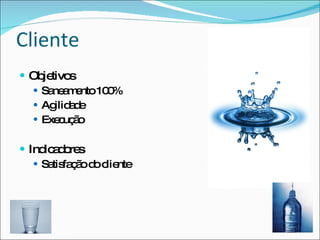 Cliente
 Ob tivo
     je s
    Sa a e 10 %
       ne m nto 0
    Ag a e
       ilid d
    Exe uç o
        c ã

 Ind a o s
     ic d re
    Sa fa ã d c nte
       tis ç o o lie
 