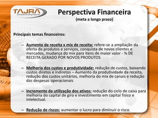 Perspectiva Financeira
(meta a longo prazo)
Principais temas financeiros:
– Aumento de receita x mix de receita: refere-se a ampliação da
oferta de produtos e serviços, conquista de novos clientes e
mercados, mudança do mix para itens de maior valor - % DE
RECEITA GERADO POR NOVOS PRODUTOS
– Melhoria dos custos e produtividade: redução de custos, baixando
custos diretos e indiretos – Aumento da produtividade da receita,
redução dos custos unitários, melhoria do mix de canais e redução
das despesas operacionais
– Incremento da utilização dos ativos: redução do ciclo de caixa para
melhoria do capital de giro e investimento em capital físico e
intelectual.
– Redução de riscos: aumentar o lucro para diminuir o risco.
 