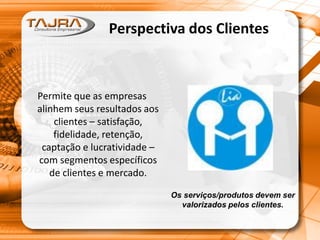 Perspectiva dos Clientes
Permite que as empresas
alinhem seus resultados aos
clientes – satisfação,
fidelidade, retenção,
captação e lucratividade –
com segmentos específicos
de clientes e mercado.
Os serviços/produtos devem ser
valorizados pelos clientes.
 