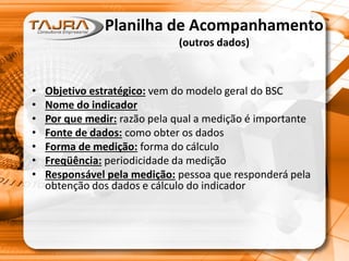 Planilha de Acompanhamento
(outros dados)
• Objetivo estratégico: vem do modelo geral do BSC
• Nome do indicador
• Por que medir: razão pela qual a medição é importante
• Fonte de dados: como obter os dados
• Forma de medição: forma do cálculo
• Freqüência: periodicidade da medição
• Responsável pela medição: pessoa que responderá pela
obtenção dos dados e cálculo do indicador
 
