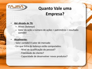 Quanto Vale uma
Empresa?
• Até década de 70:
– Ativos (balanço)
– Valor da ação x número de ações = patrimônio = resultado
contábil
• Atualmente:
- Valor contábil X valor de mercado
- Em que linha do balanço estão computados:
- Nível de qualificação do pessoal?
- Fidelidade do cliente?
- Capacidade de desenvolver novos produtos?
 