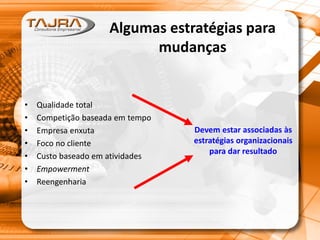 Algumas estratégias para
mudanças
• Qualidade total
• Competição baseada em tempo
• Empresa enxuta
• Foco no cliente
• Custo baseado em atividades
• Empowerment
• Reengenharia
Devem estar associadas às
estratégias organizacionais
para dar resultado
 