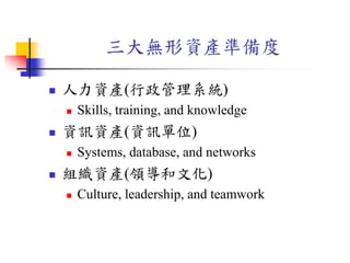 三大無形資產準備度
 人力資產(行政管理系統)
 Skills, training, and knowledge
 資訊資產(資訊單位)
 Systems, database, and networks
 組織資產(領導和文化)
 Culture, leadership, and teamwork
 
